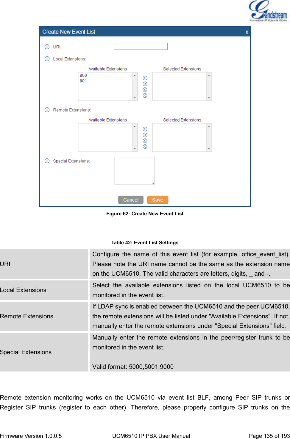  Firmware Version 1.0.0.5 UCM6510 IP PBX User Manual Page 135 of 193   Figure 62: Create New Event List   Table 42: Event List Settings URI Configure  the  name  of  this  event  list  (for  example,  office_event_list). Please note the URI name cannot be the same as the extension name on the UCM6510. The valid characters are letters, digits, _ and -. Local Extensions Select  the  available  extensions  listed  on  the  local  UCM6510  to  be monitored in the event list. Remote Extensions If LDAP sync is enabled between the UCM6510 and the peer UCM6510, the remote extensions will be listed under &quot;Available Extensions&quot;. If not, manually enter the remote extensions under &quot;Special Extensions&quot; field. Special Extensions Manually  enter  the  remote  extensions  in  the  peer/register  trunk  to  be monitored in the event list.  Valid format: 5000,5001,9000   Remote  extension  monitoring  works  on  the  UCM6510  via  event  list  BLF,  among  Peer  SIP  trunks  or Register  SIP  trunks  (register  to  each  other).  Therefore,  please  properly  configure  SIP  trunks  on  the 
