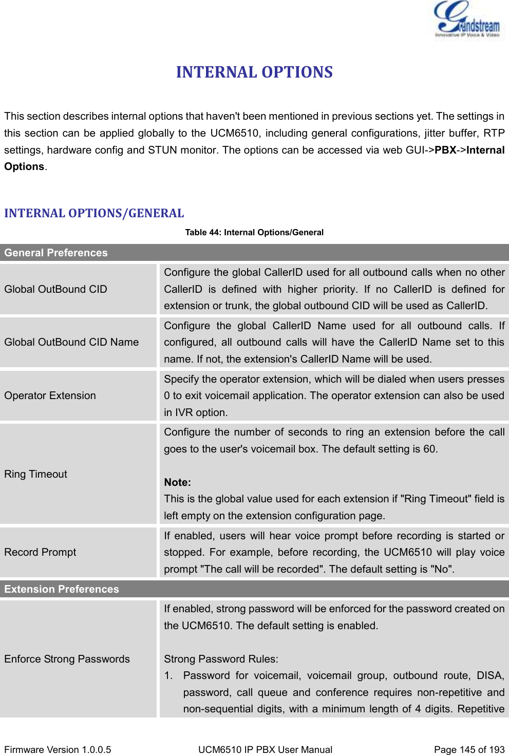  Firmware Version 1.0.0.5 UCM6510 IP PBX User Manual Page 145 of 193  INTERNAL OPTIONS  This section describes internal options that haven&apos;t been mentioned in previous sections yet. The settings in this section can be applied globally to the  UCM6510,  including general configurations, jitter buffer, RTP settings, hardware config and STUN monitor. The options can be accessed via web GUI-&gt;PBX-&gt;Internal Options.  INTERNAL OPTIONS/GENERAL Table 44: Internal Options/General General Preferences Global OutBound CID Configure the global CallerID used for all outbound calls when no other CallerID  is  defined  with  higher  priority.  If  no  CallerID  is  defined  for extension or trunk, the global outbound CID will be used as CallerID. Global OutBound CID Name Configure  the  global  CallerID  Name  used  for  all  outbound  calls.  If configured,  all  outbound  calls  will  have  the  CallerID  Name  set  to  this name. If not, the extension&apos;s CallerID Name will be used. Operator Extension Specify the operator extension, which will be dialed when users presses 0 to exit voicemail application. The operator extension can also be used in IVR option. Ring Timeout Configure  the  number  of  seconds  to  ring  an  extension  before  the  call goes to the user&apos;s voicemail box. The default setting is 60.    Note: This is the global value used for each extension if &quot;Ring Timeout&quot; field is left empty on the extension configuration page.     Record Prompt If  enabled,  users  will  hear  voice  prompt  before  recording  is  started  or stopped.  For  example,  before  recording,  the  UCM6510  will play  voice prompt &quot;The call will be recorded&quot;. The default setting is &quot;No&quot;. Extension Preferences Enforce Strong Passwords If enabled, strong password will be enforced for the password created on the UCM6510. The default setting is enabled.  Strong Password Rules: 1.  Password  for  voicemail,  voicemail  group,  outbound  route,  DISA,   password,  call  queue  and  conference  requires  non-repetitive  and non-sequential digits, with a minimum length of 4 digits.  Repetitive 