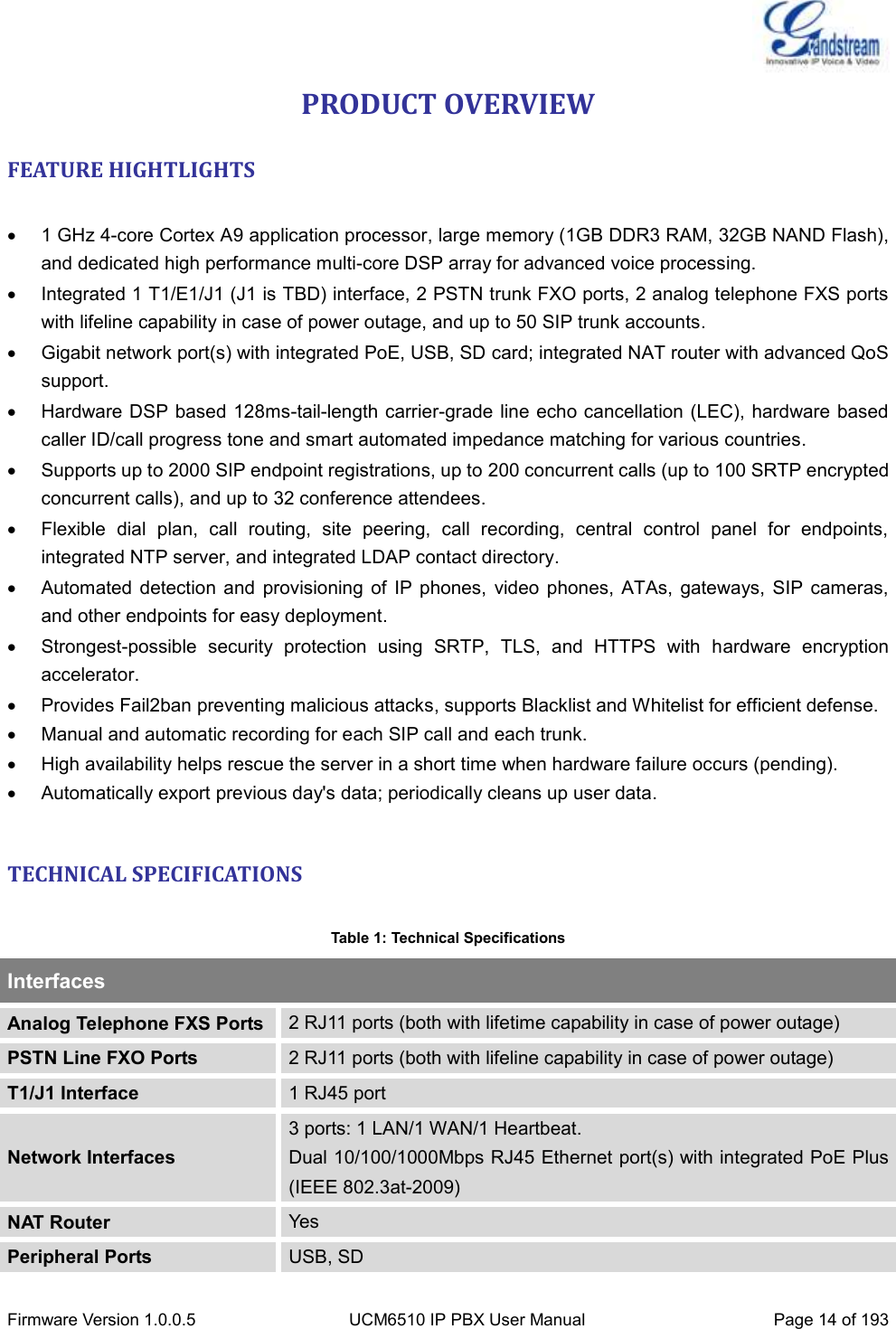  Firmware Version 1.0.0.5 UCM6510 IP PBX User Manual Page 14 of 193  PRODUCT OVERVIEW FEATURE HIGHTLIGHTS    1 GHz 4-core Cortex A9 application processor, large memory (1GB DDR3 RAM, 32GB NAND Flash), and dedicated high performance multi-core DSP array for advanced voice processing.   Integrated 1 T1/E1/J1 (J1 is TBD) interface, 2 PSTN trunk FXO ports, 2 analog telephone FXS ports with lifeline capability in case of power outage, and up to 50 SIP trunk accounts.   Gigabit network port(s) with integrated PoE, USB, SD card; integrated NAT router with advanced QoS support.   Hardware DSP based 128ms-tail-length carrier-grade line echo cancellation (LEC), hardware based caller ID/call progress tone and smart automated impedance matching for various countries.   Supports up to 2000 SIP endpoint registrations, up to 200 concurrent calls (up to 100 SRTP encrypted concurrent calls), and up to 32 conference attendees.   Flexible  dial  plan,  call  routing,  site  peering,  call  recording,  central  control  panel  for  endpoints, integrated NTP server, and integrated LDAP contact directory.   Automated  detection  and  provisioning  of  IP phones,  video phones,  ATAs,  gateways,  SIP  cameras, and other endpoints for easy deployment.   Strongest-possible  security  protection  using  SRTP,  TLS,  and  HTTPS  with  hardware  encryption accelerator.   Provides Fail2ban preventing malicious attacks, supports Blacklist and Whitelist for efficient defense.   Manual and automatic recording for each SIP call and each trunk.     High availability helps rescue the server in a short time when hardware failure occurs (pending).   Automatically export previous day&apos;s data; periodically cleans up user data.  TECHNICAL SPECIFICATIONS  Table 1: Technical Specifications Interfaces Analog Telephone FXS Ports 2 RJ11 ports (both with lifetime capability in case of power outage) PSTN Line FXO Ports 2 RJ11 ports (both with lifeline capability in case of power outage) T1/J1 Interface 1 RJ45 port Network Interfaces 3 ports: 1 LAN/1 WAN/1 Heartbeat. Dual 10/100/1000Mbps RJ45 Ethernet port(s) with integrated PoE Plus (IEEE 802.3at-2009) NAT Router Yes Peripheral Ports USB, SD 