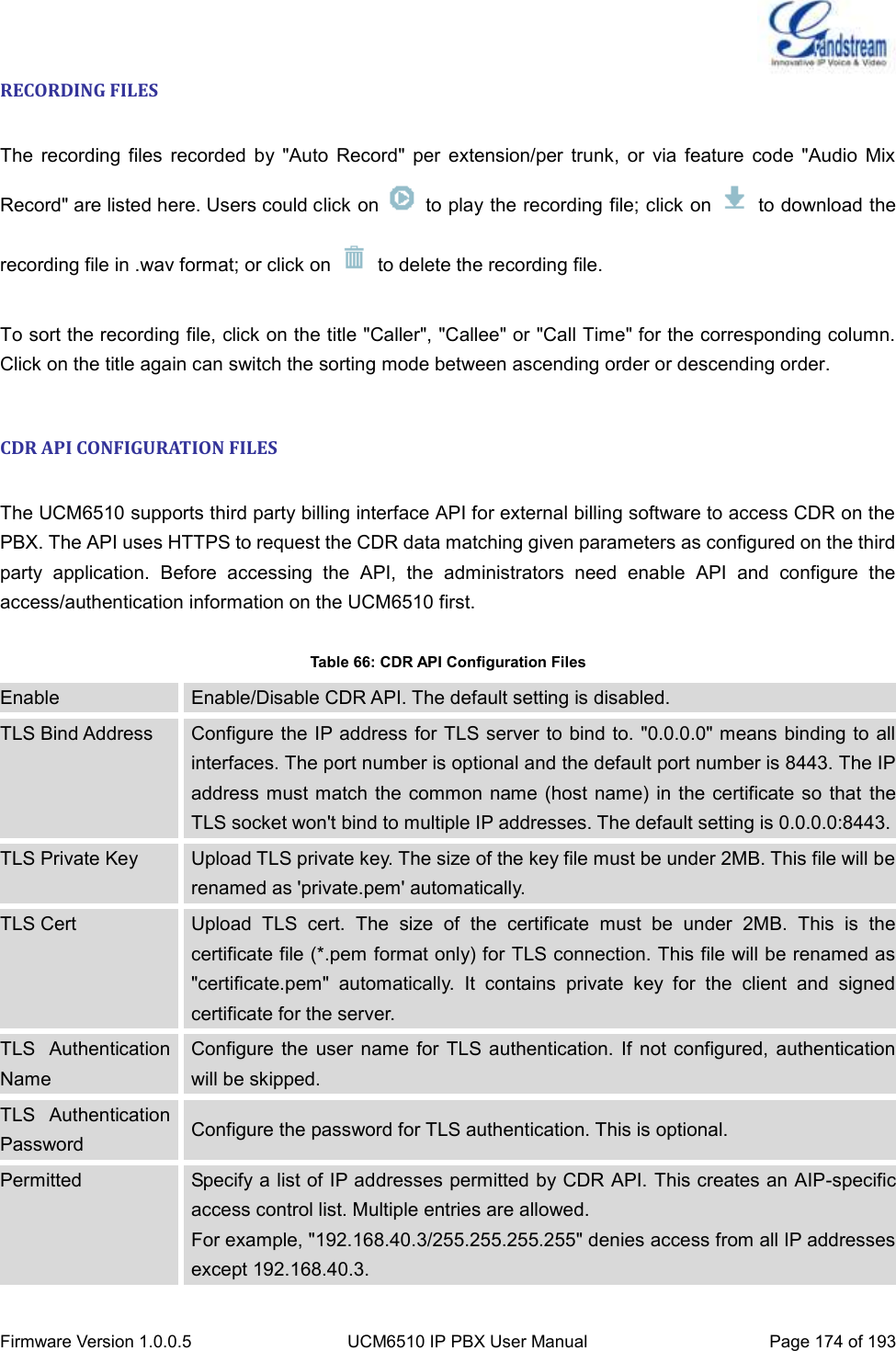  Firmware Version 1.0.0.5 UCM6510 IP PBX User Manual Page 174 of 193  RECORDING FILES  The  recording  files  recorded  by  &quot;Auto  Record&quot;  per  extension/per  trunk,  or  via  feature  code  &quot;Audio  Mix Record&quot; are listed here. Users could click on    to play the recording file; click on    to download the recording file in .wav format; or click on    to delete the recording file.  To sort the recording file, click on the title &quot;Caller&quot;, &quot;Callee&quot; or &quot;Call Time&quot; for the corresponding column. Click on the title again can switch the sorting mode between ascending order or descending order.  CDR API CONFIGURATION FILES  The UCM6510 supports third party billing interface API for external billing software to access CDR on the PBX. The API uses HTTPS to request the CDR data matching given parameters as configured on the third party  application.  Before  accessing  the  API,  the  administrators  need  enable  API  and  configure  the access/authentication information on the UCM6510 first.  Table 66: CDR API Configuration Files Enable Enable/Disable CDR API. The default setting is disabled. TLS Bind Address Configure the IP address for TLS server to bind to. &quot;0.0.0.0&quot; means binding to all interfaces. The port number is optional and the default port number is 8443. The IP address must match the common name (host  name) in the  certificate so that the TLS socket won&apos;t bind to multiple IP addresses. The default setting is 0.0.0.0:8443. TLS Private Key Upload TLS private key. The size of the key file must be under 2MB. This file will be renamed as &apos;private.pem&apos; automatically. TLS Cert Upload  TLS  cert.  The  size  of  the  certificate  must  be  under  2MB.  This  is  the certificate file (*.pem format only) for TLS connection. This file will be renamed as &quot;certificate.pem&quot;  automatically.  It  contains  private  key  for  the  client  and  signed certificate for the server. TLS  Authentication Name Configure  the user  name for  TLS  authentication. If not configured,  authentication will be skipped. TLS  Authentication Password Configure the password for TLS authentication. This is optional. Permitted Specify a list of IP addresses permitted by CDR API. This creates an AIP-specific access control list. Multiple entries are allowed.   For example, &quot;192.168.40.3/255.255.255.255&quot; denies access from all IP addresses except 192.168.40.3. 