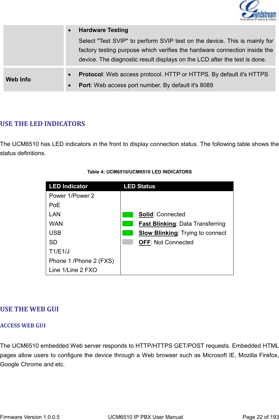  Firmware Version 1.0.0.5 UCM6510 IP PBX User Manual Page 22 of 193   Hardware Testing Select &quot;Test SVIP&quot; to perform SVIP test on the device. This is mainly for factory testing purpose which verifies the hardware connection inside the device. The diagnostic result displays on the LCD after the test is done. Web Info  Protocol: Web access protocol. HTTP or HTTPS. By default it&apos;s HTTPS  Port: Web access port number. By default it&apos;s 8089   USE THE LED INDICATORS  The UCM6510 has LED indicators in the front to display connection status. The following table shows the status definitions.  Table 4: UCM6510/UCM6510 LED INDICATORS              USE THE WEB GUI ACCESS WEB GUI  The UCM6510 embedded Web server responds to HTTP/HTTPS GET/POST requests. Embedded HTML pages allow users to configure the device through a Web browser such as Microsoft IE, Mozilla Firefox, Google Chrome and etc.  LED Indicator LED Status Power 1/Power 2 PoE LAN WAN USB SD T1/E1/J Phone 1 /Phone 2 (FXS) Line 1/Line 2 FXO          Solid: Connected      Fast Blinking: Data Transferring      Slow Blinking: Trying to connect      OFF: Not Connected 