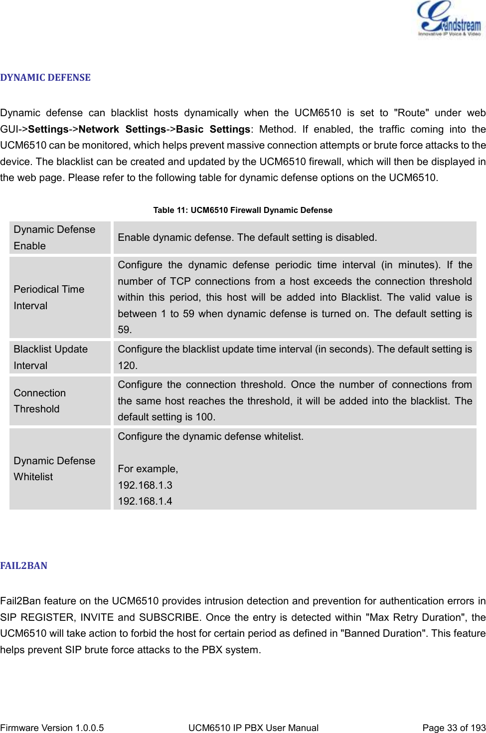  Firmware Version 1.0.0.5 UCM6510 IP PBX User Manual Page 33 of 193   DYNAMIC DEFENSE  Dynamic  defense  can  blacklist  hosts  dynamically  when  the  UCM6510  is  set  to  &quot;Route&quot;  under  web GUI-&gt;Settings-&gt;Network  Settings-&gt;Basic  Settings:  Method.  If  enabled,  the  traffic  coming  into  the UCM6510 can be monitored, which helps prevent massive connection attempts or brute force attacks to the device. The blacklist can be created and updated by the UCM6510 firewall, which will then be displayed in the web page. Please refer to the following table for dynamic defense options on the UCM6510.  Table 11: UCM6510 Firewall Dynamic Defense Dynamic Defense Enable Enable dynamic defense. The default setting is disabled. Periodical Time Interval Configure  the  dynamic  defense  periodic  time  interval  (in  minutes).  If  the number  of  TCP  connections  from  a  host exceeds  the  connection  threshold within  this  period,  this  host  will  be  added  into  Blacklist.  The  valid  value  is between 1 to 59 when dynamic defense is turned on. The default setting is 59. Blacklist Update Interval Configure the blacklist update time interval (in seconds). The default setting is 120. Connection Threshold Configure  the  connection  threshold.  Once  the  number  of  connections  from the same host reaches the threshold, it will be added into the blacklist. The default setting is 100. Dynamic Defense Whitelist Configure the dynamic defense whitelist.  For example, 192.168.1.3 192.168.1.4   FAIL2BAN  Fail2Ban feature on the UCM6510 provides intrusion detection and prevention for authentication errors in SIP REGISTER, INVITE and SUBSCRIBE. Once the entry is detected within  &quot;Max Retry Duration&quot;, the UCM6510 will take action to forbid the host for certain period as defined in &quot;Banned Duration&quot;. This feature helps prevent SIP brute force attacks to the PBX system.    