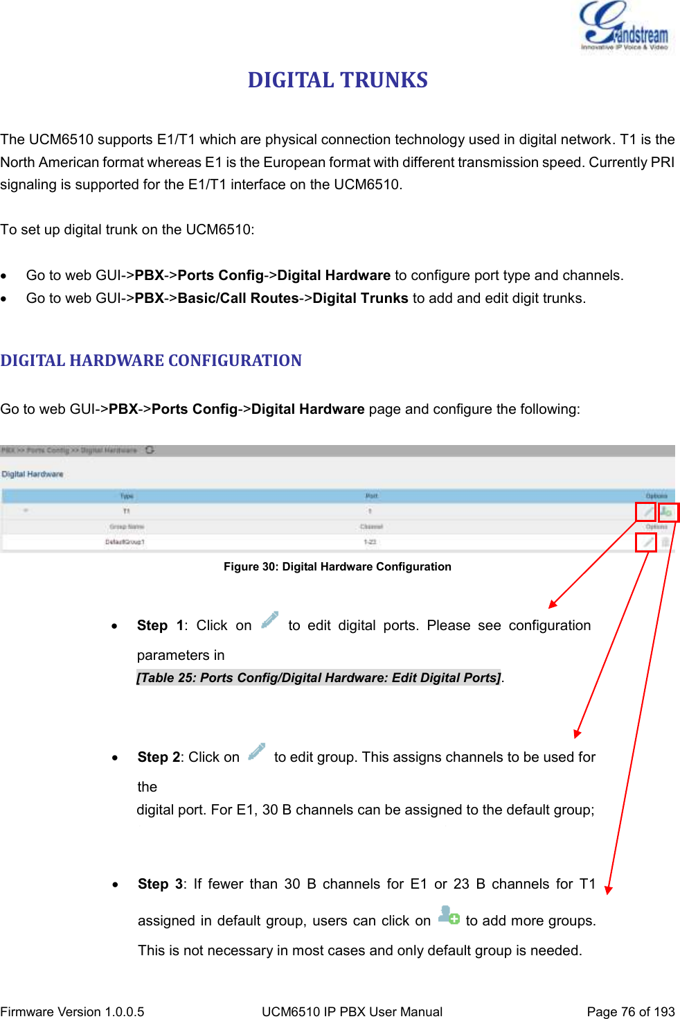  Firmware Version 1.0.0.5 UCM6510 IP PBX User Manual Page 76 of 193  DIGITAL TRUNKS  The UCM6510 supports E1/T1 which are physical connection technology used in digital network. T1 is the North American format whereas E1 is the European format with different transmission speed. Currently PRI signaling is supported for the E1/T1 interface on the UCM6510.  To set up digital trunk on the UCM6510:    Go to web GUI-&gt;PBX-&gt;Ports Config-&gt;Digital Hardware to configure port type and channels.  Go to web GUI-&gt;PBX-&gt;Basic/Call Routes-&gt;Digital Trunks to add and edit digit trunks.  DIGITAL HARDWARE CONFIGURATION  Go to web GUI-&gt;PBX-&gt;Ports Config-&gt;Digital Hardware page and configure the following:   Figure 30: Digital Hardware Configuration                    Step  1:  Click  on    to  edit  digital  ports.  Please  see  configuration parameters in           [Table 25: Ports Config/Digital Hardware: Edit Digital Ports].  Step 2: Click on    to edit group. This assigns channels to be used for the                   digital port. For E1, 30 B channels can be assigned to the default group;                     for T1, 23 B channels can be assigned to the default group.  Step  3:  If  fewer  than  30  B  channels  for  E1  or  23  B  channels  for  T1 assigned in default group,  users can click on    to add more groups. This is not necessary in most cases and only default group is needed. 