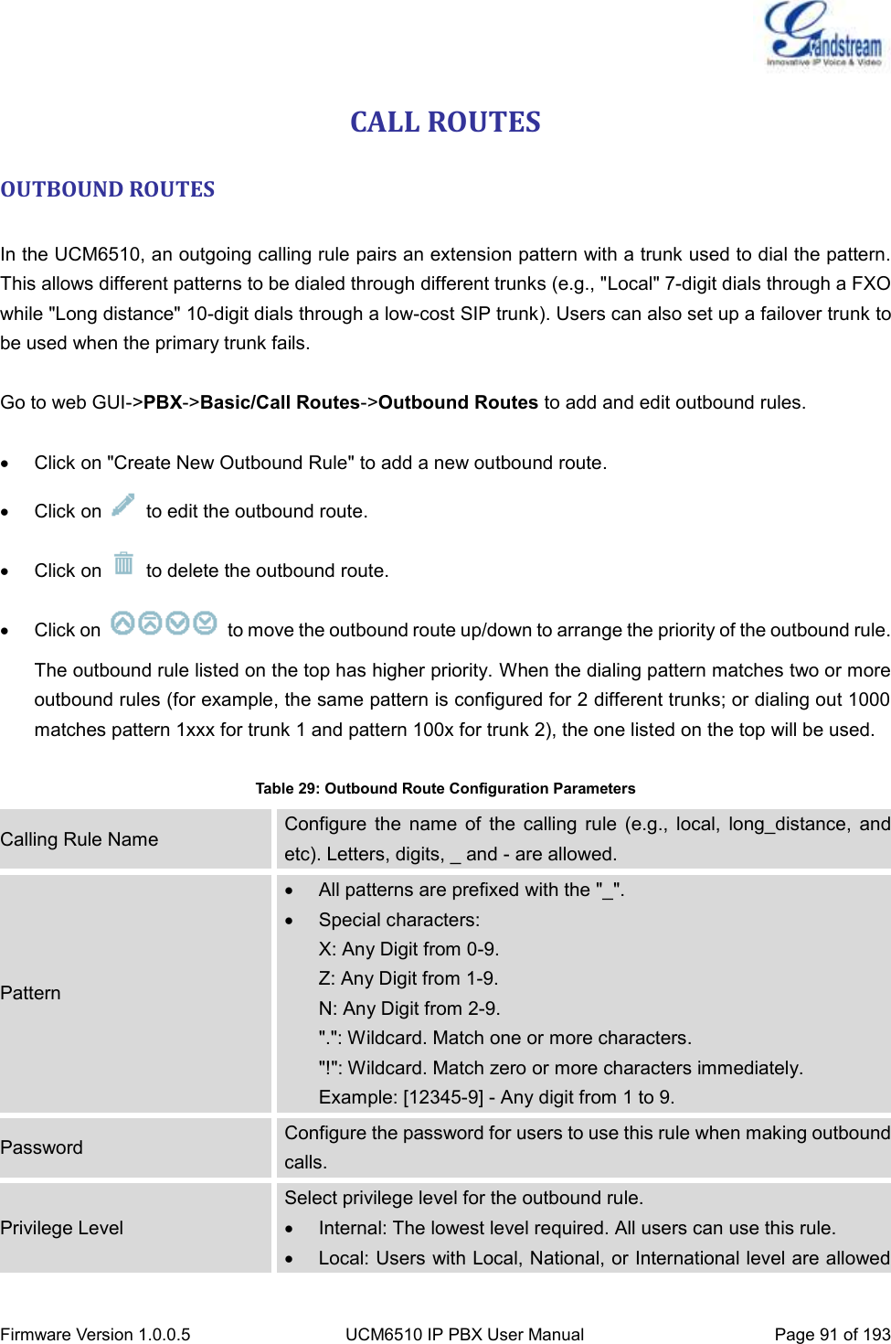  Firmware Version 1.0.0.5 UCM6510 IP PBX User Manual Page 91 of 193  CALL ROUTES OUTBOUND ROUTES  In the UCM6510, an outgoing calling rule pairs an extension pattern with a trunk used to dial the pattern. This allows different patterns to be dialed through different trunks (e.g., &quot;Local&quot; 7-digit dials through a FXO while &quot;Long distance&quot; 10-digit dials through a low-cost SIP trunk). Users can also set up a failover trunk to be used when the primary trunk fails.  Go to web GUI-&gt;PBX-&gt;Basic/Call Routes-&gt;Outbound Routes to add and edit outbound rules.    Click on &quot;Create New Outbound Rule&quot; to add a new outbound route.   Click on    to edit the outbound route.   Click on    to delete the outbound route.   Click on    to move the outbound route up/down to arrange the priority of the outbound rule. The outbound rule listed on the top has higher priority. When the dialing pattern matches two or more outbound rules (for example, the same pattern is configured for 2 different trunks; or dialing out 1000 matches pattern 1xxx for trunk 1 and pattern 100x for trunk 2), the one listed on the top will be used.  Table 29: Outbound Route Configuration Parameters Calling Rule Name Configure  the  name  of  the  calling  rule  (e.g.,  local,  long_distance,  and etc). Letters, digits, _ and - are allowed. Pattern  All patterns are prefixed with the &quot;_&quot;.   Special characters:   X: Any Digit from 0-9. Z: Any Digit from 1-9. N: Any Digit from 2-9. &quot;.&quot;: Wildcard. Match one or more characters. &quot;!&quot;: Wildcard. Match zero or more characters immediately. Example: [12345-9] - Any digit from 1 to 9. Password Configure the password for users to use this rule when making outbound calls. Privilege Level Select privilege level for the outbound rule.   Internal: The lowest level required. All users can use this rule.   Local: Users with Local, National, or International level are allowed 