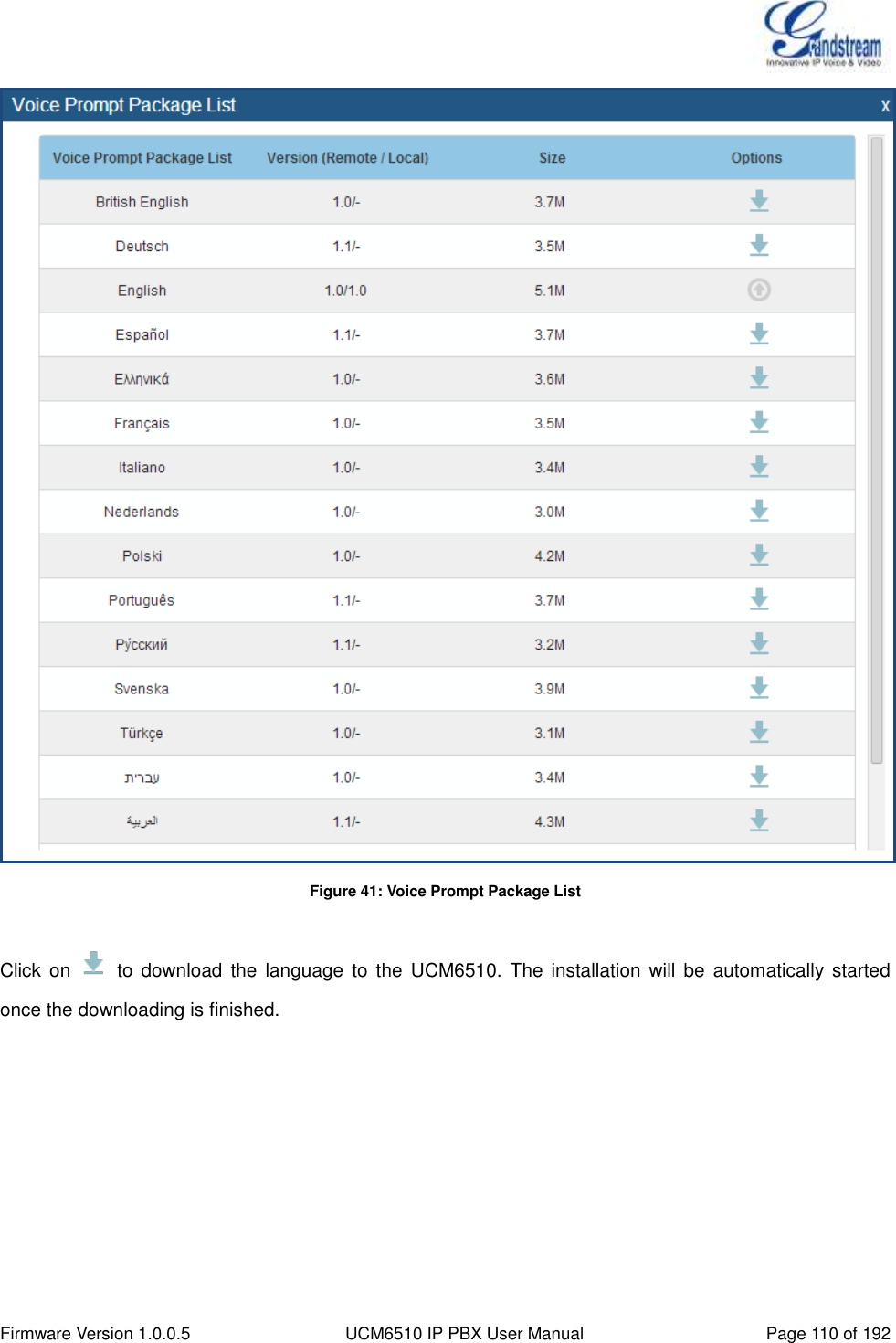  Firmware Version 1.0.0.5 UCM6510 IP PBX User Manual Page 110 of 192   Figure 41: Voice Prompt Package List  Click  on    to  download  the  language  to  the  UCM6510.  The  installation  will  be  automatically started once the downloading is finished.  