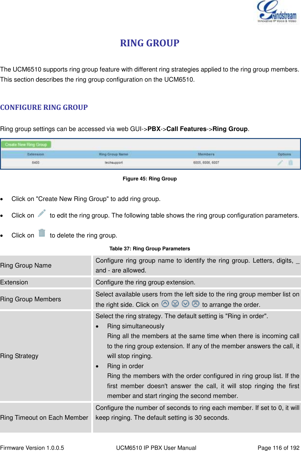  Firmware Version 1.0.0.5 UCM6510 IP PBX User Manual Page 116 of 192  RING GROUP  The UCM6510 supports ring group feature with different ring strategies applied to the ring group members. This section describes the ring group configuration on the UCM6510.  CONFIGURE RING GROUP  Ring group settings can be accessed via web GUI-&gt;PBX-&gt;Call Features-&gt;Ring Group.    Figure 45: Ring Group    Click on &quot;Create New Ring Group&quot; to add ring group.   Click on    to edit the ring group. The following table shows the ring group configuration parameters.   Click on    to delete the ring group. Table 37: Ring Group Parameters Ring Group Name Configure ring group name to identify the ring group.  Letters, digits, _ and - are allowed. Extension Configure the ring group extension. Ring Group Members Select available users from the left side to the ring group member list on the right side. Click on          to arrange the order. Ring Strategy Select the ring strategy. The default setting is &quot;Ring in order&quot;.   Ring simultaneously Ring all the members at the same time when there is incoming call to the ring group extension. If any of the member answers the call, it will stop ringing.   Ring in order Ring the members with the order configured in ring group list. If the first  member  doesn&apos;t  answer  the  call,  it  will  stop  ringing  the  first member and start ringing the second member. Ring Timeout on Each Member Configure the number of seconds to ring each member. If set to 0, it will keep ringing. The default setting is 30 seconds.  