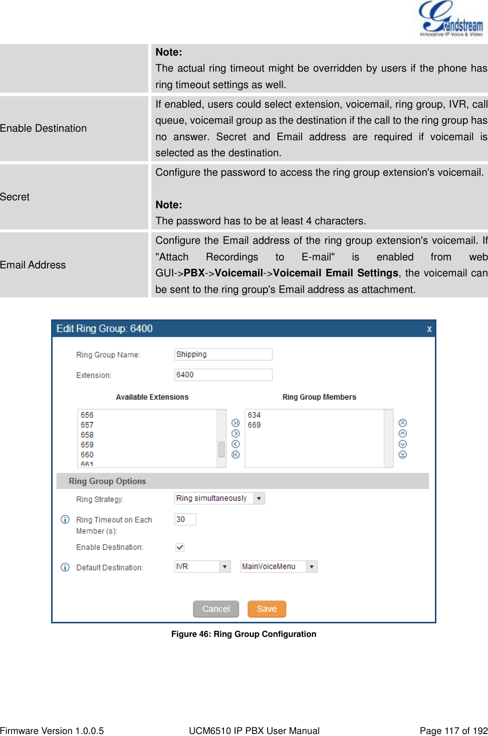  Firmware Version 1.0.0.5 UCM6510 IP PBX User Manual Page 117 of 192  Note: The actual ring timeout might be overridden by users if the phone has ring timeout settings as well. Enable Destination If enabled, users could select extension, voicemail, ring group, IVR, call queue, voicemail group as the destination if the call to the ring group has no  answer.  Secret  and  Email  address  are  required  if  voicemail  is selected as the destination. Secret Configure the password to access the ring group extension&apos;s voicemail.    Note: The password has to be at least 4 characters. Email Address Configure the Email address of the ring group extension&apos;s voicemail. If &quot;Attach  Recordings  to  E-mail&quot;  is  enabled  from  web GUI-&gt;PBX-&gt;Voicemail-&gt;Voicemail Email Settings, the voicemail can be sent to the ring group&apos;s Email address as attachment.   Figure 46: Ring Group Configuration 