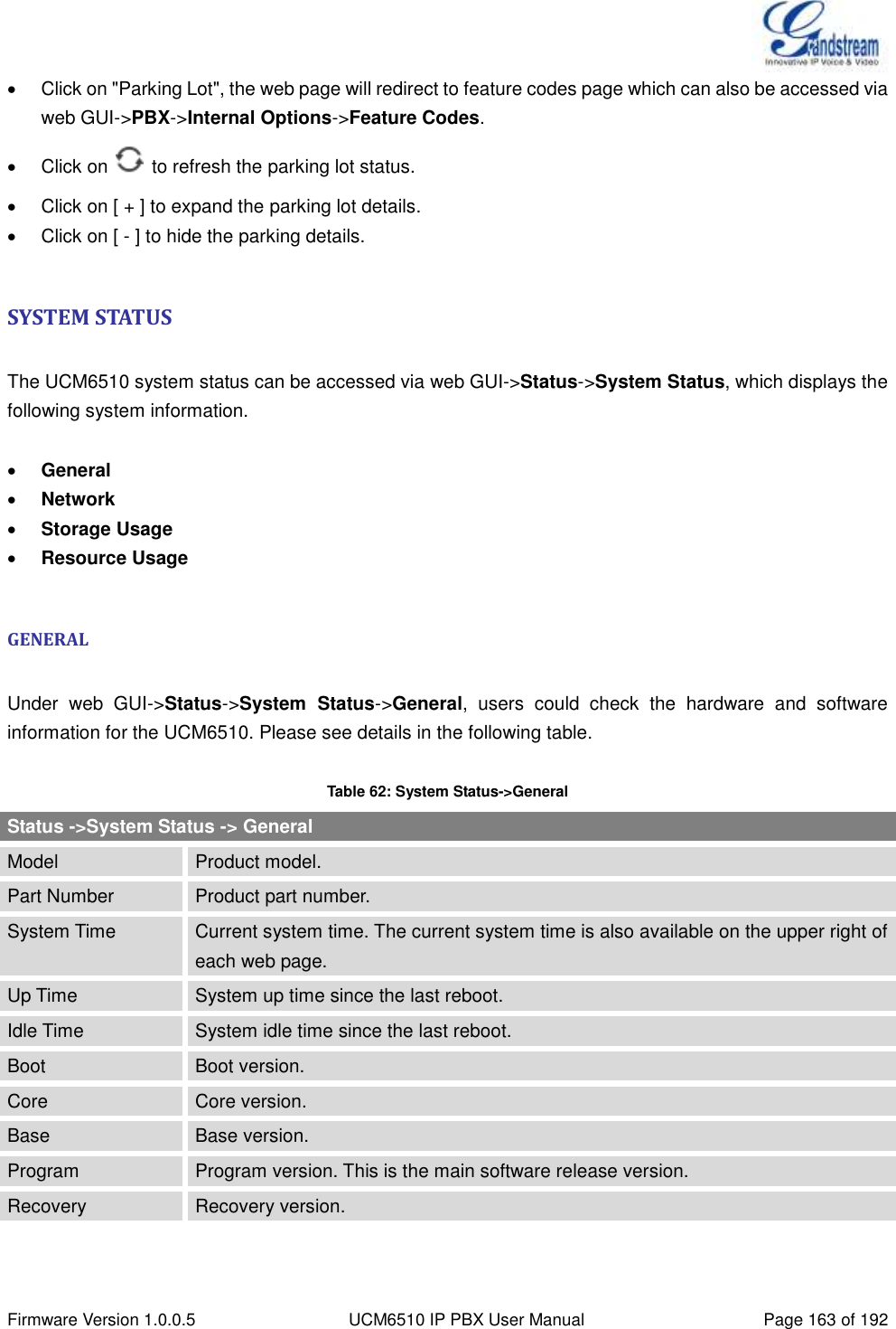  Firmware Version 1.0.0.5 UCM6510 IP PBX User Manual Page 163 of 192    Click on &quot;Parking Lot&quot;, the web page will redirect to feature codes page which can also be accessed via web GUI-&gt;PBX-&gt;Internal Options-&gt;Feature Codes.   Click on    to refresh the parking lot status.   Click on [ + ] to expand the parking lot details.   Click on [ - ] to hide the parking details.  SYSTEM STATUS  The UCM6510 system status can be accessed via web GUI-&gt;Status-&gt;System Status, which displays the following system information.   General  Network  Storage Usage  Resource Usage  GENERAL  Under  web  GUI-&gt;Status-&gt;System  Status-&gt;General,  users  could  check  the  hardware  and  software information for the UCM6510. Please see details in the following table.  Table 62: System Status-&gt;General Status -&gt;System Status -&gt; General Model Product model. Part Number Product part number. System Time Current system time. The current system time is also available on the upper right of each web page. Up Time System up time since the last reboot. Idle Time System idle time since the last reboot. Boot Boot version. Core Core version. Base Base version. Program Program version. This is the main software release version. Recovery Recovery version.  