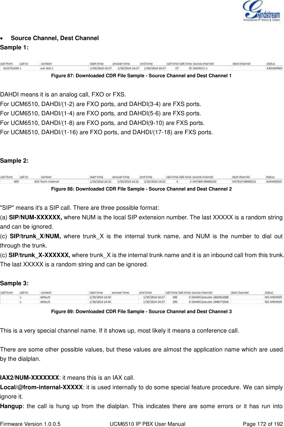  Firmware Version 1.0.0.5 UCM6510 IP PBX User Manual Page 172 of 192    Source Channel, Dest Channel Sample 1:   Figure 87: Downloaded CDR File Sample - Source Channel and Dest Channel 1  DAHDI means it is an analog call, FXO or FXS. For UCM6510, DAHDI/(1-2) are FXO ports, and DAHDI(3-4) are FXS ports. For UCM6510, DAHDI/(1-4) are FXO ports, and DAHDI(5-6) are FXS ports. For UCM6510, DAHDI/(1-8) are FXO ports, and DAHDI(9-10) are FXS ports. For UCM6510, DAHDI/(1-16) are FXO ports, and DAHDI/(17-18) are FXS ports.   Sample 2:   Figure 88: Downloaded CDR File Sample - Source Channel and Dest Channel 2  &quot;SIP&quot; means it&apos;s a SIP call. There are three possible format: (a) SIP/NUM-XXXXXX, where NUM is the local SIP extension number. The last XXXXX is a random string and can be ignored. (c)  SIP/trunk_X/NUM,  where  trunk_X  is  the  internal  trunk  name,  and  NUM  is  the  number  to  dial  out through the trunk. (c) SIP/trunk_X-XXXXXX, where trunk_X is the internal trunk name and it is an inbound call from this trunk. The last XXXXX is a random string and can be ignored.  Sample 3:  Figure 89: Downloaded CDR File Sample - Source Channel and Dest Channel 3  This is a very special channel name. If it shows up, most likely it means a conference call.  There are some other possible values, but these values are almost the application name which are used by the dialplan.  IAX2/NUM-XXXXXXX: it means this is an IAX call. Local/@from-internal-XXXXX: it is used internally to do some special feature procedure. We can simply ignore it. Hangup: the  call is  hung up from  the dialplan.  This  indicates  there are  some  errors or it has run  into 