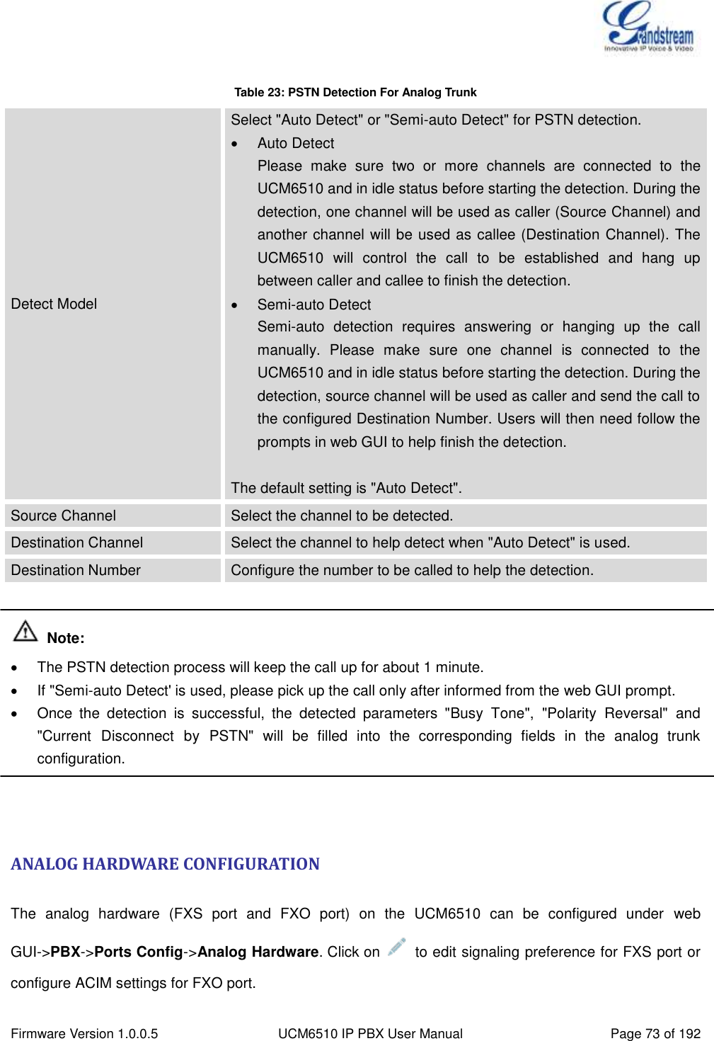  Firmware Version 1.0.0.5 UCM6510 IP PBX User Manual Page 73 of 192   Table 23: PSTN Detection For Analog Trunk Detect Model Select &quot;Auto Detect&quot; or &quot;Semi-auto Detect&quot; for PSTN detection.   Auto Detect Please  make  sure  two  or  more  channels  are  connected  to  the UCM6510 and in idle status before starting the detection. During the detection, one channel will be used as caller (Source Channel) and another channel will be used as callee (Destination Channel). The UCM6510  will  control  the  call  to  be  established  and  hang  up between caller and callee to finish the detection.   Semi-auto Detect Semi-auto  detection  requires  answering  or  hanging  up  the  call manually.  Please  make  sure  one  channel  is  connected  to  the UCM6510 and in idle status before starting the detection. During the detection, source channel will be used as caller and send the call to the configured Destination Number. Users will then need follow the prompts in web GUI to help finish the detection.  The default setting is &quot;Auto Detect&quot;. Source Channel Select the channel to be detected. Destination Channel Select the channel to help detect when &quot;Auto Detect&quot; is used. Destination Number Configure the number to be called to help the detection.   Note:   The PSTN detection process will keep the call up for about 1 minute.   If &quot;Semi-auto Detect&apos; is used, please pick up the call only after informed from the web GUI prompt.   Once  the  detection  is  successful,  the  detected  parameters  &quot;Busy  Tone&quot;,  &quot;Polarity  Reversal&quot;  and &quot;Current  Disconnect  by  PSTN&quot;  will  be  filled  into  the  corresponding  fields  in  the  analog  trunk configuration.   ANALOG HARDWARE CONFIGURATION  The  analog  hardware  (FXS  port  and  FXO  port)  on  the  UCM6510  can  be  configured  under  web GUI-&gt;PBX-&gt;Ports Config-&gt;Analog Hardware. Click on    to edit signaling preference for FXS port or configure ACIM settings for FXO port. 