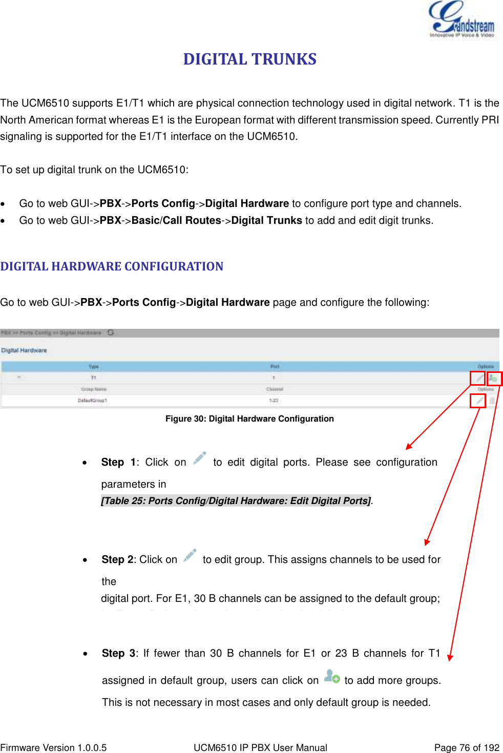  Firmware Version 1.0.0.5 UCM6510 IP PBX User Manual Page 76 of 192  DIGITAL TRUNKS  The UCM6510 supports E1/T1 which are physical connection technology used in digital network. T1 is the North American format whereas E1 is the European format with different transmission speed. Currently PRI signaling is supported for the E1/T1 interface on the UCM6510.  To set up digital trunk on the UCM6510:    Go to web GUI-&gt;PBX-&gt;Ports Config-&gt;Digital Hardware to configure port type and channels.  Go to web GUI-&gt;PBX-&gt;Basic/Call Routes-&gt;Digital Trunks to add and edit digit trunks.  DIGITAL HARDWARE CONFIGURATION  Go to web GUI-&gt;PBX-&gt;Ports Config-&gt;Digital Hardware page and configure the following:   Figure 30: Digital Hardware Configuration                    Step  1:  Click  on    to  edit  digital  ports.  Please  see  configuration parameters in           [Table 25: Ports Config/Digital Hardware: Edit Digital Ports].  Step 2: Click on    to edit group. This assigns channels to be used for the                   digital port. For E1, 30 B channels can be assigned to the default group;                     for T1, 23 B channels can be assigned to the default group.  Step 3:  If  fewer  than  30  B  channels  for  E1  or  23  B  channels  for  T1 assigned in default group, users can click on    to add more groups. This is not necessary in most cases and only default group is needed. 