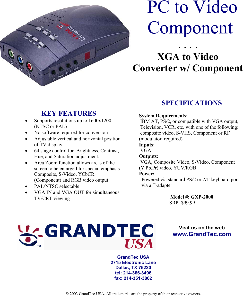 Grandtec Pc To Video Ponent Gxp 2000 Users Manual