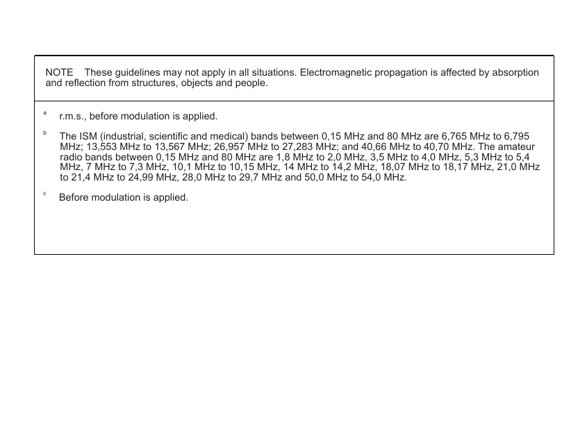 NOTE    These guidelines may not apply in all situations. Electromagnetic propagation is affected by absorption and reflection from structures, objects and people.a        r.m.s., before modulation is applied.b        The ISM (industrial, scientific and medical) bands between 0,15 MHz and 80 MHz are 6,765 MHz to 6,795       MHz; 13,553 MHz to 13,567 MHz; 26,957 MHz to 27,283 MHz; and 40,66 MHz to 40,70 MHz. The amateur       radio bands between 0,15 MHz and 80 MHz are 1,8 MHz to 2,0 MHz, 3,5 MHz to 4,0 MHz, 5,3 MHz to 5,4       MHz, 7 MHz to 7,3 MHz, 10,1 MHz to 10,15 MHz, 14 MHz to 14,2 MHz, 18,07 MHz to 18,17 MHz, 21,0 MHz       to 21,4 MHz to 24,99 MHz, 28,0 MHz to 29,7 MHz and 50,0 MHz to 54,0 MHz.c        Before modulation is applied.