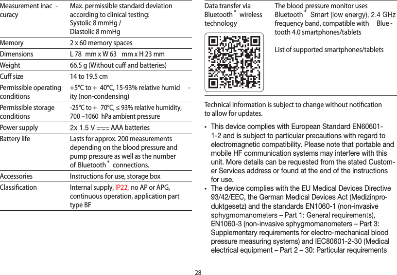 28Measurement inac -curacyMax. permissible standard deviation according to clinical testing:   Systolic 8 mmHg /  Diastolic 8 mmHgMemory 2 x 60 memory spacesDimensions L 78  mm x W 63  mm x H 23 mmWeight  66.5 g (Without cuﬀ and batteries)Cuﬀ size 14 to 19.5 cmPermissible operating conditions+ 5°C to +  40°C, 15-93% relative humid -ity (non-condensing)Permissible storage conditions-25°C to +  70°C, ≤ 93% relative humidity, 700  –1060  hPa ambient pressurePower supply  AAA batteries Battery life Lasts for approx. 200 measurements depending on the blood pressure and pump pressure as well as the number of Bluetooth ® connections.Accessories Instructions for use, storage boxClassiﬁcation Internal supply, IP22, no AP or APG, continuous operation, application part type BFData transfer via Bluetooth ® wireless technologyThe blood pressure monitor uses Bluetooth ®frequency band, compatible with  Blue -tooth 4.0 smartphones/tabletsList of supported smartphones/tabletsTechnical information is subject to change without notiﬁcation to allow for updates.•This device complies with European Standard EN60601-1-2 and is subject to particular precautions with regard to electromagnetic compatibility. Please note that portable and mobile HF communication systems may interfere with this unit. More details can be requested from the stated Custom-er Services address or found at the end of the instructions for use.•The device complies with the EU Medical Devices Directive 93/42/EEC, the German Medical Devices Act (Medizinpro-duktgesetz) and the standards EN1060-1 (non-invasive EN1060-3 (non-invasive sphygmomanometers – Part 3: Supplementary requirements for electro-mechanical blood pressure measuring systems) and IEC80601-2-30 (Medical electrical equipment – Part 2 – 30: Particular requirements 