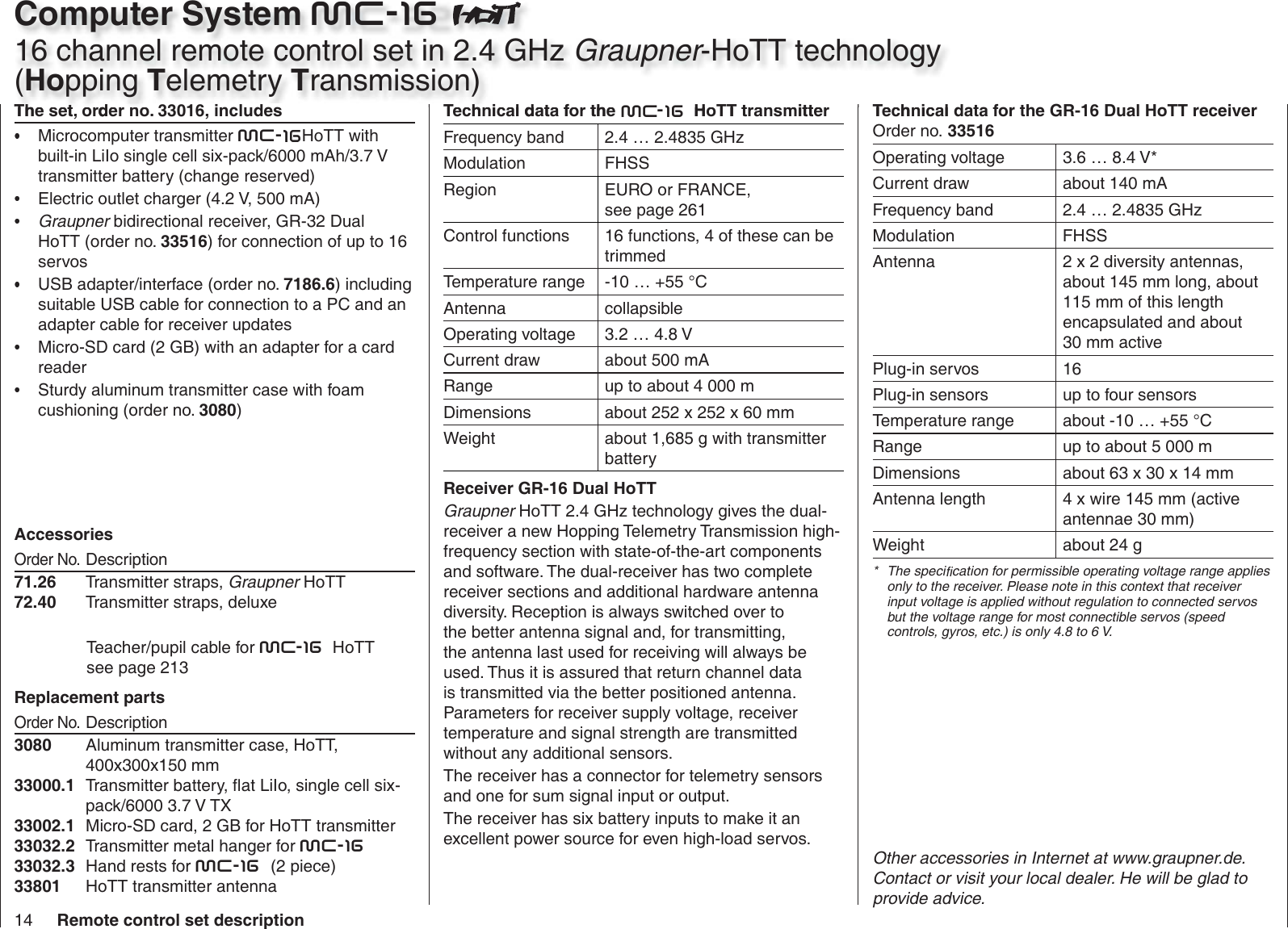 14 Remote control set description eht rof atad lacinhceT   - HoTT transmitterFrequency band 2.4 … 2.4835 GHzModulation FHSSRegion EURO or FRANCE, see page 261Control functions 16 functions, 4 of these can be trimmedTemperature range -10 … +55 °CAntenna collapsibleOperating voltage 3.2 … 4.8 VCurrent draw about 500 mARange up to about 4 000 mDimensions about 252 x 252 x 60 mmWeight about 1,685 g with transmitter batteryReceiver GR-16 Dual HoTTGraupner HoTT 2.4 GHz technology gives the dual-receiver a new Hopping Telemetry Transmission high-frequency section with state-of-the-art components and software. The dual-receiver has two complete receiver sections and additional hardware antenna diversity. Reception is always switched over to the better antenna signal and, for transmitting, the antenna last used for receiving will always be used. Thus it is assured that return channel data is transmitted via the better positioned antenna. Parameters for receiver supply voltage, receiver temperature and signal strength are transmitted without any additional sensors.The receiver has a connector for telemetry sensors and one for sum signal input or output.The receiver has six battery inputs to make it an excellent power source for even high-load servos.AccessoriesOrder No.Description71.26  Transmitter straps, Graupner HoTT72.40  Transmitter straps, deluxe  Teacher/pupil cable for mc-16 HoTTsee page 213Replacement partsOrder No.Description3080 Aluminum transmitter case, HoTT, 400x300x150 mm33000.1 Transmitter battery,   at LiIo, single cell six-pack/6000 3.7 V TX33002.1 Micro-SD card, 2 GB for HoTT transmitter 33032.2  Transmitter metal hanger for mc-1633032.3 Hand rests for mc-16  (2 piece)33801 HoTT transmitter antennaTechnical data for the GR-16 Dual HoTT receiverOrder no. 33516Operating voltage 3.6 … 8.4 V*Current draw about 140 mAFrequency band 2.4 … 2.4835 GHzModulation FHSSAntenna 2 x 2 diversity antennas, about 145 mm long, about 115 mm of this length encapsulated and about 30 mm activePlug-in servos 16Plug-in sensors up to four sensorsTemperature range about -10 … +55 °CRange up to about 5 000 mDimensions about 63 x 30 x 14 mmAntenna length 4 x wire 145 mm (active antennae 30 mm)Weight about 24 g*  The speci  cation for permissible operating voltage range applies only to the receiver. Please note in this context that receiver input voltage is applied without regulation to connected servos but the voltage range for most connectible servos (speed controls, gyros, etc.) is only 4.8 to 6 V.The set, order no. 33032, includesMicrocomputer transmitter mc- HoTT with built-in LiIo single cell six-pack/6000 mAh/3.7 V transmitter battery (change reserved)Electric outlet charger (4.2 V, 500 mA)Graupner   bidirectional receiver, GR-32 Dual HoTT (order no. 33516) for connection of up to 16 servosUSB adapter/interface (order no. 7186.6) including suitable USB cable for connection to a PC and an adapter cable for receiver updatesMicro-SD card (2 GB) with an adapter for a card readerSturdy aluminum transmitter case with foam cushioning (order no. 3080)Other accessories in Internet at www.graupner.de. Contact or visit your local dealer. He will be glad to provide advice.T h i l d t f th mc 16 H TT t itt T h i lTh t d 33032 i l dComputer System mc-1616 channel remote control set in 2.4 GHz Graupner-HoTT technology (Hopping Telemetry Transmission)33016, includes