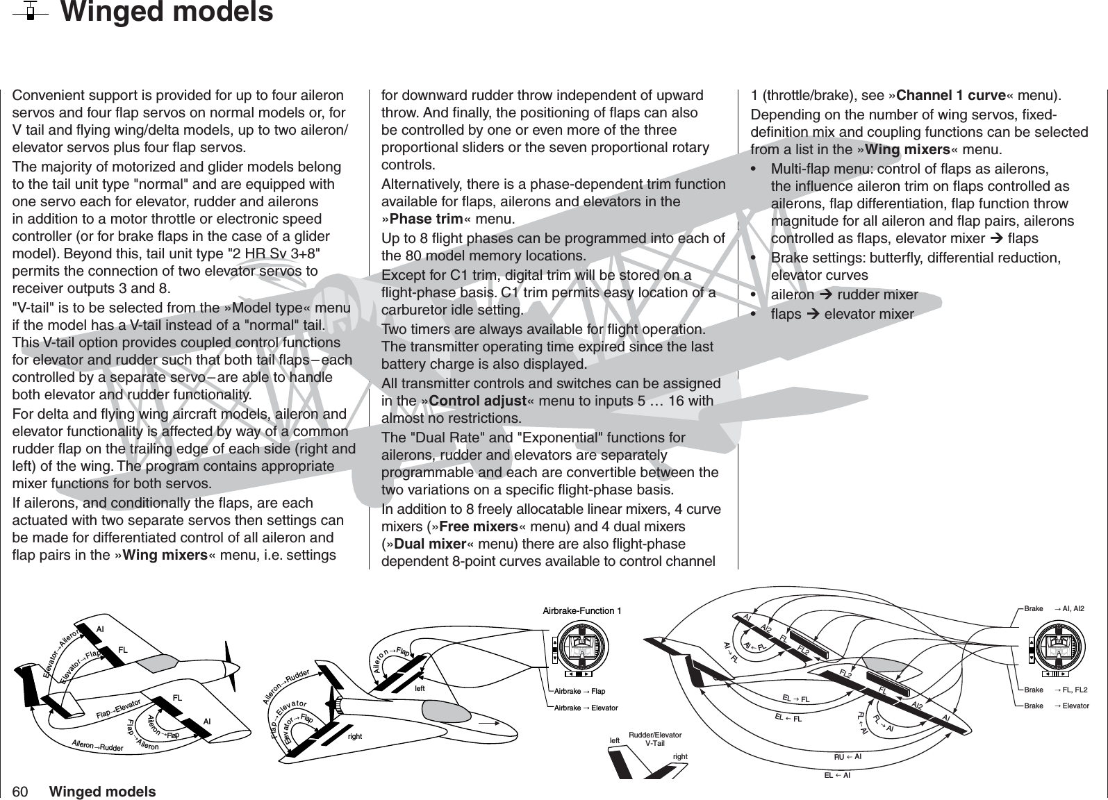 60 Winged models   Winged models  Convenient support is provided for up to four aileron servos and four ﬂ ap servos on normal models or, for V tail and ﬂ ying wing/delta models, up to two aileron/elevator servos plus four ﬂ ap servos. The majority of motorized and glider models belong to the tail unit type &quot;normal&quot; and are equipped with one servo each for elevator, rudder and ailerons in addition to a motor throttle or electronic speed controller (or for brake ﬂ aps in the case of a glider model). Beyond this, tail unit type &quot;2 HR Sv 3+8&quot; permits the connection of two elevator servos to receiver outputs 3 and 8.&quot;V-tail&quot; is to be selected from the »Model type« menu if the model has a V-tail instead of a &quot;normal&quot; tail. This V-tail option provides coupled control functions for elevator and rudder such that both tail ﬂ aps – each controlled by a separate servo – are able to handle both elevator and rudder functionality.For delta and ﬂ ying wing aircraft models, aileron and elevator functionality is affected by way of a common rudder ﬂ ap on the trailing edge of each side (right and left) of the wing. The program contains appropriate mixer functions for both servos.If ailerons, and conditionally the ﬂ aps, are each actuated with two separate servos then settings can be made for differentiated control of all aileron and ﬂ ap pairs in the »Wing mixers« menu, i.e. settings for downward rudder throw independent of upward throw. And ﬁ nally, the positioning of ﬂ aps can also be controlled by one or even more of the three proportional sliders or the seven proportional rotary controls. Alternatively, there is a phase-dependent trim function available for ﬂ aps, ailerons and elevators in the »Phase trim« menu.Up to 8 ﬂ ight phases can be programmed into each of the 80 model memory locations. Except for C1 trim, digital trim will be stored on a ﬂ ight-phase basis. C1 trim permits easy location of a carburetor idle setting.Two timers are always available for ﬂ ight operation. The transmitter operating time expired since the last battery charge is also displayed.All transmitter controls and switches can be assigned in the »Control adjust« menu to inputs 5 … 16 with almost no restrictions.The &quot;Dual Rate&quot; and &quot;Exponential&quot; functions for ailerons, rudder and elevators are separately programmable and each are convertible between the two variations on a speciﬁ c ﬂ ight-phase basis.In addition to 8 freely allocatable linear mixers, 4 curve mixers (»Free mixers« menu) and 4 dual mixers (»Dual mixer« menu) there are also ﬂ ight-phase dependent 8-point curves available to control channel 1 (throttle/brake), see »Channel 1 curve« menu).Depending on the number of wing servos, ﬁ xed-deﬁ nition mix and coupling functions can be selected from a list in the »Wing mixers« menu.Multi-ﬂ ap menu: control of ﬂ aps as ailerons, • the inﬂ uence aileron trim on ﬂ aps controlled as ailerons, ﬂ ap differentiation, ﬂ ap function throw magnitude for all aileron and ﬂ ap pairs, ailerons controlled as ﬂ aps, elevator mixer  ﬂ apsBrake settings: butterﬂ y, differential reduction, • elevator curvesaileron •   rudder mixerﬂ aps •   elevator mixerElevatorFlapFlapElevatorFlapAileronAileronFlapAileronRudderElevatorAileronleftrightElevatorFlapFlapElevatorAileronRudderAileronFlapAirbrake   FlapAirbrake   ElevatorAirbrake-Function 1leftrightRudder/ElevatorV-TailAIFLFLAIBrake   FL, FL2Brake    ElevatorBrake   AI, AI2AIFLFL2AIFLFL2AI2FL  AIFL  AIEL  FLRU  AIEL  AIEL  FLAI2AI  FLAI  FL