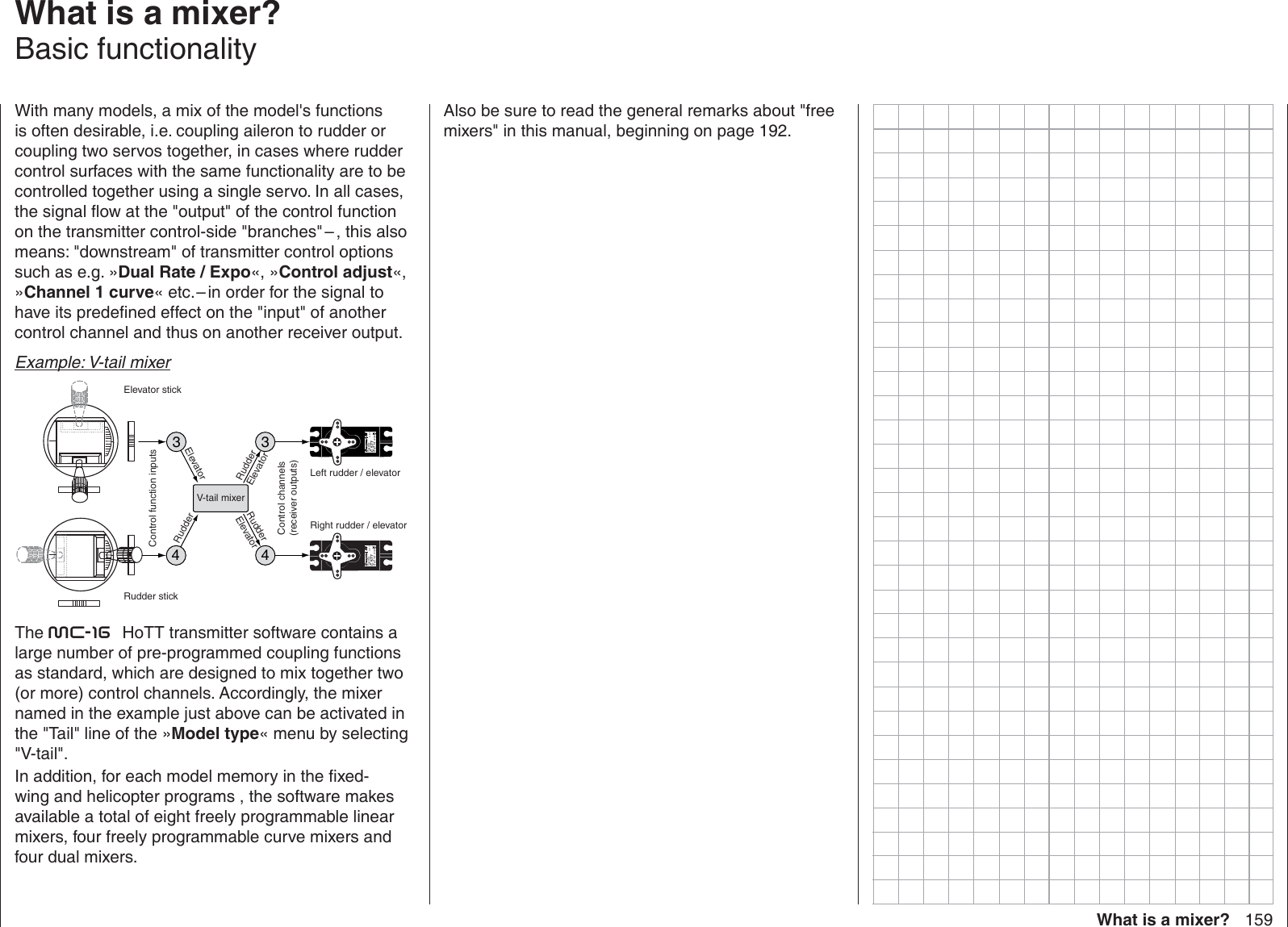 159What is a mixer??rexim a si tahW   Basic functionalityWith many models, a mix of the model&apos;s functions is often desirable, i.e. coupling aileron to rudder or coupling two servos together, in cases where rudder control surfaces with the same functionality are to be controlled together using a single servo. In all cases, the signal ﬂ ow at the &quot;output&quot; of the control function on the transmitter control-side &quot;branches&quot; – , this also means: &quot;downstream&quot; of transmitter control options such as e.g. »Dual Rate / Expo«, »Control adjust«, »Channel 1 curve« etc. – in order for the signal to have its predeﬁ ned effect on the &quot;input&quot; of another control channel and thus on another receiver output.Example: V-tail mixer334Servo 4,8 VC 577Best.-Nr. 4101Servo 4,8 VC 577Best.-Nr. 41014V-tail mixerControl function inputsControl channels(receiver outputs)Elevator stickRudder stickRight rudder / elevatorLeft rudder / elevatorRudderElevatorElevatorRudderRudderElevatorThe mc-16  HoTT transmitter software contains a large number of pre-programmed coupling functions as standard, which are designed to mix together two (or more) control channels. Accordingly, the mixer named in the example just above can be activated in the &quot;Tail&quot; line of the »Model type« menu by selecting &quot;V-tail&quot;.In addition, for each model memory in the ﬁ xed-wing and helicopter programs , the software makes available a total of eight freely programmable linear mixers, four freely programmable curve mixers and four dual mixers.Also be sure to read the general remarks about &quot;free mixers&quot; in this manual, beginning on page 192.