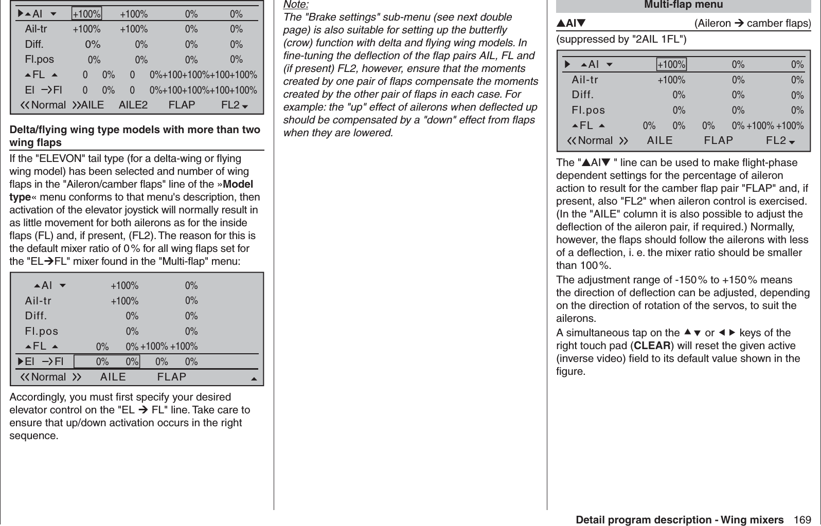 169Detail program description - Wing mixersFl.posDiff.Ail-trAINormal AILE+100%FL20      0%+100+100%+100+100%+100+100%0% 0%0%0%0%0%0%+100% 0% 0%0%FLAILE2 FLAP+100%+100%0%0%El Fl 0      0%+100+100%+100+100%+100+100%Delta/ﬂ ying wing type models with more than two wing ﬂ apsIf the &quot;ELEVON&quot; tail type (for a delta-wing or ﬂ ying wing model) has been selected and number of wing ﬂ aps in the &quot;Aileron/camber ﬂ aps&quot; line of the »Model type« menu conforms to that menu&apos;s description, then activation of the elevator joystick will normally result in as little movement for both ailerons as for the inside ﬂ aps (FL) and, if present, (FL2). The reason for this is the default mixer ratio of 0 % for all wing ﬂ aps set for the &quot;ELFL&quot; mixer found in the &quot;Multi-ﬂ ap&quot; menu:Fl.posDiff.Ail-trAlNormal AILE+100%FLAP0%0% 0%+100%0%+100%0%+100%0%0%0%0%+100% 0% 0%0%FLEl Fl+100%+100%+100%+100%0%0%0%0%0%0% 0%0%Accordingly, you must ﬁ rst specify your desired elevator control on the &quot;EL  FL&quot; line. Take care to ensure that up/down activation occurs in the right sequence.Note:The &quot;Brake settings&quot; sub-menu (see next double page) is also suitable for setting up the butterﬂ y (crow) function with delta and ﬂ ying wing models. In ﬁ ne-tuning the deﬂ ection of the ﬂ ap pairs AIL, FL and (if present) FL2, however, ensure that the moments created by one pair of ﬂ aps compensate the moments created by the other pair of ﬂ aps in each case. For example: the &quot;up&quot; effect of ailerons when deﬂ ected up should be compensated by a &quot;down&quot; effect from ﬂ aps when they are lowered. Multi-ﬂ ap menuAI (Aileron  camber ﬂ aps)(suppressed by &quot;2AIL 1FL&quot;)Fl.posDiff.Ail-trAlNormal AILE+100%FL2FLAP0%0% 0%+100%0%+100%0%+100%0%0%0%0%+100% 0% 0%0%FL +100%+100%0%0%0%0%The &quot;AI&quot; line can be used to make ﬂ ight-phase dependent settings for the percentage of aileron action to result for the camber ﬂ ap pair &quot;FLAP&quot; and, if present, also &quot;FL2&quot; when aileron control is exercised. (In the &quot;AILE&quot; column it is also possible to adjust the deﬂ ection of the aileron pair, if required.) Normally, however, the ﬂ aps should follow the ailerons with less of a deﬂ ection, i. e. the mixer ratio should be smaller than 100 %. The adjustment range of -150 % to +150 % means the direction of deﬂ ection can be adjusted, depending on the direction of rotation of the servos, to suit the ailerons.A simultaneous tap on the  or  keys of the right touch pad (CLEAR) will reset the given active (inverse video) ﬁ eld to its default value shown in the ﬁ gure.