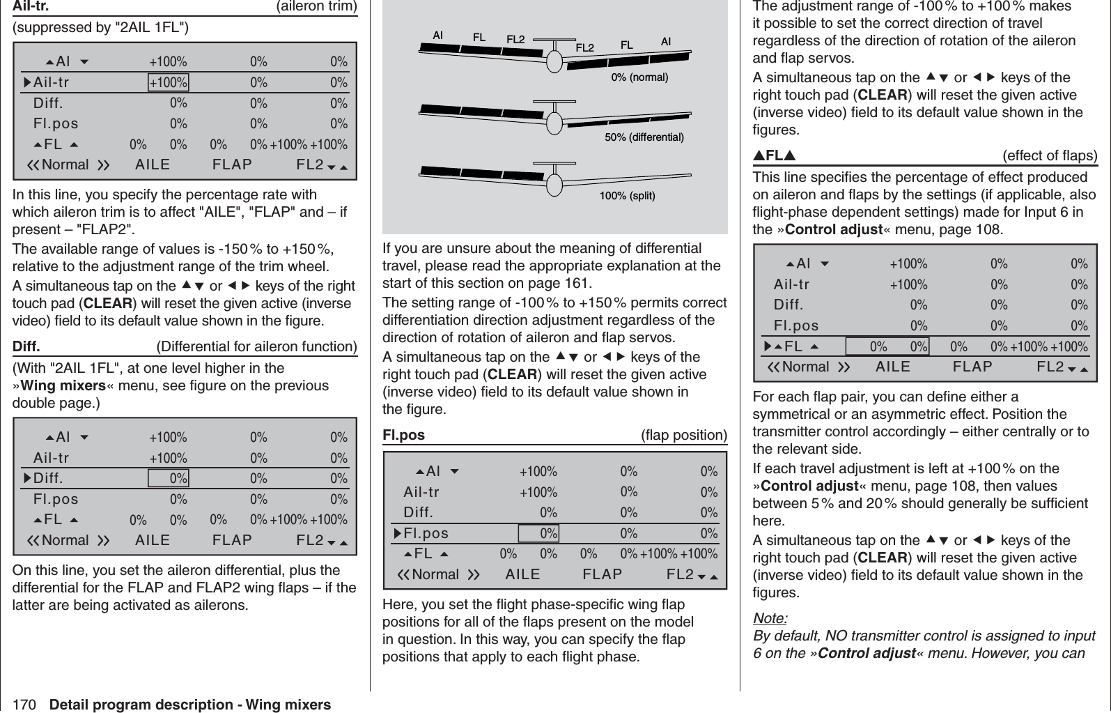 170 Detail program description - Wing mixersAiI-tr.  (aileron trim)(suppressed by &quot;2AIL 1FL&quot;)Fl.posDiff.Ail-trAlNormal AILE+100%FL2FLAP0%0% 0%+100%0%+100%0%+100%0%0%0%0%+100% 0% 0%0%FL +100%+100%0%0%0%0%In this line, you specify the percentage rate with which aileron trim is to affect &quot;AILE&quot;, &quot;FLAP&quot; and – if present – &quot;FLAP2&quot;.The available range of values is -150 % to +150 %, relative to the adjustment range of the trim wheel.A simultaneous tap on the  or  keys of the right touch pad (CLEAR) will reset the given active (inverse video) ﬁ eld to its default value shown in the ﬁ gure.Diff.  (Differential for aileron function)(With &quot;2AIL 1FL&quot;, at one level higher in the »Wing mixers« menu, see ﬁ gure on the previous double page.)Fl.posDiff.Ail-trAlNormal AILE+100%FL2FLAP0%0% 0%+100%0%+100%0%+100%0%0%+100% 0% 0%0%FL +100%+100%0%0%0%0%On this line, you set the aileron differential, plus the differential for the FLAP and FLAP2 wing ﬂ aps – if the latter are being activated as ailerons.0% (normal)50% (differential)100% (split)AI FL FL2 FL2 FL AIIf you are unsure about the meaning of differential travel, please read the appropriate explanation at the start of this section on page 161.The setting range of -100 % to +150 % permits correct differentiation direction adjustment regardless of the direction of rotation of aileron and ﬂ ap servos.A simultaneous tap on the  or  keys of the right touch pad (CLEAR) will reset the given active (inverse video) ﬁ eld to its default value shown in the ﬁ gure.Fl.pos  (ﬂ ap position)Fl.posDiff.Ail-trAlNormal AILE+100%FL2FLAP0%0% 0%+100%0%+100%0%+100%0%0%+100% 0% 0%0%FL +100%+100%0%0%0%0%Here, you set the ﬂ ight phase-speciﬁ c wing ﬂ ap positions for all of the ﬂ aps present on the model in question. In this way, you can specify the ﬂ ap positions that apply to each ﬂ ight phase. The adjustment range of -100 % to +100 % makes it possible to set the correct direction of travel regardless of the direction of rotation of the aileron and ﬂ ap servos.A simultaneous tap on the  or  keys of the right touch pad (CLEAR) will reset the given active (inverse video) ﬁ eld to its default value shown in the ﬁ gures.FL (effect of ﬂ aps)This line speciﬁ es the percentage of effect produced on aileron and ﬂ aps by the settings (if applicable, also ﬂ ight-phase dependent settings) made for Input 6 in the »Control adjust« menu, page 108.Fl.posDiff.Ail-trAlNormal AILE+100%FL2FLAP0%0% 0%+100%0%+100%0%+100%0%0%+100% 0% 0%0%FL +100%+100%0%0%0%0%For each ﬂ ap pair, you can deﬁ ne either a symmetrical or an asymmetric effect. Position the transmitter control accordingly – either centrally or to the relevant side.If each travel adjustment is left at +100 % on the »Control adjust« menu, page 108, then values between 5 % and 20 % should generally be sufﬁ cient here.A simultaneous tap on the  or  keys of the right touch pad (CLEAR) will reset the given active (inverse video) ﬁ eld to its default value shown in the ﬁ gures. Note:By default, NO transmitter control is assigned to input 6 on the »Control adjust« menu. However, you can 