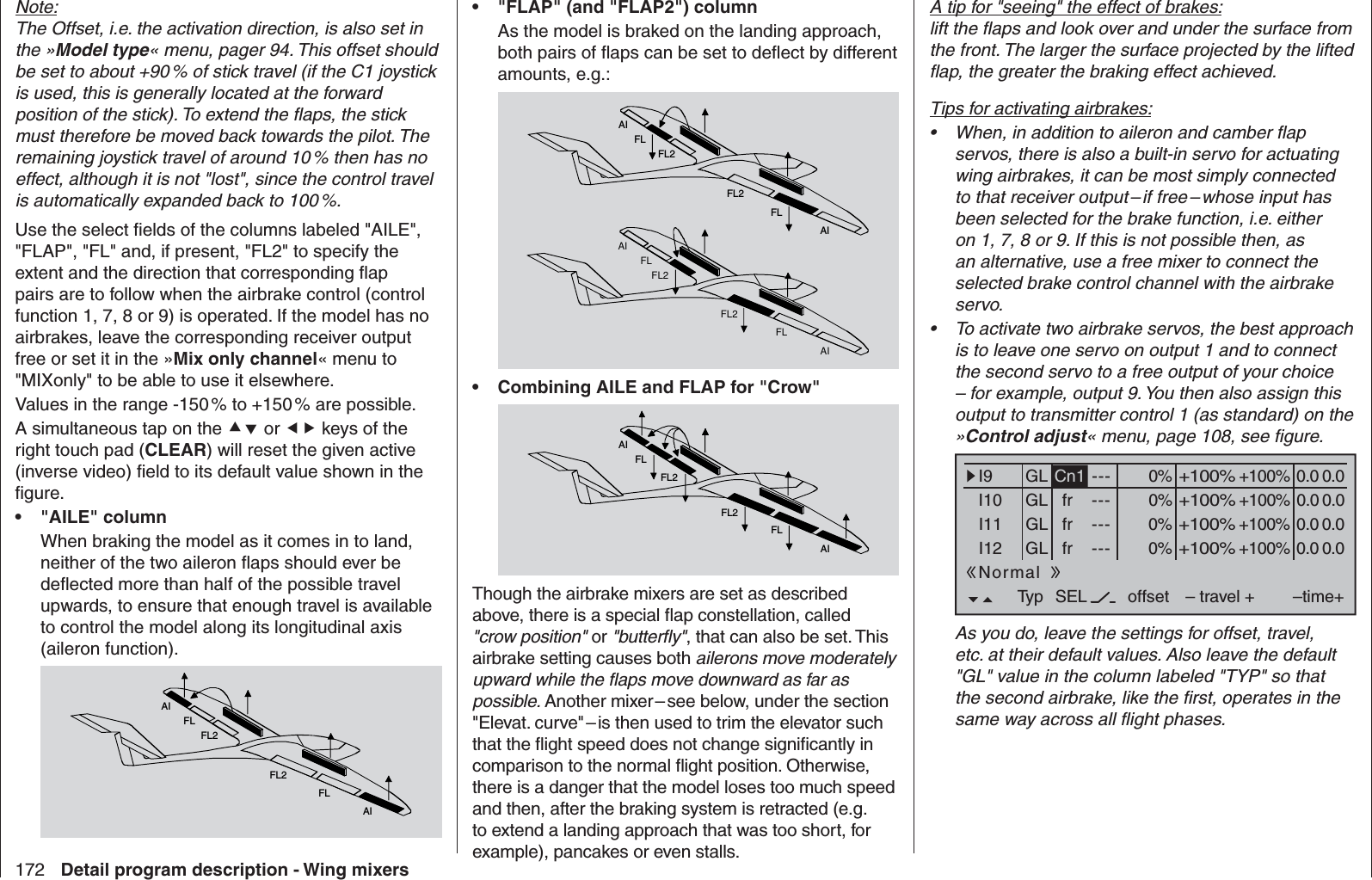 172 Detail program description - Wing mixersNote:The Offset, i.e. the activation direction, is also set in the »Model type« menu, pager 94. This offset should be set to about +90 % of stick travel (if the C1 joystick is used, this is generally located at the forward position of the stick). To extend the ﬂ aps, the stick must therefore be moved back towards the pilot. The remaining joystick travel of around 10 % then has no effect, although it is not &quot;lost&quot;, since the control travel is automatically expanded back to 100 %.Use the select ﬁ elds of the columns labeled &quot;AILE&quot;, &quot;FLAP&quot;, &quot;FL&quot; and, if present, &quot;FL2&quot; to specify the extent and the direction that corresponding ﬂ ap pairs are to follow when the airbrake control (control function 1, 7, 8 or 9) is operated. If the model has no airbrakes, leave the corresponding receiver output free or set it in the »Mix only channel« menu to &quot;MIXonly&quot; to be able to use it elsewhere.Values in the range -150 % to +150 % are possible.A simultaneous tap on the  or  keys of the right touch pad (CLEAR) will reset the given active (inverse video) ﬁ eld to its default value shown in the ﬁ gure. &quot;AILE&quot; column• When braking the model as it comes in to land, neither of the two aileron ﬂ aps should ever be deﬂ ected more than half of the possible travel upwards, to ensure that enough travel is available to control the model along its longitudinal axis (aileron function).AIFLFL2FL2FLAI&quot;FLAP&quot; (and &quot;FLAP2&quot;) column• As the model is braked on the landing approach, both pairs of ﬂ aps can be set to deﬂ ect by different amounts, e.g.:AIFLFL2FL2FLAIAIFLFL2FL2FLAICombining AILE and FLAP for &quot;Crow&quot;• AIFLFL2FL2FLAIThough the airbrake mixers are set as described above, there is a special ﬂ ap constellation, called &quot;crow position&quot; or &quot;butterﬂ y&quot;, that can also be set. This airbrake setting causes both ailerons move moderately upward while the ﬂ aps move downward as far as possible. Another mixer – see below, under the section &quot;Elevat. curve&quot; – is then used to trim the elevator such that the ﬂ ight speed does not change signiﬁ cantly in comparison to the normal ﬂ ight position. Otherwise, there is a danger that the model loses too much speed and then, after the braking system is retracted (e.g. to extend a landing approach that was too short, for example), pancakes or even stalls.A tip for &quot;seeing&quot; the effect of brakes:lift the ﬂ aps and look over and under the surface from the front. The larger the surface projected by the lifted ﬂ ap, the greater the braking effect achieved.Tips for activating airbrakes:When, in addition to aileron and camber ﬂ ap • servos, there is also a built-in servo for actuating wing airbrakes, it can be most simply connected to that receiver output – if free – whose input has been selected for the brake function, i.e. either on 1, 7, 8 or 9. If this is not possible then, as an alternative, use a free mixer to connect the selected brake control channel with the airbrake servo.To activate two airbrake servos, the best approach • is to leave one servo on output 1 and to connect the second servo to a free output of your choice – for example, output 9. You then also assign this output to transmitter control 1 (as standard) on the »Control adjust« menu, page 108, see ﬁ gure.0% +100%I9I10I11I12Typ SEL+100%0.0 0.0– travel + –time+0% +100%+100%0.0 0.00% +100%+100%0.0 0.00% +100%+100%0.0 0.0GLGLGLCn1 ---frfrfr---------offsetGLNormalAs you do, leave the settings for offset, travel, etc. at their default values. Also leave the default &quot;GL&quot; value in the column labeled &quot;TYP&quot; so that the second airbrake, like the ﬁ rst, operates in the same way across all ﬂ ight phases.