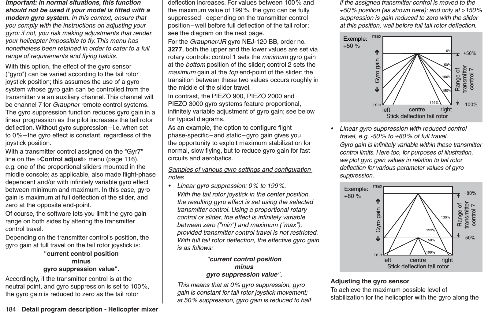 184 Detail program description - Helicopter mixerImportant: in normal situations, this function should not be used if your model is ﬁ tted with a modern gyro system. In this context, ensure that you comply with the instructions on adjusting your gyro: if not, you risk making adjustments that render your helicopter impossible to ﬂ y. This menu has nonetheless been retained in order to cater to a full range of requirements and ﬂ ying habits.With this option, the effect of the gyro sensor (&quot;gyro&quot;) can be varied according to the tail rotor joystick position; this assumes the use of a gyro system whose gyro gain can be controlled from the transmitter via an auxiliary channel. This channel will be channel 7 for Graupner remote control systems. The gyro suppression function reduces gyro gain in a linear progression as the pilot increases the tail rotor deﬂ ection. Without gyro suppression – i.e. when set to 0 % – the gyro effect is constant, regardless of the joystick position.With a transmitter control assigned on the &quot;Gyr7&quot; line on the »Control adjust« menu (page 116), e.g. one of the proportional sliders mounted in the middle console; as applicable, also made ﬂ ight-phase dependent and/or with inﬁ nitely variable gyro effect between minimum and maximum. In this case, gyro gain is maximum at full deﬂ ection of the slider, and zero at the opposite end-point.Of course, the software lets you limit the gyro gain range on both sides by altering the transmitter control travel.Depending on the transmitter control&apos;s position, the gyro gain at full travel on the tail rotor joystick is:&quot;current control positionminusgyro suppression value&quot;.Accordingly, if the transmitter control is at the neutral point, and gyro suppression is set to 100 %, the gyro gain is reduced to zero as the tail rotor if the assigned transmitter control is moved to the +50 % position (as shown here); and only at &gt;150 % suppression is gain reduced to zero with the slider at this position, well before full tail rotor deﬂ ection.Exemple:+50 %Í Gyro gain  ÎleftStick deflection tail rotorcentre rightRange of transmittercontrol 7Linear gyro suppression with reduced control • travel, e.g. -50 % to +80 % of full travel. Gyro gain is inﬁ nitely variable within these transmitter control limits. Here too, for purposes of illustration, we plot gyro gain values in relation to tail rotor deﬂ ection for various parameter values of gyro suppression.Exemple:+80 %Í Gyro gain  ÎleftStick deflection tail rotorcentre rightRange oftransmittercontrol 7Adjusting the gyro sensorTo achieve the maximum possible level of stabilization for the helicopter with the gyro along the deﬂ ection increases. For values between 100 % and the maximum value of 199 %, the gyro can be fully suppressed – depending on the transmitter control position – well before full deﬂ ection of the tail rotor; see the diagram on the next page.For the Graupner/JR gyro NEJ-120 BB, order no. 3277, both the upper and the lower values are set via rotary controls: control 1 sets the minimum gyro gain at the bottom position of the slider; control 2 sets the maximum gain at the top end-point of the slider; the transition between these two values occurs roughly in the middle of the slider travel. In contrast, the PIEZO 900, PIEZO 2000 and PIEZO 3000 gyro systems feature proportional, inﬁ nitely variable adjustment of gyro gain; see below for typical diagrams.As an example, the option to conﬁ gure ﬂ ight phase-speciﬁ  c – and  static – gyro  gain  gives  you the opportunity to exploit maximum stabilization for normal, slow ﬂ ying, but to reduce gyro gain for fast circuits and aerobatics.Samples of various gyro settings and conﬁ guration notesLinear gyro suppression: 0 % to 199 %. • With the tail rotor joystick in the center position, the resulting gyro effect is set using the selected transmitter control. Using a proportional rotary control or slider, the effect is inﬁ nitely variable between zero (&quot;min&quot;) and maximum (&quot;max&quot;), provided transmitter control travel is not restricted. With full tail rotor deﬂ ection, the effective gyro gain is as follows:&quot;current control positionminusgyro suppression value&quot;.This means that at 0 % gyro suppression, gyro gain is constant for tail rotor joystick movement; at 50 % suppression, gyro gain is reduced to half 