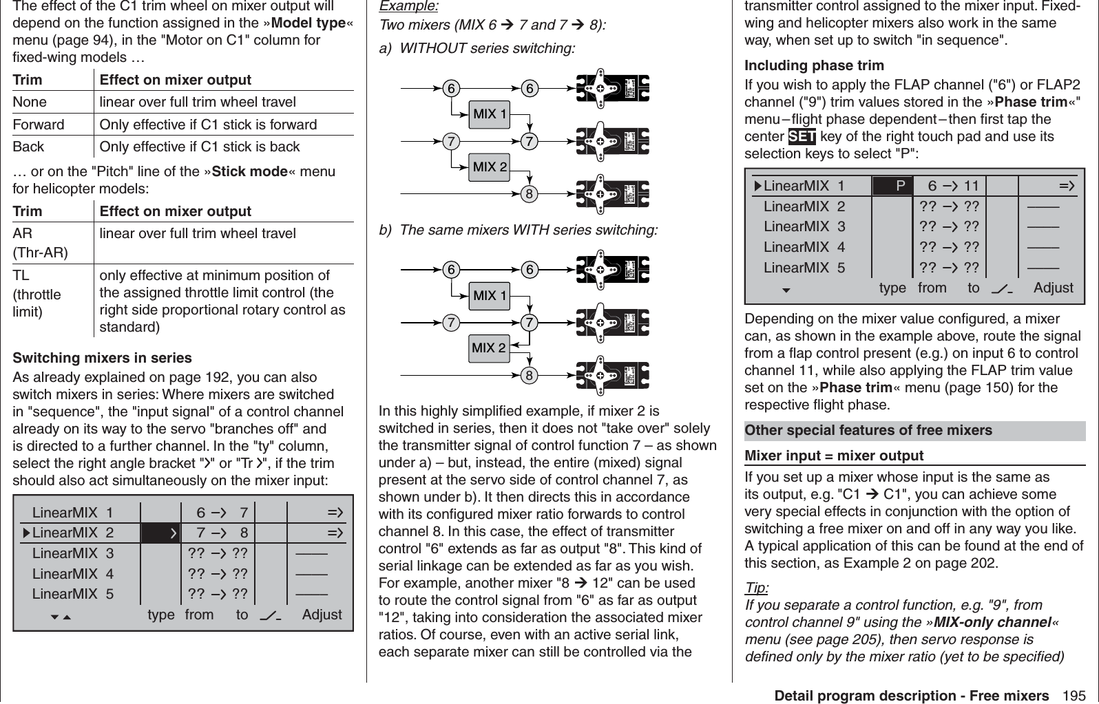 195Detail program description - Free mixersExample:Two mixers (MIX 6  7 and 7  8):a)  WITHOUT series switching:6 67Servo 4,8 VC 577Best.-Nr.  4101Servo 4,8 VC 577Best.-Nr.  410178Servo 4,8 VC 577Best.-Nr.  4101MIX 1MIX 2b)  The same mixers WITH series switching:6 67Servo 4,8 VC 577Best.-Nr. 41 01Servo 4,8 VC 577Best.-Nr.  410178Servo 4,8 VC 577Best.-Nr.  4101MIX 1MIX 2In this highly simpliﬁ ed example, if mixer 2 is switched in series, then it does not &quot;take over&quot; solely the transmitter signal of control function 7 – as shown under a) – but, instead, the entire (mixed) signal present at the servo side of control channel 7, as shown under b). It then directs this in accordance with its conﬁ gured mixer ratio forwards to control channel 8. In this case, the effect of transmitter control &quot;6&quot; extends as far as output &quot;8&quot;. This kind of serial linkage can be extended as far as you wish. For example, another mixer &quot;8  12&quot; can be used to route the control signal from &quot;6&quot; as far as output &quot;12&quot;, taking into consideration the associated mixer ratios. Of course, even with an active serial link, each separate mixer can still be controlled via the transmitter control assigned to the mixer input. Fixed-wing and helicopter mixers also work in the same way, when set up to switch &quot;in sequence&quot;.  Including phase trimIf you wish to apply the FLAP channel (&quot;6&quot;) or FLAP2 channel (&quot;9&quot;) trim values stored in the »Phase trim«&quot; menu – ﬂ ight phase dependent – then ﬁ rst tap the center SET key of the right touch pad and use its selection keys to select &quot;P&quot;:11LinearMIX  1type  6from – Begr. +????????????––––LinearMIX  2LinearMIX  3LinearMIX  4LinearMIX  5to AdjustTr––––––––????––––PDepending on the mixer value conﬁ gured, a mixer can, as shown in the example above, route the signal from a ﬂ ap control present (e.g.) on input 6 to control channel 11, while also applying the FLAP trim value set on the »Phase trim« menu (page 150) for the respective ﬂ ight phase.  Other special features of free mixers  Mixer input = mixer outputIf you set up a mixer whose input is the same as its output, e.g. &quot;C1  C1&quot;, you can achieve some very special effects in conjunction with the option of switching a free mixer on and off in any way you like. A typical application of this can be found at the end of this section, as Example 2 on page 202.Tip:If you separate a control function, e.g. &quot;9&quot;, from control channel 9&quot; using the »MIX-only channel« menu (see page 205), then servo response is deﬁ ned only by the mixer ratio (yet to be speciﬁ ed) The effect of the C1 trim wheel on mixer output will depend on the function assigned in the »Model type« menu (page 94), in the &quot;Motor on C1&quot; column for ﬁ xed-wing models …Trim Effect on mixer outputNone linear over full trim wheel travelForward Only effective if C1 stick is forwardBack Only effective if C1 stick is back… or on the &quot;Pitch&quot; line of the »Stick mode« menu for helicopter models:Trim Effect on mixer outputAR(Thr-AR)linear over full trim wheel travelTL(throttle limit)only effective at minimum position of the assigned throttle limit control (the right side proportional rotary control as standard)  Switching mixers in seriesAs already explained on page 192, you can also switch mixers in series: Where mixers are switched in &quot;sequence&quot;, the &quot;input signal&quot; of a control channel already on its way to the servo &quot;branches off&quot; and is directed to a further channel. In the &quot;ty&quot; column, select the right angle bracket &quot; &quot; or &quot;Tr  &quot;, if the trim should also act simultaneously on the mixer input:  7LinearMIX  1type  6from – Begr. +87????????????––––LinearMIX  2LinearMIX  3LinearMIX  4LinearMIX  5to AdjustTr––––––––