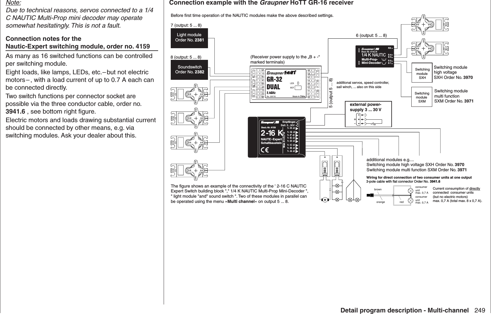 249Detail program description - Multi-channelNote:Due to technical reasons, servos connected to a 1/4 C NAUTIC Multi-Prop mini decoder may operate somewhat hesitatingly. This is not a fault.Connection notes for the Nautic-Expert switching module, order no. 4159As many as 16 switched functions can be controlled per switching module. Eight loads, like lamps, LEDs, etc. – but not electric motors – , with a load current of up to 0.7 A each can be connected directly. Two switch functions per connector socket are possible via the three conductor cable, order no. 3941.6 , see bottom right ﬁ gure.Electric motors and loads drawing substantial current should be connected by other means, e.g. via switching modules. Ask your dealer about this.M6 (output: 5 ... 8)5 (output 5 ... 8)(Receiver power supply to the „B + -“  marked terminals)Best.-Nr. 4159Max. 8 x 0,7 ABatt. 3...30VNAUTIC - ExpertSchaltbaustein2 -  16  KEmpfänger1- H -21- G -21- F -21- E -21- D -21- C -21- A -21- B -2Best.-Nr. 4142.N 1/4 K NAUTICMulti-Prop-Mini-DecoderRXS 4S 3S 2S 1external power-supply 3 ... 30 V-  ++-Current consumption of directly connected  consumer units (but no electric motors) max. 0,7 A (total max. 8 x 0,7 A).Wiring for direct connection of two consumer units at one output3-pole cable with flat connector Order No. 3941.6 redbrownorangeconsumerunit max. 0,7 Aconsumerunitmax. 0,7 Aadditional modules e.g....Switching module high voltage SXH Order No. 3970Switching module multi function SXM Order No. 3971 Switching module high voltage SXH Order No. 3970Switchingmodule SXHSwitchingmodule SXMSwitching modulemulti function SXM Order No. 3971 SoundswitchOrder No. 2382Light module Order No. 23817 (output: 5 ... 8)8 (output: 5 ... 8)additional servos, speed controller, sail winch, ... also on this sideThe figure shows an example of the connectivity of the &apos; 2-16 C NAUTIC Expert Switch building block &quot;,&quot; 1/4 K NAUTIC Multi-Prop Mini-Decoder &quot;,&quot; light module &quot;and&quot; sound switch &quot;. Two of these modules in parallel can be operated using the menu »Multi channel« on output 5 ... 8.Before first time operation of the NAUTIC modules make the above described settings.Connection example with the Graupner HoTT GR-16 receiver