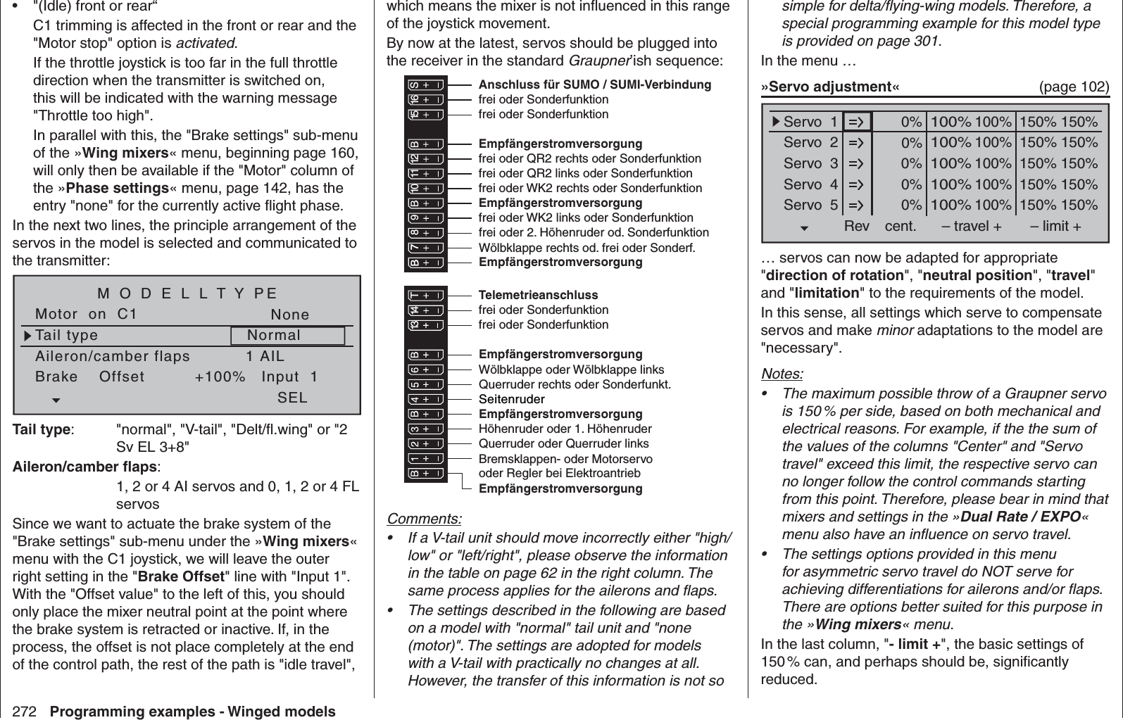 272 Programming examples - Winged models&quot;(Idle) front or rear“• C1 trimming is affected in the front or rear and the &quot;Motor stop&quot; option is activated. If the throttle joystick is too far in the full throttle direction when the transmitter is switched on, this will be indicated with the warning message &quot;Throttle too high&quot;.In parallel with this, the &quot;Brake settings&quot; sub-menu of the »Wing mixers« menu, beginning page 160, will only then be available if the &quot;Motor&quot; column of the »Phase settings« menu, page 142, has the entry &quot;none&quot; for the currently active ﬂ ight phase.In the next two lines, the principle arrangement of the servos in the model is selected and communicated to the transmitter:Tail typeMotor  on  C1NormalNoneAileron/camber flaps 1 AILM O D E L L T Y PEBrake    Offset Input  1+100%SELTail type:  &quot;normal&quot;, &quot;V-tail&quot;, &quot;Delt/ﬂ .wing&quot; or &quot;2 Sv EL 3+8&quot;Aileron/camber ﬂ aps:  1, 2 or 4 AI servos and 0, 1, 2 or 4 FL servosSince we want to actuate the brake system of the &quot;Brake settings&quot; sub-menu under the »Wing mixers« menu with the C1 joystick, we will leave the outer right setting in the &quot;Brake Offset&quot; line with &quot;Input 1&quot;. With the &quot;Offset value&quot; to the left of this, you should only place the mixer neutral point at the point where the brake system is retracted or inactive. If, in the process, the offset is not place completely at the end of the control path, the rest of the path is &quot;idle travel&quot;, which means the mixer is not inﬂ uenced in this range of the joystick movement.By now at the latest, servos should be plugged into the receiver in the standard Graupner’ish sequence:Empfängerstromversorgungfrei oder QR2 links oder Sonderfunktionfrei oder QR2 rechts oder SonderfunktionSeitenruderQuerruder oder Querruder linksHöhenruder oder 1. Höhenruderfrei oder 2. Höhenruder od. SonderfunktionEmpfängerstromversorgungBremsklappen- oder Motorservooder Regler bei ElektroantriebQuerruder rechts oder Sonderfunkt.Wölbklappe oder Wölbklappe linksWölbklappe rechts od. frei oder Sonderf.frei oder WK2 links oder Sonderfunktionfrei oder WK2 rechts oder Sonderfunktion13 14 T 15 16 S77 8910 11 12Empfängerstromversorgungfrei oder Sonderfunktionfrei oder SonderfunktionTelemetrieanschlussEmpfängerstromversorgungfrei oder Sonderfunktionfrei oder SonderfunktionAnschluss für SUMO / SUMI-VerbindungEmpfängerstromversorgungEmpfängerstromversorgungComments:If a V-tail unit should move incorrectly either &quot;high/• low&quot; or &quot;left/right&quot;, please observe the information in the table on page 62 in the right column. The same process applies for the ailerons and ﬂ aps.The settings described in the following are based • on a model with &quot;normal&quot; tail unit and &quot;none (motor)&quot;. The settings are adopted for models with a V-tail with practically no changes at all. However, the transfer of this information is not so simple for delta/ﬂ ying-wing models. Therefore, a special programming example for this model type is provided on page 301.In the menu …»Servo adjustment«  (page 102)0% 100%Servo  1Servo  2Servo  3Servo  4Servo  5Rev cent.100%150% 150%– travel + – limit +0% 100%100%150% 150%0% 100%100%150% 150%0% 100%100%150% 150%0% 100%100%150% 150%… servos can now be adapted for appropriate &quot;direction of rotation&quot;, &quot;neutral position&quot;, &quot;travel&quot; and &quot;limitation&quot; to the requirements of the model.In this sense, all settings which serve to compensate servos and make minor adaptations to the model are &quot;necessary&quot;.Notes:The maximum possible throw of a Graupner servo • is 150 % per side, based on both mechanical and electrical reasons. For example, if the the sum of the values of the columns &quot;Center&quot; and &quot;Servo travel&quot; exceed this limit, the respective servo can no longer follow the control commands starting from this point. Therefore, please bear in mind that mixers and settings in the »Dual Rate / EXPO« menu also have an inﬂ uence on servo travel. The settings options provided in this menu • for asymmetric servo travel do NOT serve for achieving differentiations for ailerons and/or ﬂ aps. There are options better suited for this purpose in the »Wing mixers« menu.In the last column, &quot;- limit +&quot;, the basic settings of 150 % can, and perhaps should be, signiﬁ cantly reduced. 