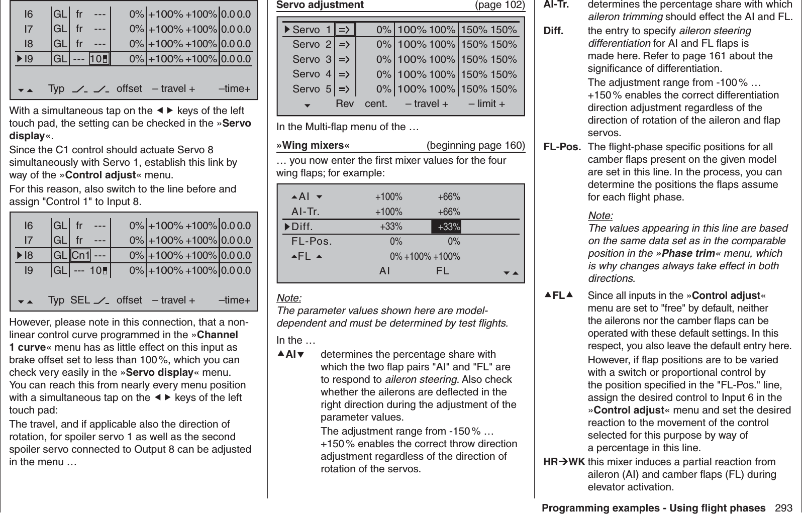 293Programming examples - Using ﬂ ight phases0% +100%I6I7I8I9Typ+100%0.0 0.0– travel + –time+0% +100%+100%0.0 0.00% +100%+100%0.0 0.00% +100%+100%0.0 0.0GLGLGLfrfr---------offsetGL frNormal10---With a simultaneous tap on the  keys of the left touch pad, the setting can be checked in the »Servo display«.Since the C1 control should actuate Servo 8 simultaneously with Servo 1, establish this link by way of the »Control adjust« menu.For this reason, also switch to the line before and assign &quot;Control 1&quot; to Input 8.0% +100%I6I7I8I9Typ+100%0.0 0.0– travel + –time+0% +100%+100%0.0 0.00% +100%+100%0.0 0.00% +100%+100%0.0 0.0GLGLGLfrCn1------------offsetGL frNormal10SELHowever, please note in this connection, that a non-linear control curve programmed in the »Channel 1 curve« menu has as little effect on this input as brake offset set to less than 100 %, which you can check very easily in the »Servo display« menu. You can reach this from nearly every menu position with a simultaneous tap on the  keys of the left touch pad:The travel, and if applicable also the direction of rotation, for spoiler servo 1 as well as the second spoiler servo connected to Output 8 can be adjusted in the menu …Servo adjustment  (page 102)0% 100%Servo  1Servo  2Servo  3Servo  4Servo  5Rev cent.100%150% 150%– travel + – limit +0% 100%100%150% 150%0% 100%100%150% 150%0% 100%100%150% 150%0% 100%100%150% 150%In the Multi-ﬂ ap menu of the …»Wing mixers«  (beginning page 160)… you now enter the ﬁ rst mixer values for the four wing ﬂ aps; for example:FL-Pos.Diff.AI-Tr.AINormal AI+100%WK2FL0%+66% 0%+100%0%+100%0%+100%+33%0%+33%0%+100% +66% 0%0%FL +100%0% +100%Note:The parameter values shown here are model-dependent and must be determined by test ﬂ ights.In the …AI  determines the percentage share with which the two ﬂ ap pairs &quot;AI&quot; and &quot;FL&quot; are to respond to aileron steering. Also check whether the ailerons are deﬂ ected in the right direction during the adjustment of the parameter values.  The adjustment range from -150 % … +150 % enables the correct throw direction adjustment regardless of the direction of rotation of the servos.AI-Tr.   determines the percentage share with which aileron trimming should effect the AI and FL.Diff.  the entry to specify aileron steering differentiation for AI and FL ﬂ aps is made here. Refer to page 161 about the signiﬁ cance of differentiation.  The adjustment range from -100 % … +150 % enables the correct differentiation direction adjustment regardless of the direction of rotation of the aileron and ﬂ ap servos.FL-Pos.  The ﬂ ight-phase speciﬁ c positions for all camber ﬂ aps present on the given model are set in this line. In the process, you can determine the positions the ﬂ aps assume for each ﬂ ight phase.Note:The values appearing in this line are based on the same data set as in the comparable position in the »Phase trim« menu, which is why changes always take effect in both directions.FL  Since all inputs in the »Control adjust« menu are set to &quot;free&quot; by default, neither the ailerons nor the camber ﬂ aps can be operated with these default settings. In this respect, you also leave the default entry here.  However, if ﬂ ap positions are to be varied with a switch or proportional control by the position speciﬁ ed in the &quot;FL-Pos.&quot; line, assign the desired control to Input 6 in the »Control adjust« menu and set the desired reaction to the movement of the control selected for this purpose by way of a percentage in this line.HRWK this mixer induces a partial reaction from aileron (AI) and camber ﬂ aps (FL) during elevator activation.