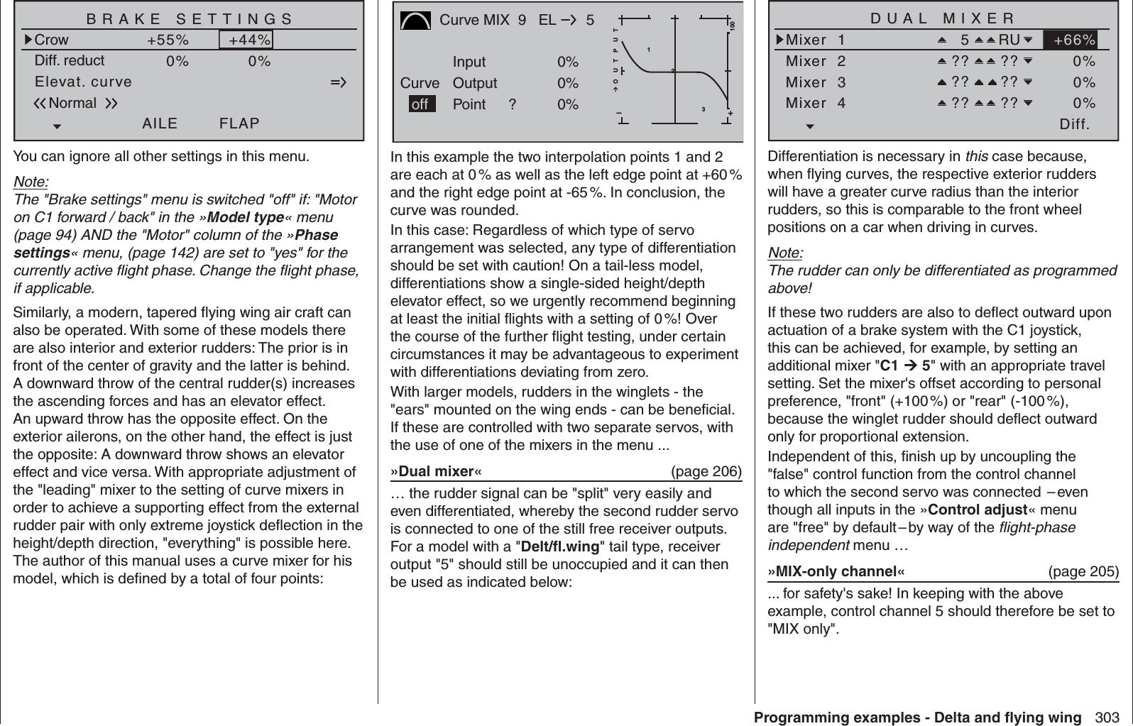 303Programming examples - Delta and ﬂ ying wingElevat. curveBRAKE SETTINGSNormalCrowAILE+55%WK20%FLAP+44%Diff. reductWK20% 0%0%You can ignore all other settings in this menu.Note:The &quot;Brake settings&quot; menu is switched &quot;off&quot; if: &quot;Motor on C1 forward / back&quot; in the »Model type« menu (page 94) AND the &quot;Motor&quot; column of the »Phase settings« menu, (page 142) are set to &quot;yes&quot; for the currently active ﬂ ight phase. Change the ﬂ ight phase, if applicable.Similarly, a modern, tapered ﬂ ying wing air craft can also be operated. With some of these models there are also interior and exterior rudders: The prior is in front of the center of gravity and the latter is behind. A downward throw of the central rudder(s) increases the ascending forces and has an elevator effect. An upward throw has the opposite effect. On the exterior ailerons, on the other hand, the effect is just the opposite: A downward throw shows an elevator effect and vice versa. With appropriate adjustment of the &quot;leading&quot; mixer to the setting of curve mixers in order to achieve a supporting effect from the external rudder pair with only extreme joystick deﬂ ection in the height/depth direction, &quot;everything&quot; is possible here. The author of this manual uses a curve mixer for his model, which is deﬁ ned by a total of four points:Curve MIX  9CurvePointOutputInput 0%0%?+–100O U T P U T20%EL 513offIn this example the two interpolation points 1 and 2 are each at 0 % as well as the left edge point at +60 % and the right edge point at -65 %. In conclusion, the curve was rounded.In this case: Regardless of which type of servo arrangement was selected, any type of differentiation should be set with caution! On a tail-less model, differentiations show a single-sided height/depth elevator effect, so we urgently recommend beginning at least the initial ﬂ ights with a setting of 0 %! Over the course of the further ﬂ ight testing, under certain circumstances it may be advantageous to experiment with differentiations deviating from zero. With larger models, rudders in the winglets - the &quot;ears&quot; mounted on the wing ends - can be beneﬁ cial. If these are controlled with two separate servos, with the use of one of the mixers in the menu ...»Dual mixer«  (page 206)… the rudder signal can be &quot;split&quot; very easily and even differentiated, whereby the second rudder servo is connected to one of the still free receiver outputs. For a model with a &quot;Delt/ﬂ .wing&quot; tail type, receiver output &quot;5&quot; should still be unoccupied and it can then be used as indicated below:Diff.DUAL MIXERMixer  1Mixer  25RUMixer  3Mixer  4?? ???? ???? ??+66%0%0%0%Differentiation is necessary in this case because, when ﬂ ying curves, the respective exterior rudders will have a greater curve radius than the interior rudders, so this is comparable to the front wheel positions on a car when driving in curves.Note:The rudder can only be differentiated as programmed above!If these two rudders are also to deﬂ ect outward upon actuation of a brake system with the C1 joystick, this can be achieved, for example, by setting an additional mixer &quot;C1  5&quot; with an appropriate travel setting. Set the mixer&apos;s offset according to personal preference, &quot;front&quot; (+100 %) or &quot;rear&quot; (-100 %), because the winglet rudder should deﬂ ect outward only for proportional extension.Independent of this, ﬁ nish up by uncoupling the &quot;false&quot; control function from the control channel to which the second servo was connected  – even though all inputs in the »Control adjust« menu are &quot;free&quot; by default – by way of the ﬂ ight-phase independent menu …»MIX-only channel«  (page 205)... for safety&apos;s sake! In keeping with the above example, control channel 5 should therefore be set to &quot;MIX only&quot;.