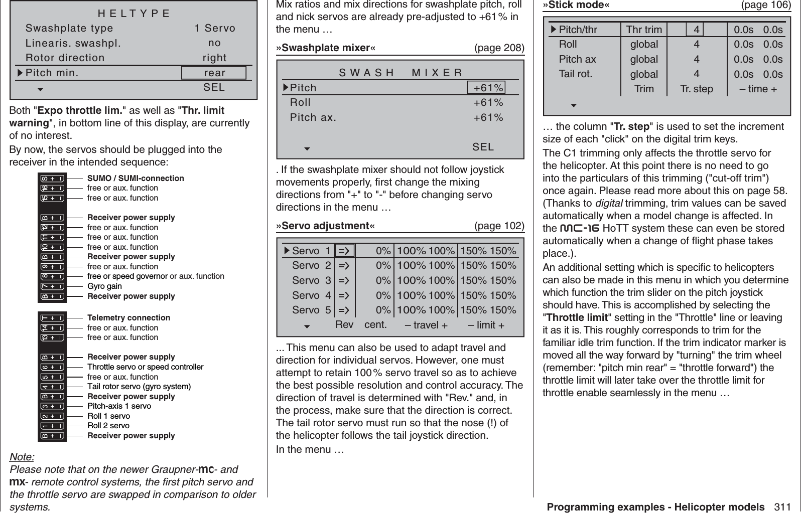 311Programming examples - Helicopter modelsLinearis. swashpl.Swashplate typeno1 ServoRotor direction rightHELTYPEPitch min. rearSELBoth &quot;Expo throttle lim.&quot; as well as &quot;Thr. limit warning&quot;, in bottom line of this display, are currently of no interest.By now, the servos should be plugged into the receiver in the intended sequence:Receiver power supplyReceiver power supply13 14 T 15 16 S77 8910 11 12Receiver power supplyTelemetry connectionReceiver power supplyfree or aux. functionfree or aux. functionSUMO / SUMI-connectionReceiver power supplyReceiver power supplyfree or aux. functionfree or aux. functionfree or aux. functionfree or aux. functionfree or aux. functionfree or aux. functionTail rotor servo (gyro system)Roll 1 servoPitch-axis 1 servofree or speed governor or aux. functionRoll 2 servofree or aux. functionThrottle servo or speed controllerGyro gainNote:Please note that on the newer Graupner-mc- and mx- remote control systems, the ﬁ rst pitch servo and the throttle servo are swapped in comparison to older systems.Mix ratios and mix directions for swashplate pitch, roll and nick servos are already pre-adjusted to +61 % in the menu …»Swashplate mixer«   (page 208)SWASH  MIXERPitchRollPitch ax.+61%+61%+61%SEL. If the swashplate mixer should not follow joystick movements properly, ﬁ rst change the mixing directions from &quot;+&quot; to &quot;-&quot; before changing servo directions in the menu …»Servo adjustment«   (page 102)0% 100%Servo  1Servo  2Servo  3Servo  4Servo  5Rev cent.100%150% 150%– travel + – limit +0% 100%100%150% 150%0% 100%100%150% 150%0% 100%100%150% 150%0% 100%100%150% 150%... This menu can also be used to adapt travel and direction for individual servos. However, one must attempt to retain 100 % servo travel so as to achieve the best possible resolution and control accuracy. The direction of travel is determined with &quot;Rev.&quot; and, in the process, make sure that the direction is correct. The tail rotor servo must run so that the nose (!) of the helicopter follows the tail joystick direction. In the menu …»Stick mode«  (page 106)Thr trimPitch/thrRollPitch axTail rot.Trim0.0sTr. step – time +global 0.0sglobal 0.0sglobal 0.0s0.0s0.0s0.0s0.0s4444… the column &quot;Tr. step&quot; is used to set the increment size of each &quot;click&quot; on the digital trim keys. The C1 trimming only affects the throttle servo for the helicopter. At this point there is no need to go into the particulars of this trimming (&quot;cut-off trim&quot;) once again. Please read more about this on page 58. (Thanks to digital trimming, trim values can be saved automatically when a model change is affected. In the mc-16 HoTT system these can even be stored automatically when a change of ﬂ ight phase takes place.).An additional setting which is speciﬁ c to helicopters can also be made in this menu in which you determine which function the trim slider on the pitch joystick should have. This is accomplished by selecting the &quot;Throttle limit&quot; setting in the &quot;Throttle&quot; line or leaving it as it is. This roughly corresponds to trim for the familiar idle trim function. If the trim indicator marker is moved all the way forward by &quot;turning&quot; the trim wheel (remember: &quot;pitch min rear&quot; = &quot;throttle forward&quot;) the throttle limit will later take over the throttle limit for throttle enable seamlessly in the menu …