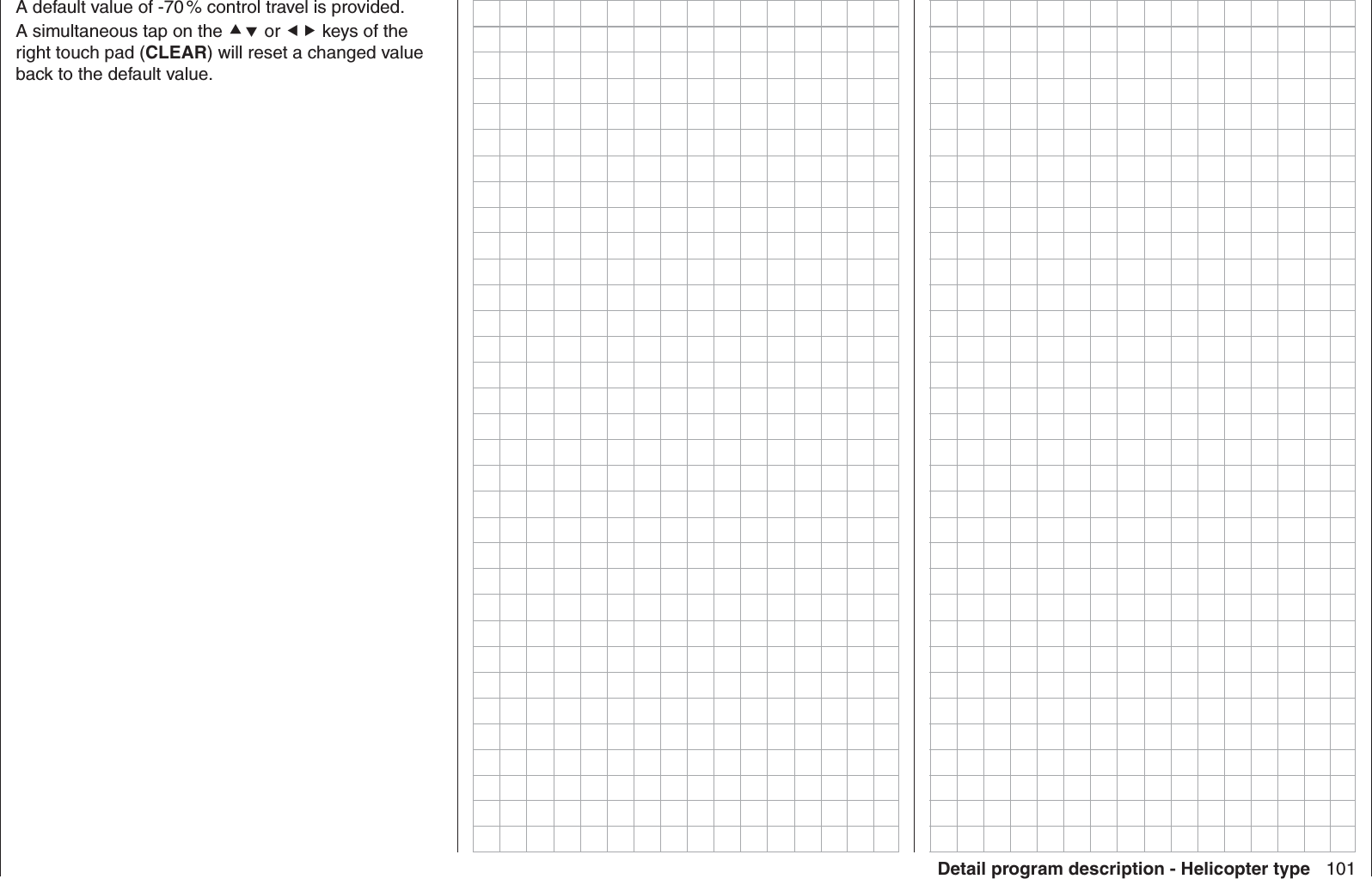 101Detail program description - Helicopter typeA default value of -70 % control travel is provided.A simultaneous tap on the  or  keys of the right touch pad (CLEAR) will reset a changed value back to the default value.