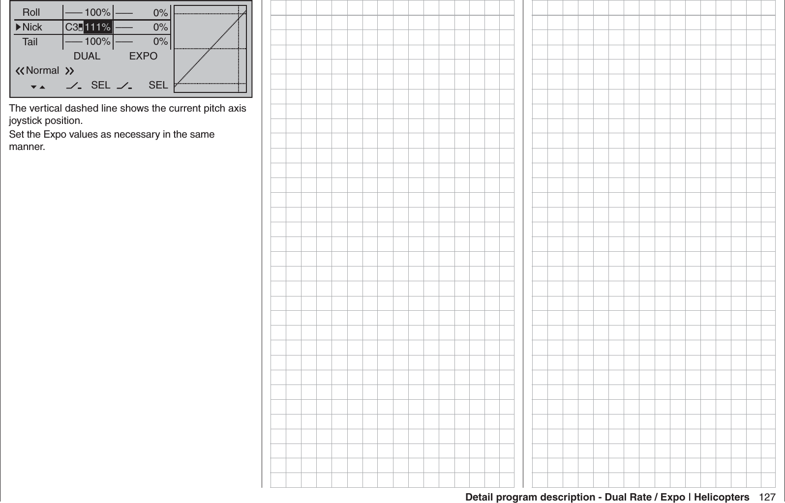 127Detail program description - Dual Rate / Expo | Helicopters0%0%0%RollNickTailDUAL––––––SEL–––––––––100%111%100%EXPOSELC3NormalThe vertical dashed line shows the current pitch axis joystick position. Set the Expo values as necessary in the same manner.