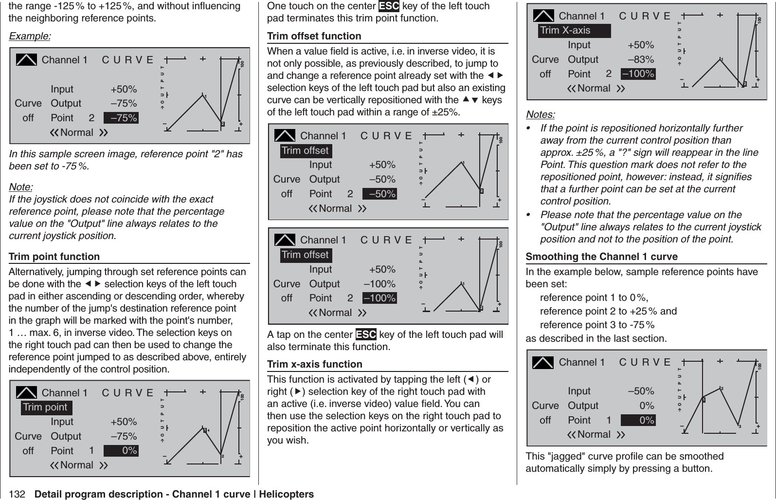 132 Detail program description - Channel 1 curve | Helicoptersthe range -125 % to +125 %, and without inﬂ uencing the neighboring reference points.Example:Channel 1  C U R V ECurveoff PointOutputInput +50%–75%2+–100O U T P U T1–75%Normal2In this sample screen image, reference point &quot;2&quot; has been set to -75 %.Note:If the joystick does not coincide with the exact reference point, please note that the percentage value on the &quot;Output&quot; line always relates to the current joystick position. Trim point function  Alternatively, jumping through set reference points can be done with the  selection keys of the left touch pad in either ascending or descending order, whereby the number of the jump&apos;s destination reference point in the graph will be marked with the point&apos;s number, 1 … max. 6, in inverse video. The selection keys on the right touch pad can then be used to change the reference point jumped to as described above, entirely independently of the control position.Channel 1  C U R V ECurveoff PointOutputInput +50%–75%1+–100O U T P U T0% 2NormalTrim point1One touch on the center ESC key of the left touch pad terminates this trim point function. Trim offset function  When a value ﬁ eld is active, i.e. in inverse video, it is not only possible, as previously described, to jump to and change a reference point already set with the  selection keys of the left touch pad but also an existing curve can be vertically repositioned with the  keys of the left touch pad within a range of ±25%.Channel 1  C U R V ECurveoff PointOutputInput +50%–50%2+–100O U T P U T–50%1NormalTrim offset2Channel 1  C U R V ECurveoff PointOutputInput +50%–100%2+–100O U T P U T–100%1NormalTrim offset2A tap on the center ESC key of the left touch pad will also terminate this function. Trim x-axis function  This function is activated by tapping the left () or right () selection key of the right touch pad with an active (i.e. inverse video) value ﬁ eld. You can then use the selection keys on the right touch pad to reposition the active point horizontally or vertically as you wish.Channel 1  C U R V ECurveoff PointOutputInput +50%–83%2+–100O U T P U T–100%1NormalTrim X-axis2Notes:If the point is repositioned horizontally further • away from the current control position than approx. ±25 %, a &quot;?&quot; sign will reappear in the line Point. This question mark does not refer to the repositioned point, however: instead, it signiﬁ es that a further point can be set at the current control position.Please note that the percentage value on the • &quot;Output&quot; line always relates to the current joystick position and not to the position of the point. Smoothing the Channel 1 curveIn the example below, sample reference points have been set: reference point 1 to 0 %,reference point 2 to +25 % andreference point 3 to -75 %as described in the last section.Channel 1  C U R V ECurveoff PointOutputInput –50%0%1+–100O U T P U T0%23Normal1This &quot;jagged&quot; curve proﬁ le can be smoothed automatically simply by pressing a button. 