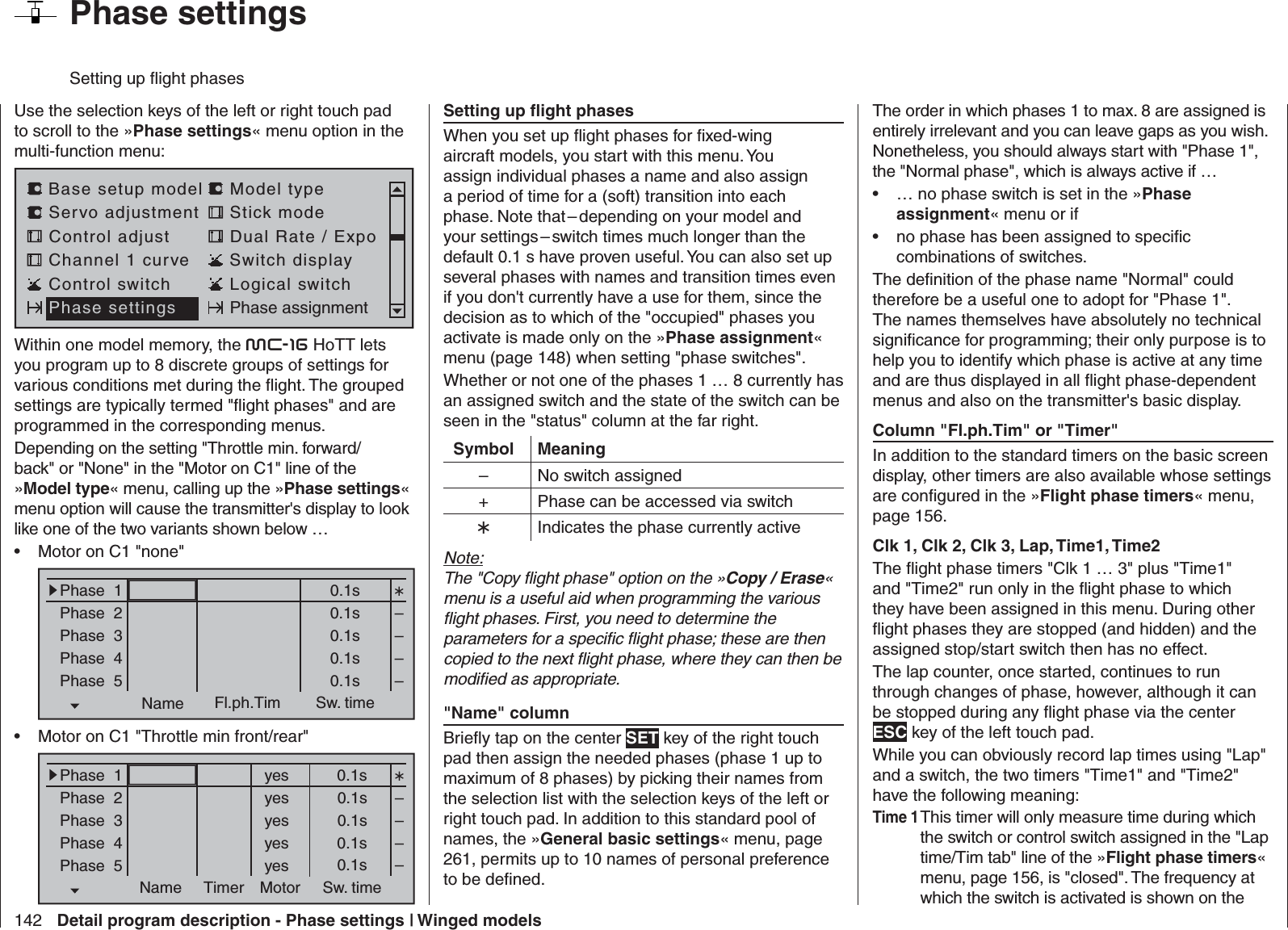 142 Detail program description - Phase settings | Winged models  Phase settings Setting up ﬂ ight phasesSetting up ﬂ ight phasesWhen you set up ﬂ ight phases for ﬁ xed-wing aircraft models, you start with this menu. You assign individual phases a name and also assign a period of time for a (soft) transition into each phase. Note that – depending on your model and your settings – switch times much longer than the default 0.1 s have proven useful. You can also set up several phases with names and transition times even if you don&apos;t currently have a use for them, since the decision as to which of the &quot;occupied&quot; phases you activate is made only on the »Phase assignment« menu (page 148) when setting &quot;phase switches&quot;.Whether or not one of the phases 1 … 8 currently has an assigned switch and the state of the switch can be seen in the &quot;status&quot; column at the far right.Symbol Meaning– No switch assigned+ Phase can be accessed via switchIndicates the phase currently activeNote:The &quot;Copy ﬂ ight phase&quot; option on the »Copy / Erase« menu is a useful aid when programming the various ﬂ ight phases. First, you need to determine the parameters for a speciﬁ c ﬂ ight phase; these are then copied to the next ﬂ ight phase, where they can then be modiﬁ ed as appropriate.&quot;Name&quot; columnBrieﬂ y tap on the center SET key of the right touch pad then assign the needed phases (phase 1 up to maximum of 8 phases) by picking their names from the selection list with the selection keys of the left or right touch pad. In addition to this standard pool of names, the »General basic settings« menu, page 261, permits up to 10 names of personal preference to be deﬁ ned.Use the selection keys of the left or right touch pad to scroll to the »Phase settings« menu option in the multi-function menu: Servo adjustment Stick modeControl adjust Dual Rate / ExpoChannel 1 curve Switch displayBase setup model Model typeControl switch Logical switchPhase settings Phase assignmentWithin one model memory, the mc-16 HoTT lets you program up to 8 discrete groups of settings for various conditions met during the ﬂ ight. The grouped settings are typically termed &quot;ﬂ ight phases&quot; and are programmed in the corresponding menus.Depending on the setting &quot;Throttle min. forward/back&quot; or &quot;None&quot; in the &quot;Motor on C1&quot; line of the »Model type« menu, calling up the »Phase settings« menu option will cause the transmitter&apos;s display to look like one of the two variants shown below …Motor on C1 &quot;none&quot;• Phase  1Phase  2Phase  3Phase  4Phase  50.1s0.1s0.1s0.1s0.1sName Fl.ph.Tim Sw. time––––Motor on C1 &quot;Throttle min front/rear&quot;• Phase  1Phase  2Phase  3Phase  4Phase  5Name Timer Sw. timeMotoryes 0.1syes 0.1syes 0.1syes 0.1syes 0.1s––––The order in which phases 1 to max. 8 are assigned is entirely irrelevant and you can leave gaps as you wish. Nonetheless, you should always start with &quot;Phase 1&quot;, the &quot;Normal phase&quot;, which is always active if …… no phase switch is set in the »•  Phase assignment« menu or ifno phase has been assigned to speciﬁ c • combinations of switches.The deﬁ nition of the phase name &quot;Normal&quot; could therefore be a useful one to adopt for &quot;Phase 1&quot;. The names themselves have absolutely no technical signiﬁ cance for programming; their only purpose is to help you to identify which phase is active at any time and are thus displayed in all ﬂ ight phase-dependent menus and also on the transmitter&apos;s basic display.Column &quot;Fl.ph.Tim&quot; or &quot;Timer&quot;In addition to the standard timers on the basic screen display, other timers are also available whose settings are conﬁ gured in the »Flight phase timers« menu, page 156.Clk 1, Clk 2, Clk 3, Lap, Time1, Time2The ﬂ ight phase timers &quot;Clk 1 … 3&quot; plus &quot;Time1&quot; and &quot;Time2&quot; run only in the ﬂ ight phase to which they have been assigned in this menu. During other ﬂ ight phases they are stopped (and hidden) and the assigned stop/start switch then has no effect.The lap counter, once started, continues to run through changes of phase, however, although it can be stopped during any ﬂ ight phase via the center ESC key of the left touch pad.While you can obviously record lap times using &quot;Lap&quot; and a switch, the two timers &quot;Time1&quot; and &quot;Time2&quot; have the following meaning:Time 1 This timer will only measure time during which the switch or control switch assigned in the &quot;Lap time/Tim tab&quot; line of the »Flight phase timers« menu, page 156, is &quot;closed&quot;. The frequency at which the switch is activated is shown on the 