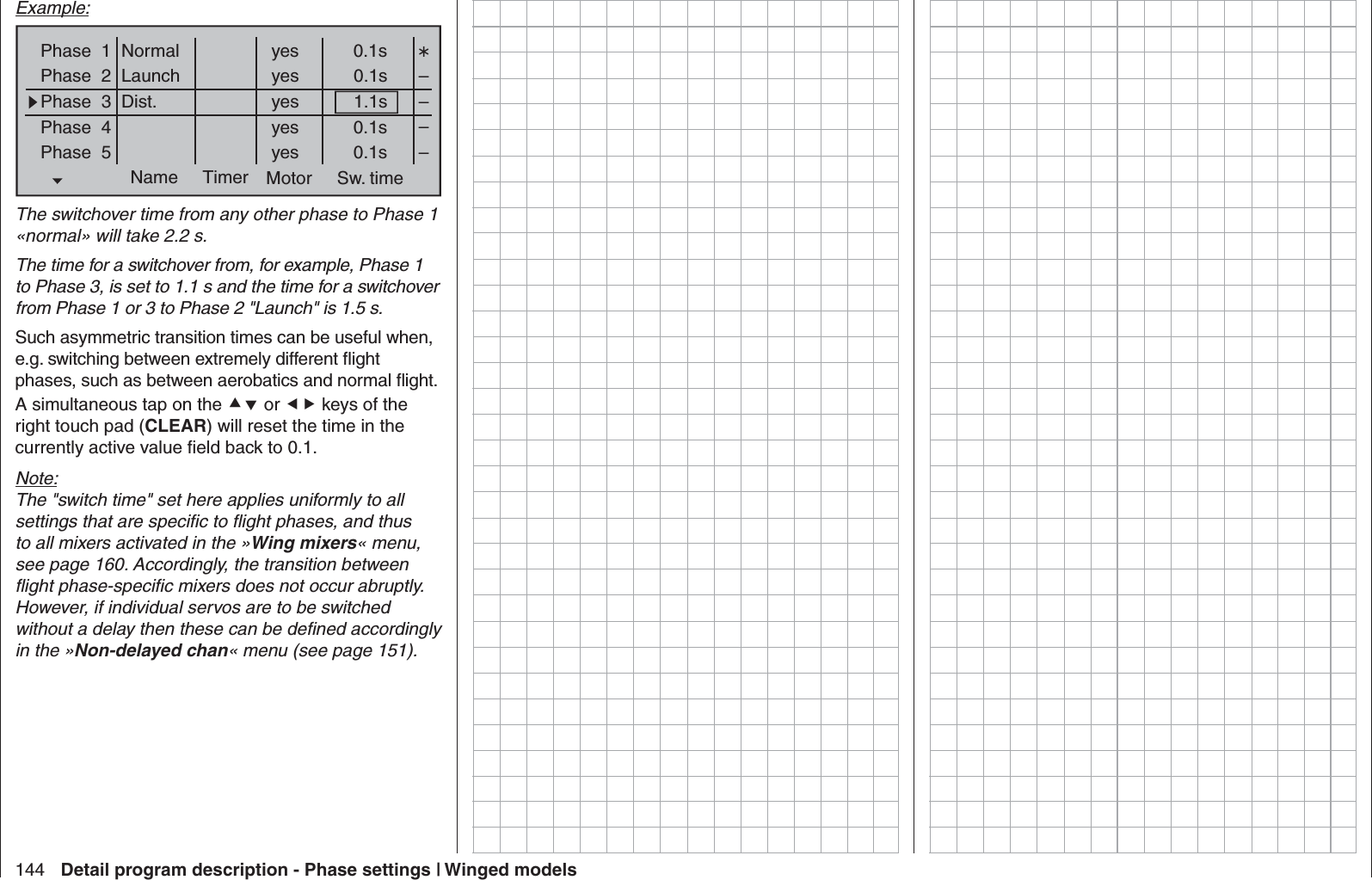 144 Detail program description - Phase settings | Winged modelsExample:Phase  1Phase  2Phase  3Phase  4Phase  5Name Timer Sw. timeMotor0.1syes 0.1syes 1.1syes 0.1syes 0.1s––––NormalLaunchDist.yesThe switchover time from any other phase to Phase 1 «normal» will take 2.2 s. The time for a switchover from, for example, Phase 1 to Phase 3, is set to 1.1 s and the time for a switchover from Phase 1 or 3 to Phase 2 &quot;Launch&quot; is 1.5 s.Such asymmetric transition times can be useful when, e.g. switching between extremely different ﬂ ight phases, such as between aerobatics and normal ﬂ ight.A simultaneous tap on the  or  keys of the right touch pad (CLEAR) will reset the time in the currently active value ﬁ eld back to 0.1.Note:The &quot;switch time&quot; set here applies uniformly to all settings that are speciﬁ c to ﬂ ight phases, and thus to all mixers activated in the »Wing mixers« menu, see page 160. Accordingly, the transition between ﬂ ight phase-speciﬁ c mixers does not occur abruptly. However, if individual servos are to be switched without a delay then these can be deﬁ ned accordingly in the »Non-delayed chan« menu (see page 151).