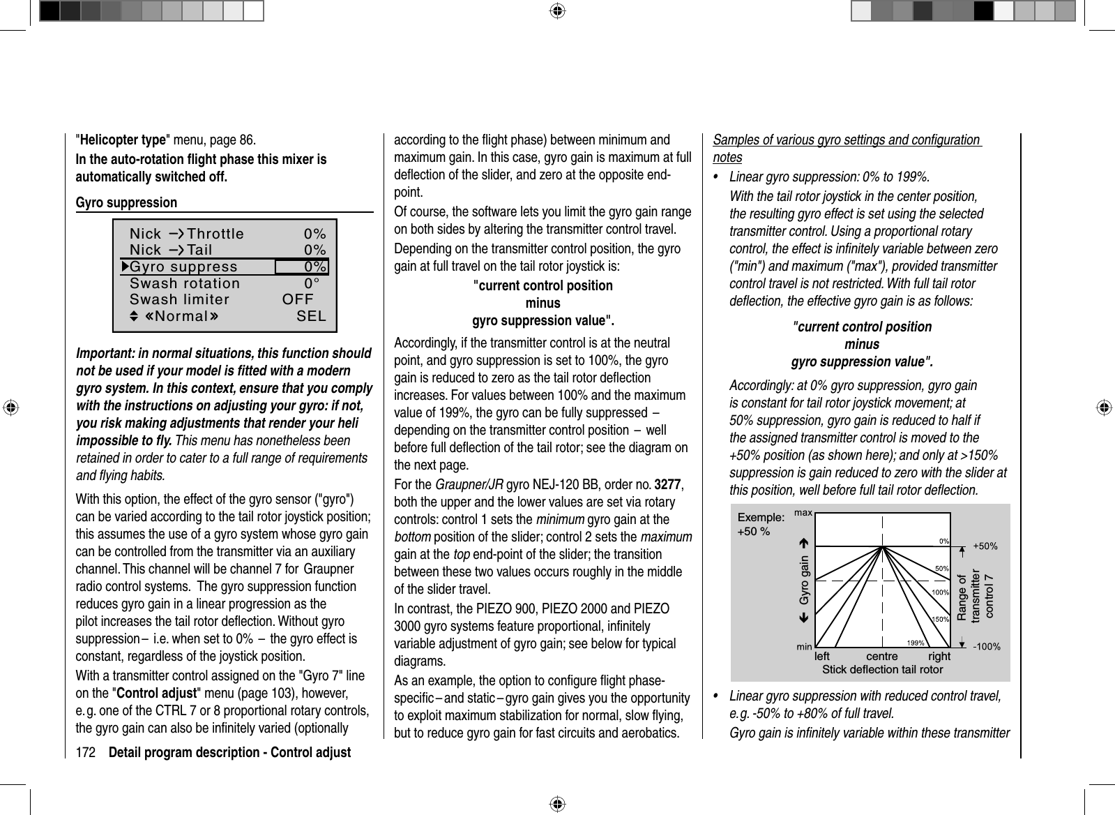 172 Detail program description - Control adjust&quot;Helicopter type&quot; menu, page 86.In the auto-rotation ﬂ ight phase this mixer is automatically switched off. Gyro  suppression0%0%SELNick Throttle0%0°Nick TailSwash rotationSwash limiter OFFNormalGyro suppressImportant: in normal situations, this function should not be used if your model is ﬁ tted with a modern gyro system. In this context, ensure that you comply with the instructions on adjusting your gyro: if not, you risk making adjustments that render your heli impossible to ﬂ y. This menu has nonetheless been retained in order to cater to a full range of requirements and ﬂ ying habits.With this option, the effect of the gyro sensor (&quot;gyro&quot;) can be varied according to the tail rotor joystick position; this assumes the use of a gyro system whose gyro gain can be controlled from the transmitter via an auxiliary channel. This channel will be channel 7 for  Graupner  radio control systems.   The gyro suppression function reduces gyro gain in a linear progression as the pilot increases the tail rotor deﬂ ection. Without gyro suppression –  i.e. when set to 0%  –  the gyro effect is constant, regardless of the joystick position.With a transmitter control assigned on the &quot;Gyro 7&quot; line on the &quot;Control adjust&quot; menu (page 103), however, e. g. one of the CTRL 7 or 8 proportional rotary controls, the gyro gain can also be inﬁ nitely varied (optionally according to the ﬂ ight phase) between minimum and maximum gain. In this case, gyro gain is maximum at full deﬂ ection of the slider, and zero at the opposite end-point.Of course, the software lets you limit the gyro gain range on both sides by altering the transmitter control travel.Depending on the transmitter control position, the gyro gain at full travel on the tail rotor joystick is:&quot;current control positionminusgyro suppression value&quot;.Accordingly, if the transmitter control is at the neutral point, and gyro suppression is set to 100%, the gyro gain is reduced to zero as the tail rotor deﬂ ection increases. For values between 100% and the maximum value of 199%, the gyro can be fully suppressed  –  depending on the transmitter control position  –  well before full deﬂ ection of the tail rotor; see the diagram on the next page.For the Graupner/JR gyro NEJ-120 BB, order no. 3277,both the upper and the lower values are set via rotary controls: control 1 sets the minimum gyro gain at the bottom position of the slider; control 2 sets the maximumgain at the top end-point of the slider; the transition between these two values occurs roughly in the middle of the slider travel. In contrast, the PIEZO 900, PIEZO 2000 and PIEZO 3000 gyro systems feature proportional, inﬁ nitely variable adjustment of gyro gain; see below for typical diagrams.As an example, the option to conﬁ gure ﬂ ight phase-speciﬁ c – and static – gyro gain gives you the opportunity to exploit maximum stabilization for normal, slow ﬂ ying, but to reduce gyro gain for fast circuits and aerobatics.Samples of various gyro settings and conﬁ guration notesLinear gyro suppression: 0% to 199%. •With the tail rotor joystick in the center position, the resulting gyro effect is set using the selected transmitter control. Using a proportional rotary control, the effect is inﬁ nitely variable between zero (&quot;min&quot;) and maximum (&quot;max&quot;), provided transmitter control travel is not restricted. With full tail rotor deﬂ ection, the effective gyro gain is as follows:&quot;current control position minus gyro suppression value&quot;.Accordingly: at 0% gyro suppression, gyro gain is constant for tail rotor joystick movement; at 50% suppression, gyro gain is reduced to half if the assigned transmitter control is moved to the +50% position (as shown here); and only at &gt;150% suppression is gain reduced to zero with the slider at this position, well before full tail rotor deﬂ ection. Exemple:+50 %Í Gyro gain  ÎleftStick deflection tail rotorcentre rightRange of transmittercontrol 7Linear gyro suppression with reduced control travel, •e. g. -50% to +80% of full travel. Gyro gain is inﬁ nitely variable within these transmitter 