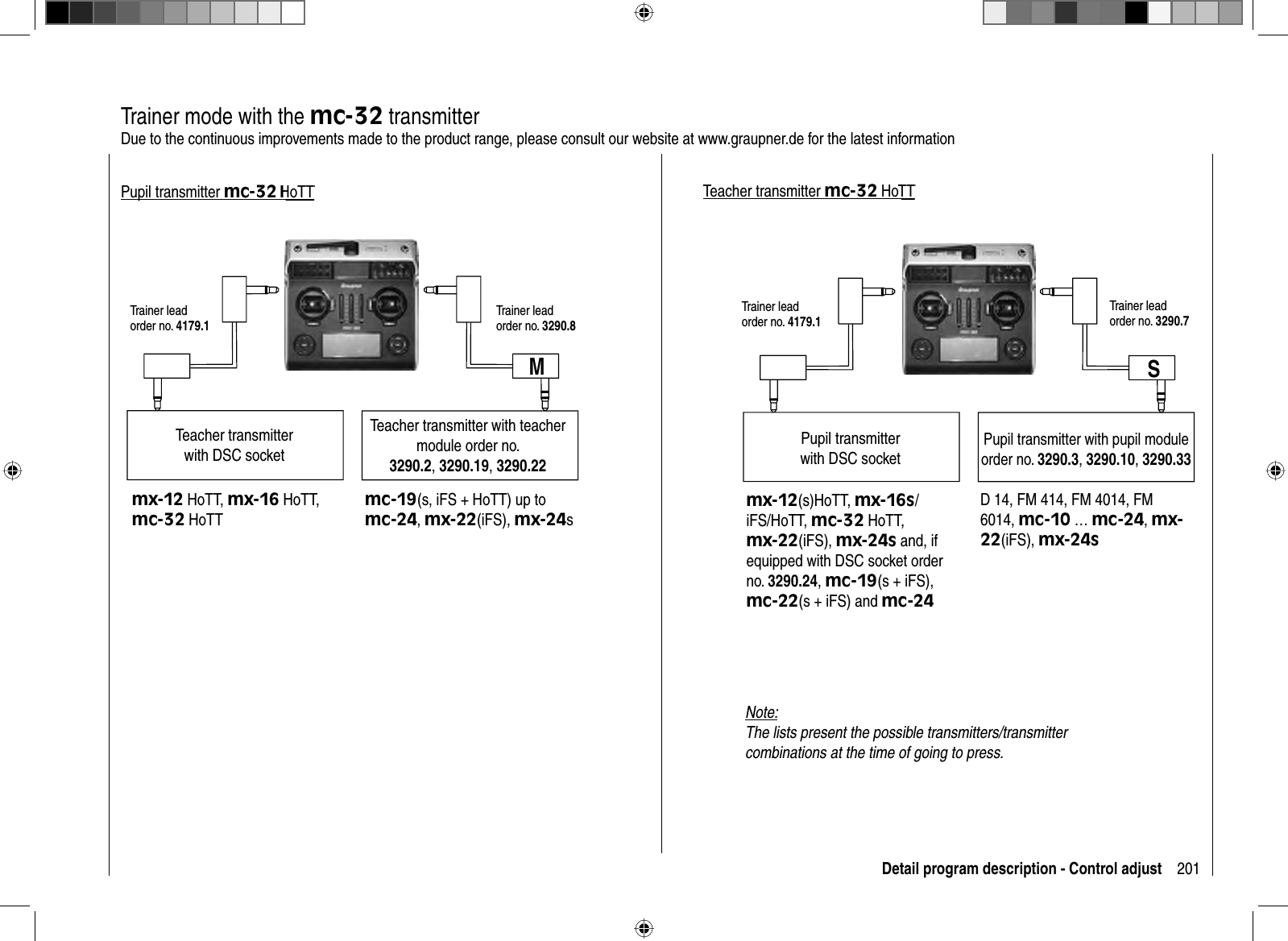 201Detail program description - Control adjust  Trainer mode with the mc-32 transmitterDue to the continuous improvements made to the product range, please consult our website at www.graupner.de for the latest informationTeacher transmitterwith DSC socketTeacher transmitter with teacher module order no. 3290.2,3290.19,3290.22Trainer lead order no. 4179.1Trainer lead order no. 3290.8MPupil transmitter mc-32 HoTT mx-12 HoTT, mx-16 HoTT, mc-32 HoTTmc-19(s, iFS + HoTT) up to mc-24,mx-22(iFS), mx-24sPupil transmitter with DSC socketPupil transmitter with pupil moduleorder no. 3290.3,3290.10,3290.33Trainer lead order no. 4179.1Trainer lead order no. 3290.7D 14, FM 414, FM 4014, FM 6014, mc-10 … mc-24,mx-22(iFS), mx-24sSTeacher transmitter mc-32 HoTTmx-12(s)HoTT, mx-16s/iFS/HoTT, mc-32 HoTT, mx-22(iFS), mx-24s and, if equipped with DSC socket order no. 3290.24,mc-19(s + iFS), mc-22(s + iFS) and mc-24Note:The lists present the possible transmitters/transmitter combinations at the time of going to press. HoTT TT