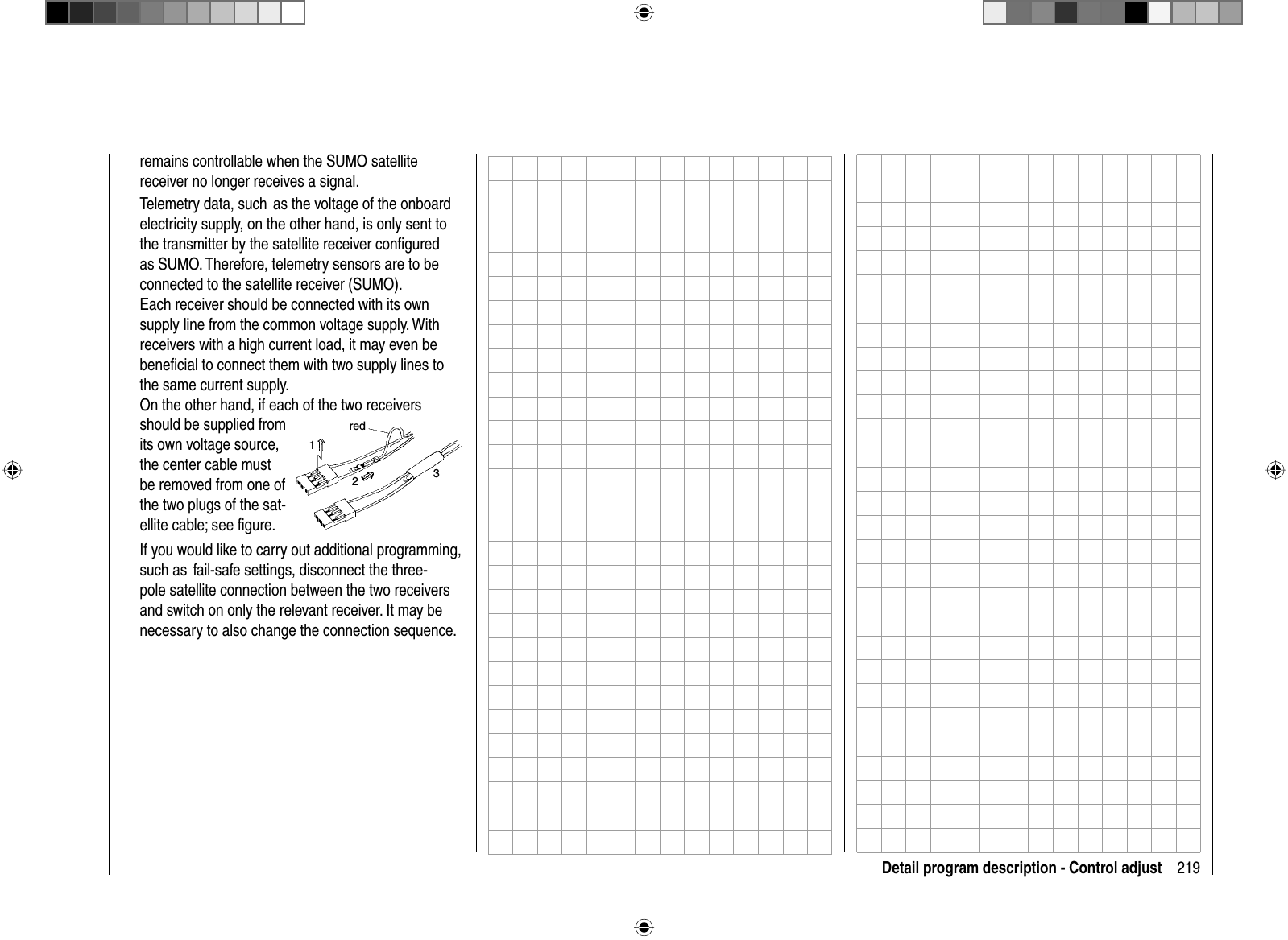 219Detail program description - Control adjustremains controllable when the SUMO satellite receiver no longer receives a signal.Telemetry data, such  as the voltage of the onboard electricity supply, on the other hand, is only sent to the transmitter by the satellite receiver conﬁ gured as SUMO. Therefore, telemetry sensors are to be connected to the satellite receiver (SUMO).Each receiver should be connected with its own supply line from the common voltage supply. With receivers with a high current load, it may even be beneﬁ cial to connect them with two supply lines to the same current supply. On the other hand, if each of the two receivers should be supplied from its own voltage source, the center cable must be removed from one of the two plugs of the sat-ellite cable; see ﬁ gure.red123If you would like to carry out additional programming, such as  fail-safe settings, disconnect the three-pole satellite connection between the two receivers and switch on only the relevant receiver. It may be necessary to also change the connection sequence.