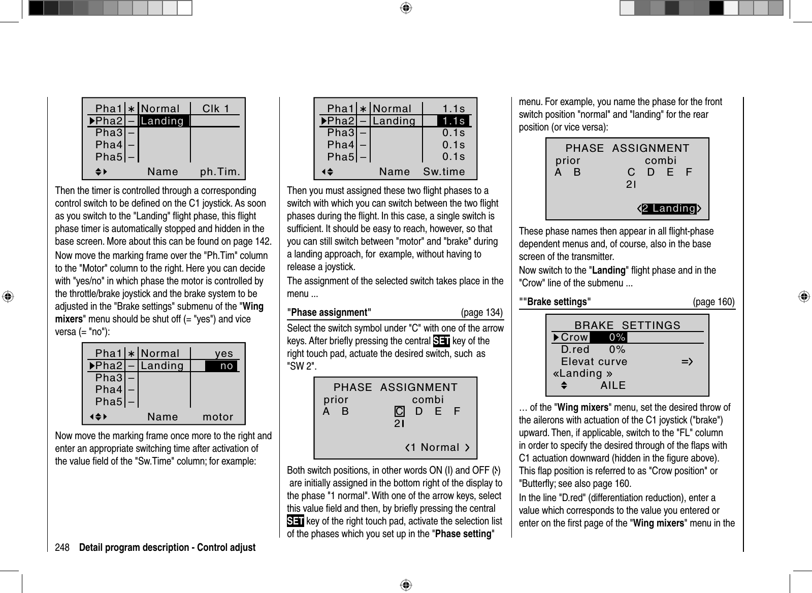 248 Detail program description - Control adjustmenu. For example, you name the phase for the front switch position &quot;normal&quot; and &quot;landing&quot; for the rear position (or vice versa):PHASE  ASSIGNMENTA   B C   D   E   F 2priorcombi2 LandingThese phase names then appear in all ﬂ ight-phase dependent menus and, of course, also in the base screen of the transmitter.Now switch to the &quot;Landing&quot; ﬂ ight phase and in the &quot;Crow&quot; line of the submenu ...&quot;&quot;Brake settings&quot; (page 160)Elevat curveBRAKE  SETTINGSAILECrowD.red 0%0%0%0%0%WK WK2Landing0%… of the &quot;Wing mixers&quot; menu, set the desired throw of the ailerons with actuation of the C1 joystick (&quot;brake&quot;) upward. Then, if applicable, switch to the &quot;FL&quot; column in order to specify the desired through of the ﬂ aps with C1 actuation downward (hidden in the ﬁ gure above). This ﬂ ap position is referred to as &quot;Crow position&quot; or &quot;Butterﬂ y; see also page 160.In the line &quot;D.red&quot; (differentiation reduction), enter a value which corresponds to the value you entered or enter on the ﬁ rst page of the &quot;Wing mixers&quot; menu in the Pha1Pha2Pha3Name Sw.timePha4Pha5NormalStrecke––––¾Landing1.1s0.1s0.1s0.1s1.1sThen you must assigned these two ﬂ ight phases to a switch with which you can switch between the two ﬂ ight phases during the ﬂ ight. In this case, a single switch is sufﬁ cient. It should be easy to reach, however, so that you can still switch between &quot;motor&quot; and &quot;brake&quot; during a landing approach, for  example, without having to release a joystick.The assignment of the selected switch takes place in the menu ...&quot;Phase assignment&quot;  (page 134)Select the switch symbol under &quot;C&quot; with one of the arrow keys. After brieﬂ y pressing the central SET key of the right touch pad, actuate the desired switch, such  as &quot;SW 2&quot;.PHASE  ASSIGNMENTA   B C   D   E   F 1 Normal2priorcombiBoth switch positions, in other words ON (I) and OFF ( ) are initially assigned in the bottom right of the display to the phase &quot;1 normal&quot;. With one of the arrow keys, select this value ﬁ eld and then, by brieﬂ y pressing the central SET key of the right touch pad, activate the selection list of the phases which you set up in the &quot;Phase setting&quot;Pha1Pha2Pha3Name ph.Tim.Pha4Pha5NormalStrecke––––¾Clk 1LandingThen the timer is controlled through a corresponding control switch to be deﬁ ned on the C1 joystick. As soon as you switch to the &quot;Landing&quot; ﬂ ight phase, this ﬂ ight phase timer is automatically stopped and hidden in the base screen. More about this can be found on page 142.Now move the marking frame over the &quot;Ph.Tim&quot; column to the &quot;Motor&quot; column to the right. Here you can decide with &quot;yes/no&quot; in which phase the motor is controlled by the throttle/brake joystick and the brake system to be adjusted in the &quot;Brake settings&quot; submenu of the &quot;Wingmixers&quot; menu should be shut off (= &quot;yes&quot;) and vice  versa (= &quot;no&quot;):Pha1Pha2Pha3Name motorPha4Pha5NormalStrecke––––¾yesLanding noNow move the marking frame once more to the right and enter an appropriate switching time after activation of the value ﬁ eld of the &quot;Sw.Time&quot; column; for example: