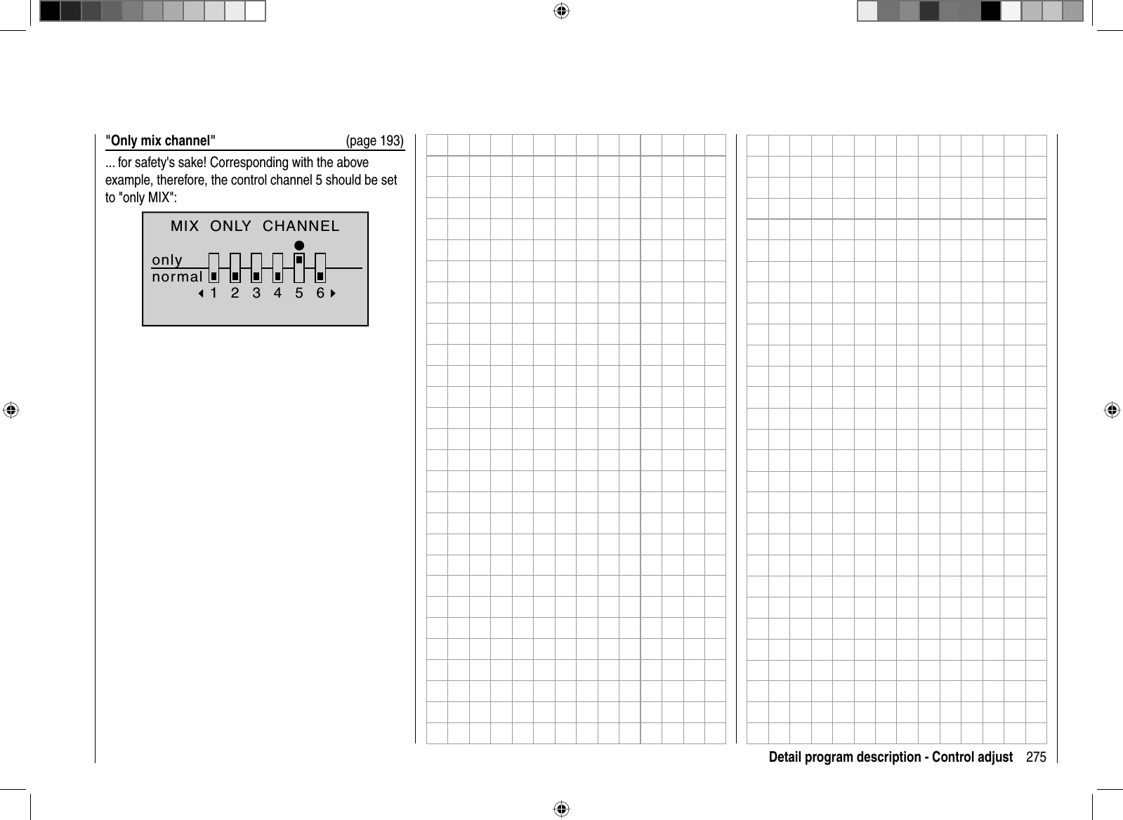 275Detail program description - Control adjust&quot;Only mix channel&quot;  (page 193)... for safety&apos;s sake! Corresponding with the above example, therefore, the control channel 5 should be set to &quot;only MIX&quot;:MIX  ONLY  CHANNELonlynormal123456