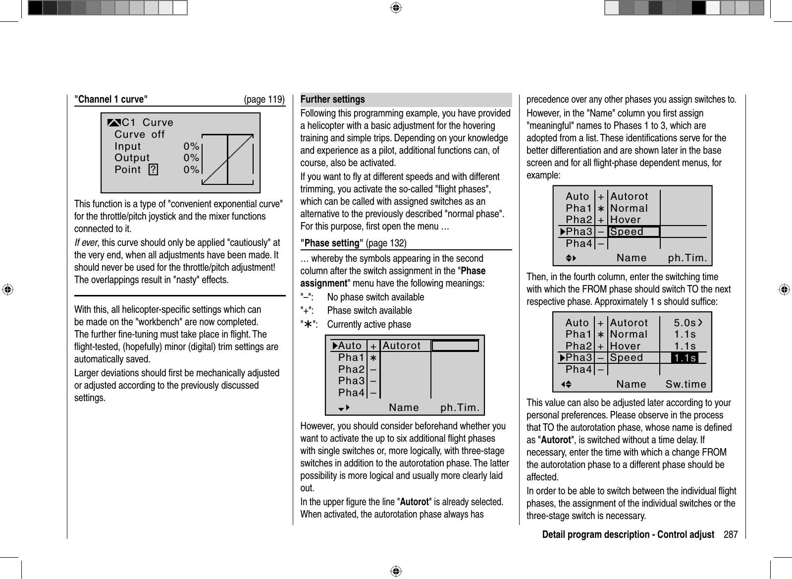 287Detail program description - Control adjust&quot;Channel 1 curve&quot;  (page 119)InputOutputPoint ?0%0%0%C1normalCurveCurve offThis function is a type of &quot;convenient exponential curve&quot; for the throttle/pitch joystick and the mixer functions connected to it.If ever, this curve should only be applied &quot;cautiously&quot; at the very end, when all adjustments have been made. It should never be used for the throttle/pitch adjustment! The overlappings result in &quot;nasty&quot; effects.With this, all helicopter-speciﬁ c settings which can be made on the &quot;workbench&quot; are now completed. The further ﬁ ne-tuning must take place in ﬂ ight. The ﬂ ight-tested, (hopefully) minor (digital) trim settings are automatically saved. Larger deviations should ﬁ rst be mechanically adjusted or adjusted according to the previously discussed settings.Further settingsFollowing this programming example, you have provided a helicopter with a basic adjustment for the hovering training and simple trips. Depending on your knowledge and experience as a pilot, additional functions can, of course, also be activated. If you want to ﬂ y at different speeds and with different trimming, you activate the so-called &quot;ﬂ ight phases&quot;, which can be called with assigned switches as an alternative to the previously described &quot;normal phase&quot;. For this purpose, ﬁ rst open the menu …&quot;Phase setting&quot; (page 132)… whereby the symbols appearing in the second column after the switch assignment in the &quot;Phaseassignment&quot; menu have the following meanings:&quot;–&quot;:  No phase switch available&quot;+&quot;:  Phase switch available&quot;¾&quot;:   Currently active phasePha1Pha2Pha3Name ph.Tim.Pha4Autorot–––+Auto¾However, you should consider beforehand whether you want to activate the up to six additional ﬂ ight phases with single switches or, more logically, with three-stage switches in addition to the autorotation phase. The latter possibility is more logical and usually more clearly laid out.In the upper ﬁ gure the line &quot;Autorot&quot; is already selected. When activated, the autorotation phase always has precedence over any other phases you assign switches to. However, in the &quot;Name&quot; column you ﬁ rst assign &quot;meaningful&quot; names to Phases 1 to 3, which are adopted from a list. These identiﬁ cations serve for the better differentiation and are shown later in the base screen and for all ﬂ ight-phase dependent menus, for example:Pha1Pha2Pha3Name ph.Tim.Pha4¾++NormalHover––0.1s0.1s0.1s0.1s0.1sSpeedAutorotAutoThen, in the fourth column, enter the switching time with which the FROM phase should switch TO the next respective phase. Approximately 1 s should sufﬁ ce:Pha1Pha2Pha3Name Sw.timePha4¾++NormalHover––1.1s1.1s5.0s0.1sSpeedAutorotAuto1.1sThis value can also be adjusted later according to your personal preferences. Please observe in the process that TO the autorotation phase, whose name is deﬁ ned as &quot;Autorot&quot;, is switched without a time delay. If necessary, enter the time with which a change FROM the autorotation phase to a different phase should be affected.In order to be able to switch between the individual ﬂ ight phases, the assignment of the individual switches or the three-stage switch is necessary.