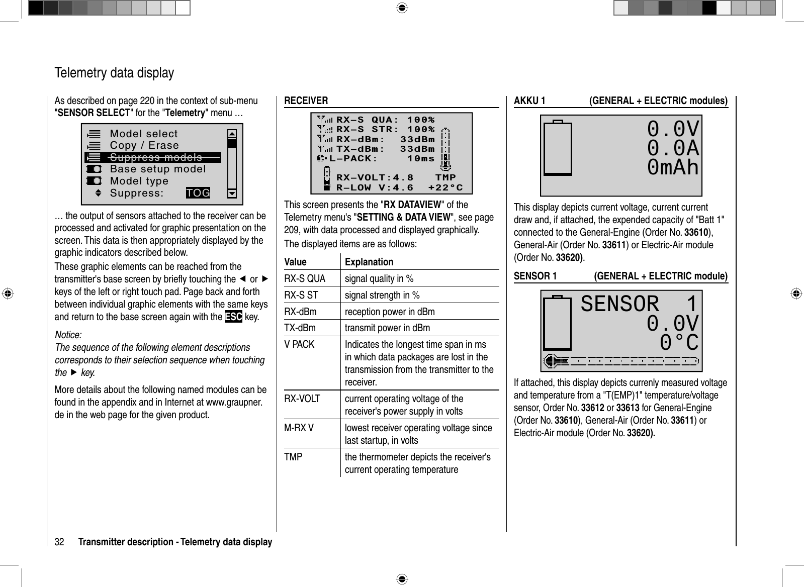 32 Transmitter description - Telemetry data displayAs described on page 220 in the context of sub-menu &quot;SENSOR SELECT&quot; for the &quot;Telemetry&quot; menu …Model selectBase setup modelModel typeCopy / EraseSuppress modelsSuppress: TOG… the output of sensors attached to the receiver can be processed and activated for graphic presentation on the screen. This data is then appropriately displayed by the graphic indicators described below. These graphic elements can be reached from the transmitter&apos;s base screen by brieﬂ y touching the e or fkeys of the left or right touch pad. Page back and forth between individual graphic elements with the same keys and return to the base screen again with the ESC key. Notice:The sequence of the following element descriptions corresponds to their selection sequence when touching the f key.More details about the following named modules can be found in the appendix and in Internet at www.graupner.de in the web page for the given product.RECEIVERRX–S QUA: 100%RX–S STR: 100%TX–dBm:  33dBmRX–dBm:  33dBmRX–VOLT:4.8   TMPL–PACK:    10msCH OUTPUT TYPE:ONCER–LOW V:4.6  +22°CThis screen presents the &quot;RX DATAVIEW&quot; of the Telemetry menu&apos;s &quot;SETTING &amp; DATA VIEW&quot;, see page 209, with data processed and displayed graphically. The displayed items are as follows:Value ExplanationRX-S QUA signal quality in %RX-S ST signal strength in %RX-dBm reception power in dBmTX-dBm transmit power in dBmV PACK Indicates the longest time span in ms in which data packages are lost in the transmission from the transmitter to the receiver.RX-VOLT current operating voltage of the receiver&apos;s power supply in voltsM-RX V lowest receiver operating voltage since last startup, in voltsTMP the thermometer depicts the receiver&apos;s current operating temperatureAKKU 1   (GENERAL + ELECTRIC modules)0.0V0.0A0mAhThis display depicts current voltage, current current draw and, if attached, the expended capacity of &quot;Batt 1&quot; connected to the General-Engine (Order No. 33610),General-Air (Order No. 33611) or Electric-Air module (Order No. 33620).SENSOR 1  (GENERAL + ELECTRIC module)0.0V0°CSENSOR  1If attached, this display depicts currenly measured voltage and temperature from a &quot;T(EMP)1&quot; temperature/voltage sensor, Order No. 33612 or 33613 for General-Engine (Order No. 33610), General-Air (Order No. 33611) or Electric-Air module (Order No. 33620).  Telemetry  data  display