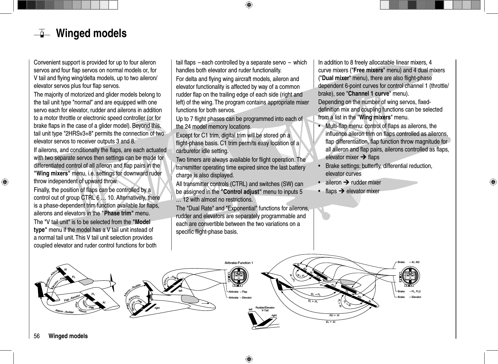 56 Winged models  Winged  modelsConvenient support is provided for up to four aileron servos and four ﬂ ap servos on normal models or, for V tail and ﬂ ying wing/delta models, up to two aileron/elevator servos plus four ﬂ ap servos. The majority of motorized and glider models belong to the tail unit type &quot;normal&quot; and are equipped with one servo each for elevator, rudder and ailerons in addition to a motor throttle or electronic speed controller (or for brake ﬂ aps in the case of a glider model). Beyond this, tail unit type &quot;2HRSv3+8&quot; permits the connection of two elevator servos to receiver outputs 3 and 8.If ailerons, and conditionally the ﬂ aps, are each actuated with two separate servos then settings can be made for differentiated control of all aileron and ﬂ ap pairs in the &quot;Wing mixers&quot; menu, i.e. settings for downward ruder throw independent of upward throw. Finally, the position of ﬂ aps can be controlled by a control out of group CTRL 6 … 10. Alternatively, there is a phase-dependent trim function available for ﬂ aps, ailerons and elevators in the &quot;Phase trim&quot; menu.The &quot;V tail unit&quot; is to be selected from the &quot;Modeltype&quot; menu if the model has a V tail unit instead of a normal tail unit. This V tail unit selection provides coupled elevator and ruder control functions for both tail ﬂ aps  – each controlled by a separate servo  –  which handles both elevator and ruder functionality.For delta and ﬂ ying wing aircraft models, aileron and elevator functionality is affected by way of a common rudder ﬂ ap on the trailing edge of each side (right and left) of the wing. The program contains appropriate mixer functions for both servos.Up to 7 ﬂ ight phases can be programmed into each of the 24 model memory locations. Except for C1 trim, digital trim will be stored on a ﬂ ight-phase basis. C1 trim permits easy location of a carburetor idle setting.Two timers are always available for ﬂ ight operation. The transmitter operating time expired since the last battery charge is also displayed.All transmitter controls (CTRL) and switches (SW) can be assigned in the &quot;Control adjust&quot; menu to inputs 5 … 12 with almost no restrictions.The &quot;Dual Rate&quot; and &quot;Exponential&quot; functions for ailerons, rudder and elevators are separately programmable and each are convertible between the two variations on a speciﬁ c ﬂ ight-phase basis.In addition to 8 freely allocatable linear mixers, 4 curve mixers (&quot;Free mixers&quot; menu) and 4 dual mixers (&quot;Dual mixer&quot; menu), there are also ﬂ ight-phase dependent 6-point curves for control channel 1 (throttle/brake), see &quot;Channel 1 curve&quot; menu).Depending on the number of wing servos, ﬁ xed-deﬁ nition mix and coupling functions can be selected from a list in the &quot;Wing mixers&quot; menu.Multi-ﬂ ap menu: control of ﬂ aps as ailerons, the •inﬂ uence aileron trim on ﬂ aps controlled as ailerons, ﬂ ap differentiation, ﬂ ap function throw magnitude for all aileron and ﬂ ap pairs, ailerons controlled as ﬂ aps, elevator mixer ¼ ﬂ apsBrake settings: butterﬂ y, differential reduction, •elevator curvesaileron •  ¼ rudder mixerﬂ aps •¼ elevator mixerElevatorFlapFlapElevatorFlapAileronAileronFlapAileronRudderElevatorAileronleftrightElevatorFlapFlapElevatorAileronRudderAileronFlapAirbrake   FlapAirbrake   ElevatorAirbrake-Function 1leftrightRudder/ElevatorV-TailAIFLFLAIBrake   FL, FL2Brake    ElevatorBrake   AI, AI2AIFLFL2AIFLFL2AI2FLJAIFLIAIELIFLRU I AIEL I AIELJFLAI2AIJFLAIIFL