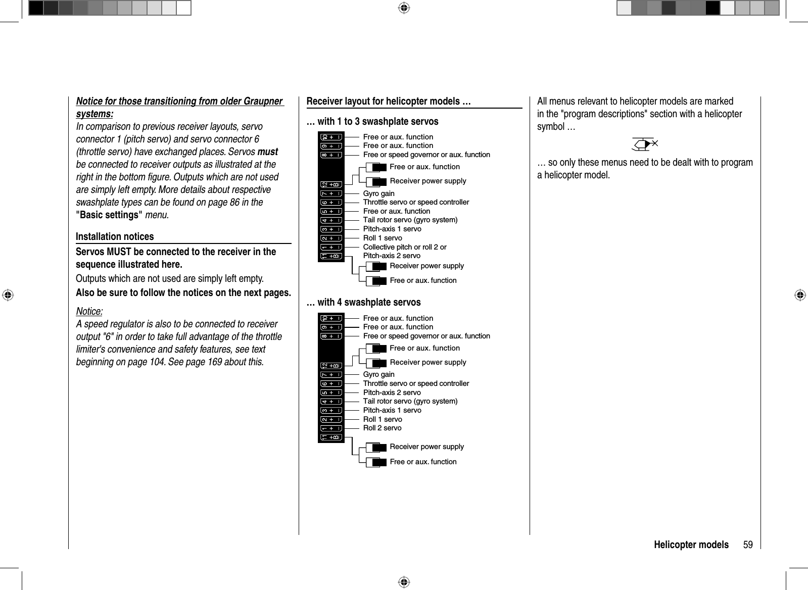 59Helicopter modelsNotice for those transitioning from older Graupner systems:In comparison to previous receiver layouts, servo connector 1 (pitch servo) and servo connector 6 (throttle servo) have exchanged places. Servos mustbe connected to receiver outputs as illustrated at the right in the bottom ﬁ gure. Outputs which are not used are simply left empty. More details about respective swashplate types can be found on page 86 in the &quot;Basic settings&quot; menu.Installation noticesServos MUST be connected to the receiver in the sequence illustrated here. Outputs which are not used are simply left empty. Also be sure to follow the notices on the next pages.Notice:A speed regulator is also to be connected to receiver output &quot;6&quot; in order to take full advantage of the throttle limiter&apos;s convenience and safety features, see text beginning on page 104. See page 169 about this.  Receiver layout for helicopter models …… with 1 to 3 swashplate servosReceiver power supplyFree or aux. functionFree or aux. functionTail rotor servo (gyro system)Roll 1 servoPitch-axis 1 servoFree or speed governor or aux. functionReceiver power supplyCollective pitch or roll 2 or Pitch-axis 2 servoFree or aux. functionThrottle servo or speed controllerGyro gainFree or aux. functionFree or aux. function… with 4 swashplate servosReceiver power supplyFree or aux. functionFree or aux. functionTail rotor servo (gyro system)Roll 1 servoPitch-axis 1 servoFree or speed governor or aux. functionReceiver power supplyRoll 2 servoPitch-axis 2 servoThrottle servo or speed controllerGyro gainFree or aux. functionFree or aux. functionAll menus relevant to helicopter models are marked in the &quot;program descriptions&quot; section with a helicopter symbol …… so only these menus need to be dealt with to program a helicopter model.