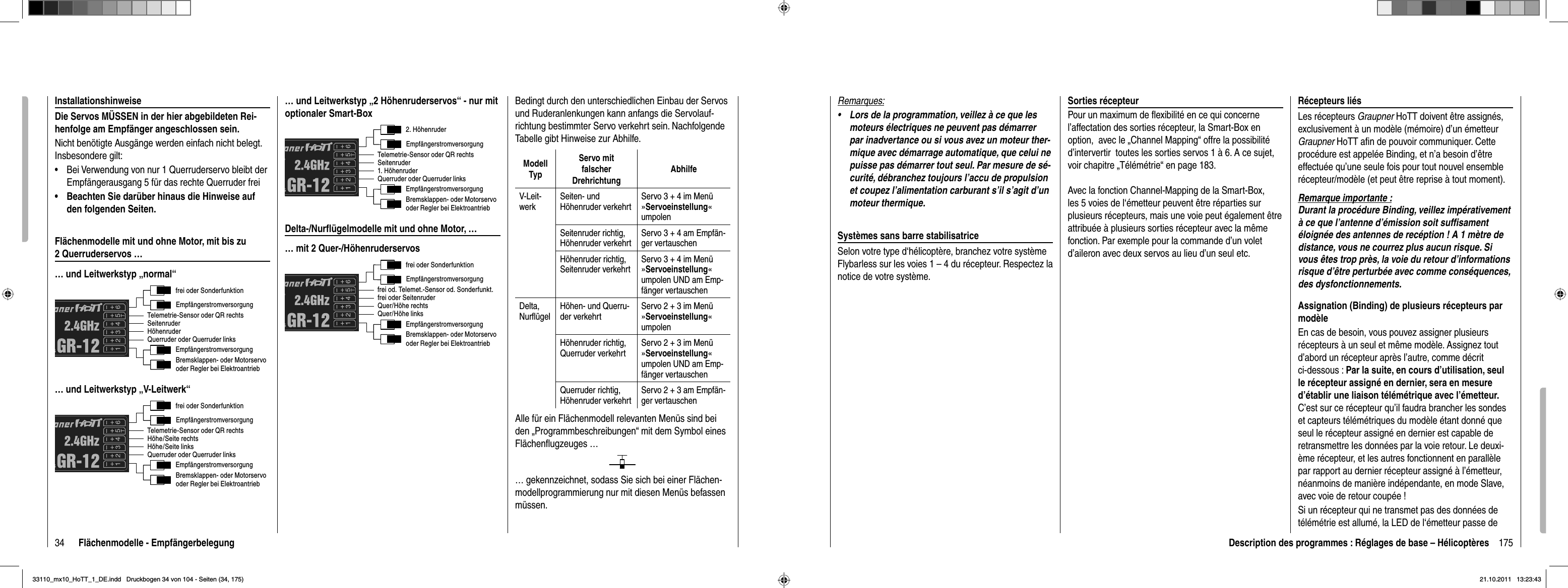 34 Flächenmodelle - EmpfängerbelegungInstallationshinweiseDie Servos MÜSSEN in der hier abgebildeten Rei-henfolge am Empfänger angeschlossen sein. Nicht benötigte Ausgänge werden einfach nicht belegt. Insbesondere gilt: Bei Verwendung von nur 1 Querruderservo bleibt der •Empfängerausgang 5 für das rechte Querruder frei Beachten Sie darüber hinaus die Hinweise auf •den folgenden Seiten.Flächenmodelle mit und ohne Motor, mit bis zu 2 Querruderservos …… und Leitwerkstyp „normal“frei oder SonderfunktionSeitenruderQuerruder oder Querruder linksHöhenruderTelemetrie-Sensor oder QR rechtsEmpfängerstromversorgungEmpfängerstromversorgungBremsklappen- oder Motorservooder Regler bei Elektroantrieb… und Leitwerkstyp „V-Leitwerk“frei oder SonderfunktionHöhe/Seite rechtsQuerruder oder Querruder linksHöhe/Seite linksTelemetrie-Sensor oder QR rechtsEmpfängerstromversorgungEmpfängerstromversorgungBremsklappen- oder Motorservooder Regler bei Elektroantrieb… und Leitwerkstyp „2 Höhenruderservos“ - nur mit optionaler Smart-Box2. HöhenruderSeitenruderQuerruder oder Querruder links1. HöhenruderTelemetrie-Sensor oder QR rechtsEmpfängerstromversorgungEmpfängerstromversorgungBremsklappen- oder Motorservooder Regler bei ElektroantriebDelta-/Nurﬂ ügelmodelle mit und ohne Motor, …… mit 2 Quer-/Höhenruderservosfrei oder Sonderfunktionfrei oder SeitenruderQuer/Höhe linksQuer/Höhe rechtsfrei od. Telemet.-Sensor od. Sonderfunkt.EmpfängerstromversorgungEmpfängerstromversorgungBremsklappen- oder Motorservooder Regler bei ElektroantriebBedingt durch den unterschiedlichen Einbau der Servos und Ruderanlenkungen kann anfangs die Servolauf-richtung bestimmter Servo verkehrt sein. Nachfolgende Tabelle gibt Hinweise zur Abhilfe.ModellTypServo mit falscherDrehrichtungAbhilfeV-Leit-werkSeiten- und Hö henruder  verkehrtServo 3 + 4 im Menü »Servoeinstellung«umpolenSeitenruder richtig, Höhenruder verkehrtServo 3 + 4 am Empfän-ger vertauschenHöhenruder richtig,Seitenruder verkehrtServo 3 + 4 im Menü »Servoeinstellung«umpolen UND am Emp-fänger vertauschenDelta,Nurﬂ ügelHöhen- und Querru-der verkehrtServo 2 + 3 im Menü »Servoeinstellung«umpolenHöhenruder richtig, Querruder verkehrtServo 2 + 3 im Menü »Servoeinstellung«umpolen UND am Emp-fänger vertauschenQuerruder richtig, Höhenruder verkehrtServo 2 + 3 am Empfän-ger vertauschenAlle für ein Flächenmodell relevanten Menüs sind bei den „Programmbeschreibungen“ mit dem Symbol eines Flächenﬂ ugzeuges …… gekennzeichnet, sodass Sie sich bei einer Flächen-modellprogrammierung nur mit diesen Menüs befassen müssen.175Description des programmes : Réglages de base – HélicoptèresRemarques:Lors de la programmation, veillez à ce que les •moteurs électriques ne peuvent pas démarrer par inadvertance ou si vous avez un moteur ther-mique avec démarrage automatique, que celui ne puisse pas démarrer tout seul. Par mesure de sé-curité, débranchez toujours l’accu de propulsion et coupez l’alimentation carburant s’il s’agit d’un moteur thermique.Systèmes sans barre stabilisatriceSelon votre type d‘hélicoptère, branchez votre système Flybarless sur les voies 1 – 4 du récepteur. Respectez la notice de votre système.Récepteurs liésLes récepteurs Graupner HoTT doivent être assignés, exclusivement à un modèle (mémoire) d’un émetteur Graupner HoTT aﬁ n de pouvoir communiquer. Cette procédure est appelée Binding, et n’a besoin d’être effectuée qu’une seule fois pour tout nouvel ensemble récepteur/modèle (et peut être reprise à tout moment).Remarque importante :Durant la procédure Binding, veillez impérativement à ce que l’antenne d’émission soit sufﬁ sament éloignée des antennes de recéption ! A 1 mètre de distance, vous ne courrez plus aucun risque. Si vous êtes trop près, la voie du retour d’informations risque d’être perturbée avec comme conséquences, des dysfonctionnements.Assignation (Binding) de plusieurs récepteurs par modèleEn cas de besoin, vous pouvez assigner plusieurs récepteurs à un seul et même modèle. Assignez tout d’abord un récepteur après l’autre, comme décrit ci-dessous : Par la suite, en cours d’utilisation, seul le récepteur assigné en dernier, sera en mesure d’établir une liaison télémétrique avec l’émetteur.C’est sur ce récepteur qu’il faudra brancher les sondes et capteurs télémétriques du modèle étant donné que seul le récepteur assigné en dernier est capable de retransmettre les données par la voie retour. Le deuxi-ème récepteur, et les autres fonctionnent en parallèle par rapport au dernier récepteur assigné à l’émetteur, néanmoins de manière indépendante, en mode Slave, avec voie de retour coupée !Si un récepteur qui ne transmet pas des données de télémétrie est allumé, la LED de l‘émetteur passe de Sorties récepteurPour un maximum de ﬂ exibilité en ce qui concerne l’affectation des sorties récepteur, la Smart-Box en option,  avec le „Channel Mapping“ offre la possibilité d’intervertir  toutes les sorties servos 1 à 6. A ce sujet, voir chapitre „Télémétrie“ en page 183.Avec la fonction Channel-Mapping de la Smart-Box, les 5 voies de l‘émetteur peuvent être réparties sur plusieurs récepteurs, mais une voie peut également être attribuée à plusieurs sorties récepteur avec la même fonction. Par exemple pour la commande d’un volet d’aileron avec deux servos au lieu d’un seul etc.33110_mx10_HoTT_1_DE.indd   Druckbogen 34 von 104 - Seiten (34, 175)33110_mx10_HoTT_1_DE.indd   Druckbogen 34 von 104 - Seiten (34, 175)21.10.2011   13:23:4321.10.2011   13:23:43