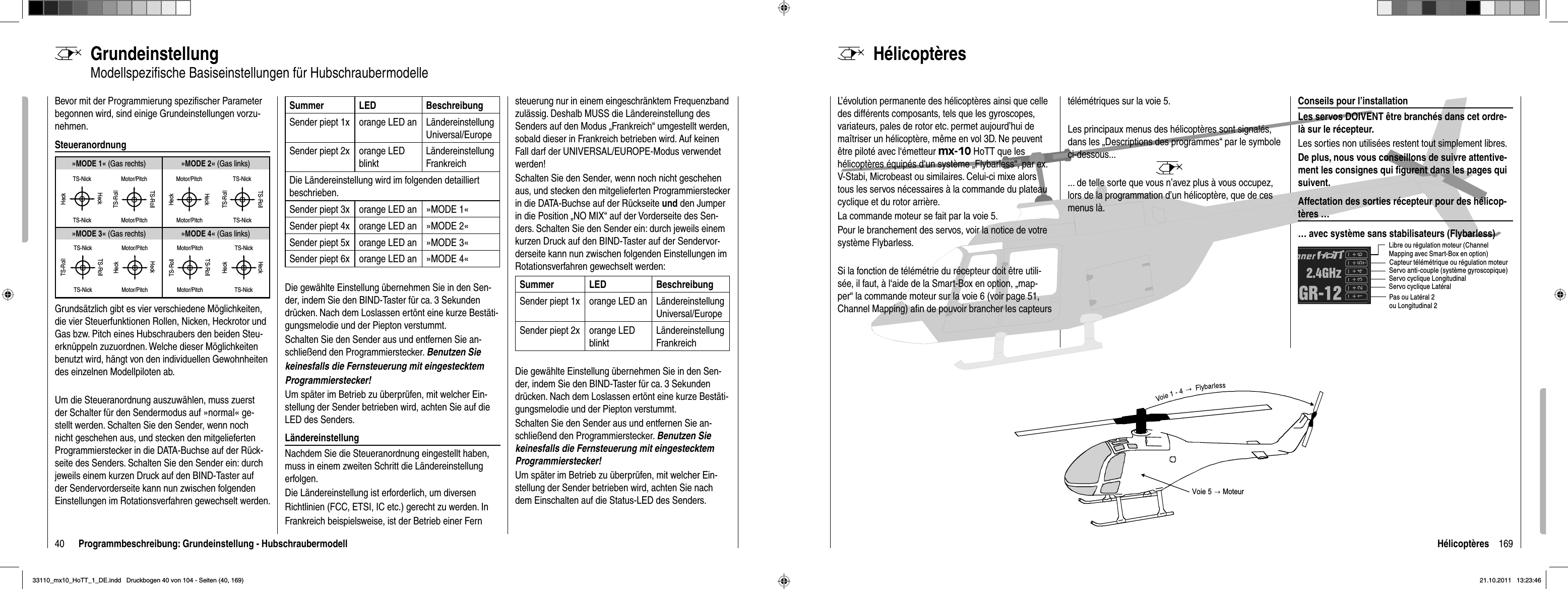 40 Programmbeschreibung: Grundeinstellung - HubschraubermodellGrundeinstellungModellspeziﬁ sche Basiseinstellungen für HubschraubermodelleBevor mit der Programmierung speziﬁ scher Parameter begonnen wird, sind einige Grundeinstellungen vorzu-nehmen. Steueranordnung»MODE 2« (Gas links)»MODE 3« (Gas rechts) »MODE 4« (Gas links)»MODE 1« (Gas rechts)TS-NickHeckTS-NickHeckMotor/PitchTS-RollTS-RollMotor/PitchHeckHeckMotor/Pitch Motor/PitchTS-NickTS-NickTS-RollTS-RollTS-NickTS-NickTS-RollTS-RollMotor/PitchMotor/PitchHeckHeckMotor/PitchMotor/PitchTS-RollTS-RollTS-NickTS-NickHeckHeckGrundsätzlich gibt es vier verschiedene Möglichkeiten, die vier Steuerfunktionen Rollen, Nicken, Heckrotor und Gas bzw. Pitch eines Hubschraubers den beiden Steu-erknüppeln zuzuordnen. Welche dieser Möglichkeiten benutzt wird, hängt von den individuellen Gewohnheiten des einzelnen Modellpiloten ab. Um die Steueranordnung auszuwählen, muss zuerst der Schalter für den Sendermodus auf »normal« ge-stellt werden. Schalten Sie den Sender, wenn noch nicht geschehen aus, und stecken den mitgelieferten Programmierstecker in die DATA-Buchse auf der Rück-seite des Senders. Schalten Sie den Sender ein: durch jeweils einem kurzen Druck auf den BIND-Taster auf der Sendervorderseite kann nun zwischen folgenden Einstellungen im Rotationsverfahren gewechselt werden.Summer LED BeschreibungSender piept 1x orange LED an Ländereinstellung Universal/Europe Sender piept 2x orange LED blinktLändereinstellungFrankreichDie Ländereinstellung wird im folgenden detailliert beschrieben.Sender piept 3x orange LED an »MODE 1«Sender piept 4x orange LED an »MODE 2«Sender piept 5x orange LED an »MODE 3«Sender piept 6x orange LED an »MODE 4«Die gewählte Einstellung übernehmen Sie in den Sen-der, indem Sie den BIND-Taster für ca. 3 Sekunden drücken. Nach dem Loslassen ertönt eine kurze Bestäti-gungsmelodie und der Piepton verstummt.Schalten Sie den Sender aus und entfernen Sie an-schließend den Programmierstecker. Benutzen Siekeinesfalls die Fernsteuerung mit eingestecktemProgrammierstecker!Um später im Betrieb zu überprüfen, mit welcher Ein-stellung der Sender betrieben wird, achten Sie auf die LED des Senders. LändereinstellungNachdem Sie die Steueranordnung eingestellt haben, muss in einem zweiten Schritt die Ländereinstellung erfolgen.Die Ländereinstellung ist erforderlich, um diversenRichtlinien (FCC, ETSI, IC etc.) gerecht zu werden. InFrankreich beispielsweise, ist der Betrieb einer Fernsteuerung nur in einem eingeschränktem Frequenzband zulässig. Deshalb MUSS die Ländereinstellung des Senders auf den Modus „Frankreich“ umgestellt werden, sobald dieser in Frankreich betrieben wird. Auf keinen Fall darf der UNIVERSAL/EUROPE-Modus verwendet werden!Schalten Sie den Sender, wenn noch nicht geschehen aus, und stecken den mitgelieferten Programmierstecker in die DATA-Buchse auf der Rückseite und den Jumper in die Position „NO MIX“ auf der Vorderseite des Sen-ders. Schalten Sie den Sender ein: durch jeweils einem kurzen Druck auf den BIND-Taster auf der Sendervor-derseite kann nun zwischen folgenden Einstellungen im Rotationsverfahren gewechselt werden:Summer LED BeschreibungSender piept 1x orange LED an Ländereinstellung Universal/Europe Sender piept 2x orange LED blinktLändereinstellungFrankreichDie gewählte Einstellung übernehmen Sie in den Sen-der, indem Sie den BIND-Taster für ca. 3 Sekunden drücken. Nach dem Loslassen ertönt eine kurze Bestäti-gungsmelodie und der Piepton verstummt. Schalten Sie den Sender aus und entfernen Sie an-schließend den Programmierstecker. Benutzen Sie keinesfalls die Fernsteuerung mit eingestecktem Programmierstecker!Um später im Betrieb zu überprüfen, mit welcher Ein-stellung der Sender betrieben wird, achten Sie nach dem Einschalten auf die Status-LED des Senders. 169HélicoptèresHélicoptèresL’évolution permanente des hélicoptères ainsi que celle des différents composants, tels que les gyroscopes, variateurs, pales de rotor etc. permet aujourd’hui de maîtriser un hélicoptère, même en vol 3D. Ne peuvent être piloté avec l‘émetteur mx-10 HoTT que les hélicoptères équipés d‘un système „Flybarless“, par ex. V-Stabi, Microbeast ou similaires. Celui-ci mixe alors tous les servos nécessaires à la commande du plateau cyclique et du rotor arrière. La commande moteur se fait par la voie 5.Pour le branchement des servos, voir la notice de votre système Flybarless.Si la fonction de télémétrie du récepteur doit être utili-sée, il faut, à l‘aide de la Smart-Box en option, „map-per“ la commande moteur sur la voie 6 (voir page 51, Channel Mapping) aﬁ n de pouvoir brancher les capteurs télémétriques sur la voie 5.Les principaux menus des hélicoptères sont signalés, dans les „Descriptions des programmes“ par le symbole ci-dessous...... de telle sorte que vous n’avez plus à vous occupez, lors de la programmation d’un hélicoptère, que de ces menus là.Conseils pour l’installationLes servos DOIVENT être branchés dans cet ordre-là sur le récepteur.Les sorties non utilisées restent tout simplement libres.De plus, nous vous conseillons de suivre attentive-ment les consignes qui ﬁ gurent dans les pages qui suivent.Affectation des sorties récepteur pour des hélicop-tères …… avec système sans stabilisateurs (Flybarless)Servo anti-couple (système gyroscopique)Servo cyclique LatéralServo cyclique LongitudinalCapteur télémétrique ou régulation moteurLibre ou régulation moteur (Channel Mapping avec Smart-Box en option)Pas ou Latéral 2ou Longitudinal 2Voie 5   Moteur33110_mx10_HoTT_1_DE.indd   Druckbogen 40 von 104 - Seiten (40, 169)33110_mx10_HoTT_1_DE.indd   Druckbogen 40 von 104 - Seiten (40, 169)21.10.2011   13:23:4621.10.2011   13:23:46