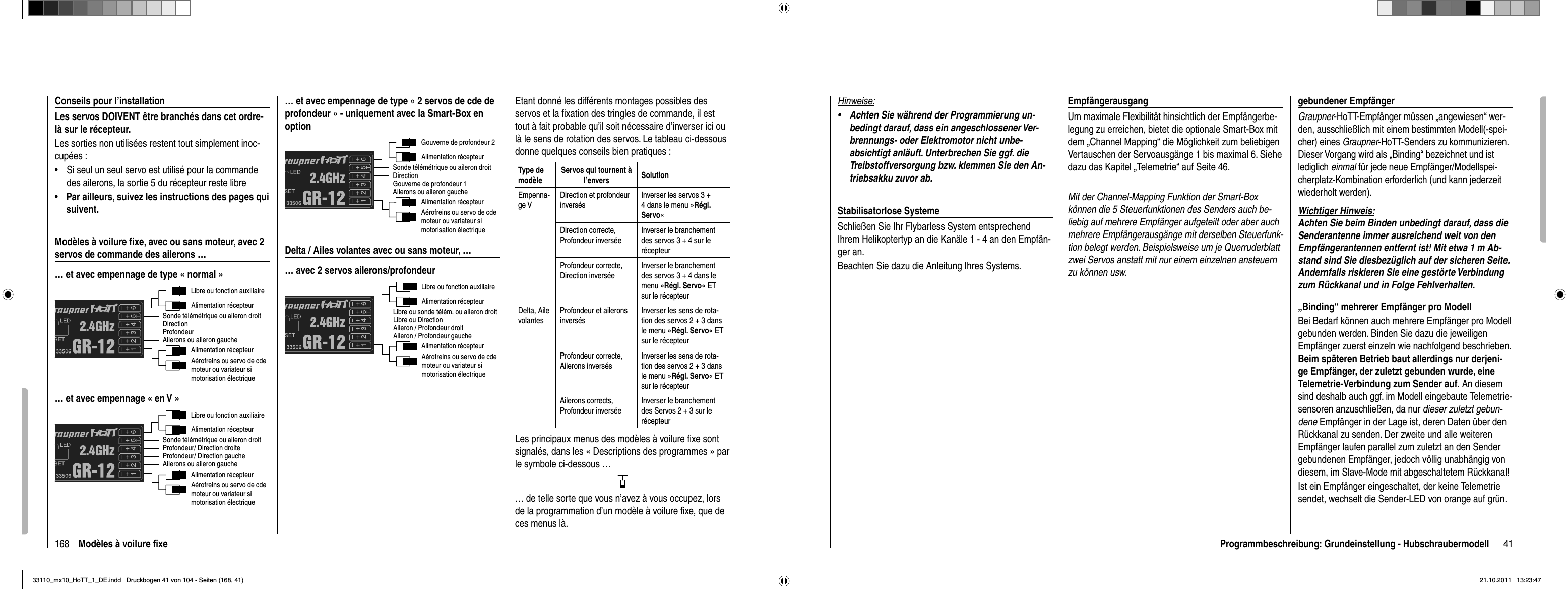 168 Modèles à voilure ﬁ xeConseils pour l’installationLes servos DOIVENT être branchés dans cet ordre-là sur le récepteur.Les sorties non utilisées restent tout simplement inoc-cupées : Si seul un seul servo est utilisé pour la commande •des ailerons, la sortie 5 du récepteur reste librePar ailleurs, suivez les instructions des pages qui •suivent.Modèles à voilure ﬁ xe, avec ou sans moteur, avec 2 servos de commande des ailerons …… et avec empennage de type « normal »Libre ou fonction auxiliaireDirectionAilerons ou aileron gaucheProfondeurSonde télémétrique ou aileron droitAlimentation récepteurAlimentation récepteurAérofreins ou servo de cdemoteur ou variateur si motorisation électrique… et avec empennage « en V »Libre ou fonction auxiliaireProfondeur/ Direction droiteAilerons ou aileron gaucheProfondeur/ Direction gaucheSonde télémétrique ou aileron droitAlimentation récepteurAlimentation récepteurAérofreins ou servo de cdemoteur ou variateur si motorisation électrique… et avec empennage de type « 2 servos de cde de profondeur » - uniquement avec la Smart-Box en optionGouverne de profondeur 2DirectionAilerons ou aileron gaucheGouverne de profondeur 1Sonde télémétrique ou aileron droitAlimentation récepteurAlimentation récepteurAérofreins ou servo de cdemoteur ou variateur si motorisation électriqueDelta / Ailes volantes avec ou sans moteur, …… avec 2 servos ailerons/profondeurLibre ou fonction auxiliaireLibre ou DirectionAileron / Profondeur gaucheAileron / Profondeur droitLibre ou sonde télém. ou aileron droitAlimentation récepteurAlimentation récepteurAérofreins ou servo de cdemoteur ou variateur si motorisation électriqueEtant donné les différents montages possibles des servos et la ﬁ xation des tringles de commande, il est tout à fait probable qu’il soit nécessaire d’inverser ici ou là le sens de rotation des servos. Le tableau ci-dessous donne quelques conseils bien pratiques :Type de modèleServos qui tournent à l’envers SolutionEmpenna-ge VDirection et profondeur inversésInverser les servos 3 + 4 dans le menu »Régl. Servo«Direction correcte, Profondeur inverséeInverser le branchement des servos 3 + 4 sur le récepteurProfondeur correcte,Direction inverséeInverser le branchement des servos 3 + 4 dans le menu »Régl. Servo« ET sur le récepteurDelta, Aile volantesProfondeur et ailerons inversésInverser les sens de rota-tion des servos 2 + 3 dans le menu »Régl. Servo« ET sur le récepteurProfondeur correcte, Ailerons inversésInverser les sens de rota-tion des servos 2 + 3 dans le menu »Régl. Servo« ET sur le récepteurAilerons corrects, Profondeur inverséeInverser le branchement des Servos 2 + 3 sur le récepteurLes principaux menus des modèles à voilure ﬁ xe sont signalés, dans les « Descriptions des programmes » par le symbole ci-dessous …… de telle sorte que vous n’avez à vous occupez, lors de la programmation d’un modèle à voilure ﬁ xe, que de ces menus là.41Programmbeschreibung: Grundeinstellung - HubschraubermodellHinweise:Achten Sie während der Programmierung un-•bedingt darauf, dass ein angeschlossener Ver-brennungs- oder Elektromotor nicht unbe-absichtigt anläuft. Unterbrechen Sie ggf. die Treibstoffversorgung bzw. klemmen Sie den An-triebsakku zuvor ab.Stabilisatorlose SystemeSchließen Sie Ihr Flybarless System entsprechend Ihrem Helikoptertyp an die Kanäle 1 - 4 an den Empfän-ger an. Beachten Sie dazu die Anleitung Ihres Systems. EmpfängerausgangUm maximale Flexibilität hinsichtlich der Empfängerbe-legung zu erreichen, bietet die optionale Smart-Box mit dem „Channel Mapping“ die Möglichkeit zum beliebigen Vertauschen der Servoausgänge 1 bis maximal 6. Siehe dazu das Kapitel „Telemetrie“ auf Seite 46.Mit der Channel-Mapping Funktion der Smart-Box können die 5 Steuerfunktionen des Senders auch be-liebig auf mehrere Empfänger aufgeteilt oder aber auch mehrere Empfängerausgänge mit derselben Steuerfunk-tion belegt werden. Beispielsweise um je Querruderblatt zwei Servos anstatt mit nur einem einzelnen ansteuern zu können usw.gebundener EmpfängerGraupner-HoTT-Empfänger müssen  „angewiesen“ wer-den, ausschließlich mit einem bestimmten Modell(-spei-cher) eines Graupner-HoTT-Senders zu kommunizieren. Dieser Vorgang wird als „Binding“ bezeichnet und ist lediglich einmal für jede neue Empfänger/Modellspei-cherplatz-Kombination erforderlich (und kann jederzeit wiederholt werden).Wichtiger Hinweis:Achten Sie beim Binden unbedingt darauf, dass die Senderantenne immer ausreichend weit von den Empfängerantennen entfernt ist! Mit etwa 1 m Ab-stand sind Sie diesbezüglich auf der sicheren Seite. Andernfalls riskieren Sie eine gestörte Verbindung zum Rückkanal und in Folge Fehlverhalten.„Binding“ mehrerer Empfänger pro ModellBei Bedarf können auch mehrere Empfänger pro Modell gebunden werden. Binden Sie dazu die jeweiligen Empfänger zuerst einzeln wie nachfolgend beschrieben. Beim späteren Betrieb baut allerdings nur derjeni-ge Empfänger, der zuletzt gebunden wurde, eine Telemetrie-Verbindung zum Sender auf. An diesem sind deshalb auch ggf. im Modell eingebaute Telemetrie-sensoren anzuschließen, da nur dieser zuletzt gebun-dene Empfänger in der Lage ist, deren Daten über den Rückkanal zu senden. Der zweite und alle weiteren Empfänger laufen parallel zum zuletzt an den Sender gebundenen Empfänger, jedoch völlig unabhängig von diesem, im Slave-Mode mit abgeschaltetem Rückkanal!Ist ein Empfänger eingeschaltet, der keine Telemetrie sendet, wechselt die Sender-LED von orange auf grün.33110_mx10_HoTT_1_DE.indd   Druckbogen 41 von 104 - Seiten (168, 41)33110_mx10_HoTT_1_DE.indd   Druckbogen 41 von 104 - Seiten (168, 41)21.10.2011   13:23:4721.10.2011   13:23:47