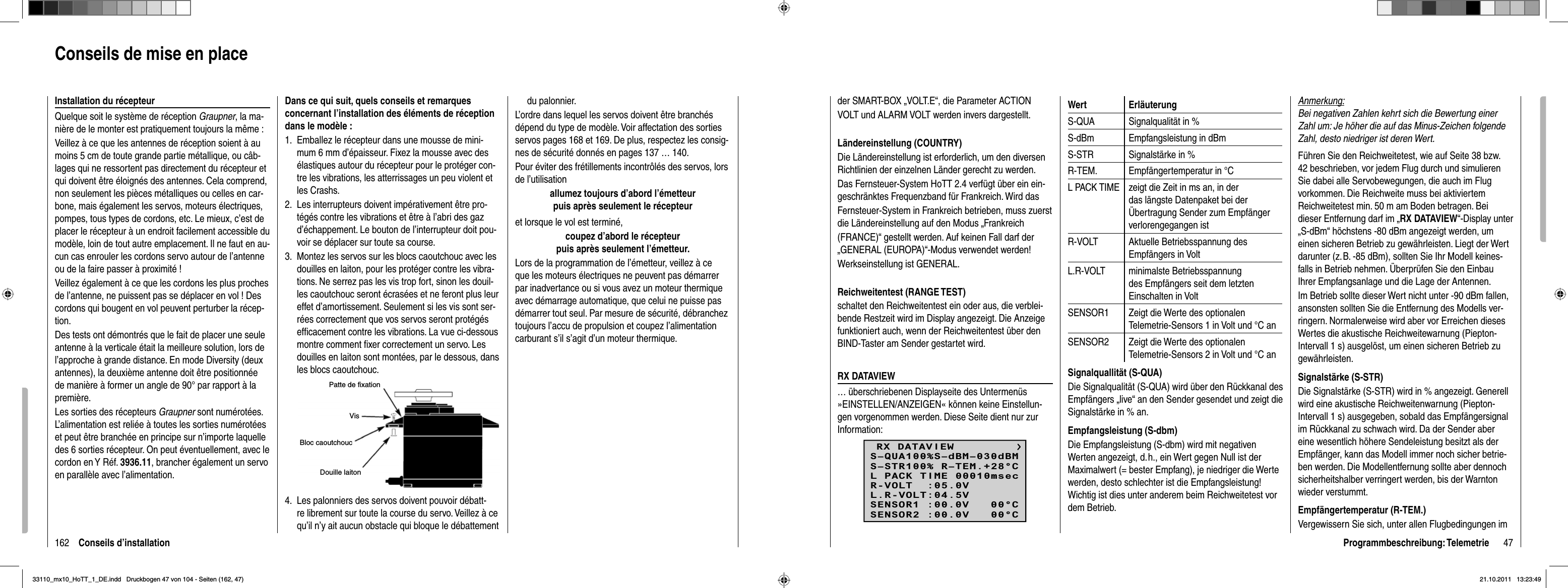 162 Conseils d’installationdu palonnier. L’ordre dans lequel les servos doivent être branchés dépend du type de modèle. Voir affectation des sorties servos pages 168 et 169. De plus, respectez les consig-nes de sécurité donnés en pages 137 … 140.Pour éviter des frétillements incontrôlés des servos, lors de l’utilisationallumez toujours d’abord l’émetteurpuis après seulement le récepteuret lorsque le vol est terminé,coupez d’abord le récepteurpuis après seulement l’émetteur.Lors de la programmation de l’émetteur, veillez à ce que les moteurs électriques ne peuvent pas démarrer par inadvertance ou si vous avez un moteur thermique avec démarrage automatique, que celui ne puisse pas démarrer tout seul. Par mesure de sécurité, débranchez toujours l’accu de propulsion et coupez l’alimentation carburant s’il s’agit d’un moteur thermique.Dans ce qui suit, quels conseils et remarques concernant l’installation des éléments de réception dans le modèle :Emballez le récepteur dans une mousse de mini-1. mum 6 mm d’épaisseur. Fixez la mousse avec des élastiques autour du récepteur pour le protéger con-tre les vibrations, les atterrissages un peu violent et les Crashs.Les interrupteurs doivent impérativement être pro-2. tégés contre les vibrations et être à l’abri des gaz d’échappement. Le bouton de l’interrupteur doit pou-voir se déplacer sur toute sa course.Montez les servos sur les blocs caoutchouc avec les 3. douilles en laiton, pour les protéger contre les vibra-tions. Ne serrez pas les vis trop fort, sinon les douil-les caoutchouc seront écrasées et ne feront plus leur effet d’amortissement. Seulement si les vis sont ser-rées correctement que vos servos seront protégés efﬁ cacement contre les vibrations. La vue ci-dessous montre comment ﬁ xer correctement un servo. Les douilles en laiton sont montées, par le dessous, dans les blocs caoutchouc.Patte de fixationVisBloc caoutchoucDouille laitonLes palonniers des servos doivent pouvoir débatt-4. re librement sur toute la course du servo. Veillez à ce qu’il n’y ait aucun obstacle qui bloque le débattement Conseils de mise en placeInstallation du récepteurQuelque soit le système de réception Graupner, la ma-nière de le monter est pratiquement toujours la même :Veillez à ce que les antennes de réception soient à au moins 5 cm de toute grande partie métallique, ou câb-lages qui ne ressortent pas directement du récepteur et qui doivent être éloignés des antennes. Cela comprend, non seulement les pièces métalliques ou celles en car-bone, mais également les servos, moteurs électriques, pompes, tous types de cordons, etc. Le mieux, c’est de placer le récepteur à un endroit facilement accessible du modèle, loin de tout autre emplacement. Il ne faut en au-cun cas enrouler les cordons servo autour de l’antenne ou de la faire passer à proximité !Veillez également à ce que les cordons les plus proches de l’antenne, ne puissent pas se déplacer en vol ! Des cordons qui bougent en vol peuvent perturber la récep-tion.Des tests ont démontrés que le fait de placer une seule antenne à la verticale était la meilleure solution, lors de l’approche à grande distance. En mode Diversity (deux antennes), la deuxième antenne doit être positionnée de manière à former un angle de 90° par rapport à la première.Les sorties des récepteurs Graupner sont numérotées. L’alimentation est reliée à toutes les sorties numérotées et peut être branchée en principe sur n’importe laquelle des 6 sorties récepteur. On peut éventuellement, avec le cordon en Y Réf. 3936.11, brancher également un servo en parallèle avec l’alimentation. 47Programmbeschreibung: Telemetrieder SMART-BOX „VOLT.E“, die Parameter ACTIONVOLT und ALARM VOLT werden invers dargestellt.Ländereinstellung (COUNTRY)Die Ländereinstellung ist erforderlich, um den diversen Richtlinien der einzelnen Länder gerecht zu werden.Das Fernsteuer-System HoTT 2.4 verfügt über ein ein-geschränktes Frequenzband für Frankreich. Wird dasFernsteuer-System in Frankreich betrieben, muss zuerst die Ländereinstellung auf den Modus „Frankreich(FRANCE)“ gestellt werden. Auf keinen Fall darf der „GENERAL (EUROPA)“-Modus verwendet werden!Werkseinstellung ist GENERAL.Reichweitentest (RANGE TEST)schaltet den Reichweitentest ein oder aus, die verblei-bende Restzeit wird im Display angezeigt. Die Anzeige funktioniert auch, wenn der Reichweitentest über den BIND-Taster am Sender gestartet wird. RX DATAVIEW… überschriebenen Displayseite des Untermenüs »EINSTELLEN/ANZEIGEN« können keine Einstellun-gen vorgenommen werden. Diese Seite dient nur zur Information:RX DATAVIEWS–STR100% R–TEM.+28°CL PACK TIME 00010msecR-VOLT  :05.0VL.R-VOLT:04.5VS–QUA100%S–dBM–030dBMSENSOR1 :00.0V   00°CSENSOR2 :00.0V   00°CWert ErläuterungS-QUA Signalqualität in %S-dBm Empfangsleistung in dBmS-STR Signalstärke in %R-TEM. Empfängertemperatur in °CL PACK TIME zeigt die Zeit in ms an, in der das längste Datenpaket bei der Übertragung Sender zum Empfänger verlorengegangen istR-VOLT Aktuelle Betriebsspannung des Empfängers in VoltL.R-VOLT minimalste Betriebsspannung des Empfängers seit dem letzten Einschalten in VoltSENSOR1 Zeigt die Werte des optionalen Telemetrie-Sensors 1 in Volt und °C anSENSOR2 Zeigt die Werte des optionalen Telemetrie-Sensors 2 in Volt und °C anSignalquallität (S-QUA)Die Signalqualität (S-QUA) wird über den Rückkanal des Empfängers „live“ an den Sender gesendet und zeigt die Signalstärke in % an.Empfangsleistung (S-dbm)Die Empfangsleistung (S-dbm) wird mit negativen Werten angezeigt, d. h., ein Wert gegen Null ist der Maximalwert (= bester Empfang), je niedriger die Werte werden, desto schlechter ist die Empfangsleistung! Wichtig ist dies unter anderem beim Reichweitetest vor dem Betrieb.Anmerkung:Bei negativen Zahlen kehrt sich die Bewertung einer Zahl um: Je höher die auf das Minus-Zeichen folgende Zahl, desto niedriger ist deren Wert. Führen Sie den Reichweitetest, wie auf Seite 38 bzw. 42 beschrieben, vor jedem Flug durch und simulieren Sie dabei alle Servobewegungen, die auch im Flug vorkommen. Die Reichweite muss bei aktiviertem Reichweitetest min. 50 m am Boden betragen. Bei dieser Entfernung darf im „RX DATAVIEW“-Display unter „S-dBm“ höchstens -80 dBm angezeigt werden, um einen sicheren Betrieb zu gewährleisten. Liegt der Wert darunter (z. B. -85 dBm), sollten Sie Ihr Modell keines-falls in Betrieb nehmen. Überprüfen Sie den Einbau Ihrer Empfangsanlage und die Lage der Antennen.Im Betrieb sollte dieser Wert nicht unter -90 dBm fallen, ansonsten sollten Sie die Entfernung des Modells ver-ringern. Normalerweise wird aber vor Erreichen dieses Wertes die akustische Reichweitewarnung (Piepton-Intervall 1 s) ausgelöst, um einen sicheren Betrieb zu gewährleisten.Signalstärke (S-STR)Die Signalstärke (S-STR) wird in % angezeigt. Generell wird eine akustische Reichweitenwarnung (Piepton-Intervall 1 s) ausgegeben, sobald das Empfängersignal im Rückkanal zu schwach wird. Da der Sender aber eine wesentlich höhere Sendeleistung besitzt als der Empfänger, kann das Modell immer noch sicher betrie-ben werden. Die Modellentfernung sollte aber dennoch sicherheitshalber verringert werden, bis der Warnton wieder verstummt.Empfängertemperatur (R-TEM.)Vergewissern Sie sich, unter allen Flugbedingungen im 33110_mx10_HoTT_1_DE.indd   Druckbogen 47 von 104 - Seiten (162, 47)33110_mx10_HoTT_1_DE.indd   Druckbogen 47 von 104 - Seiten (162, 47)21.10.2011   13:23:4921.10.2011   13:23:49