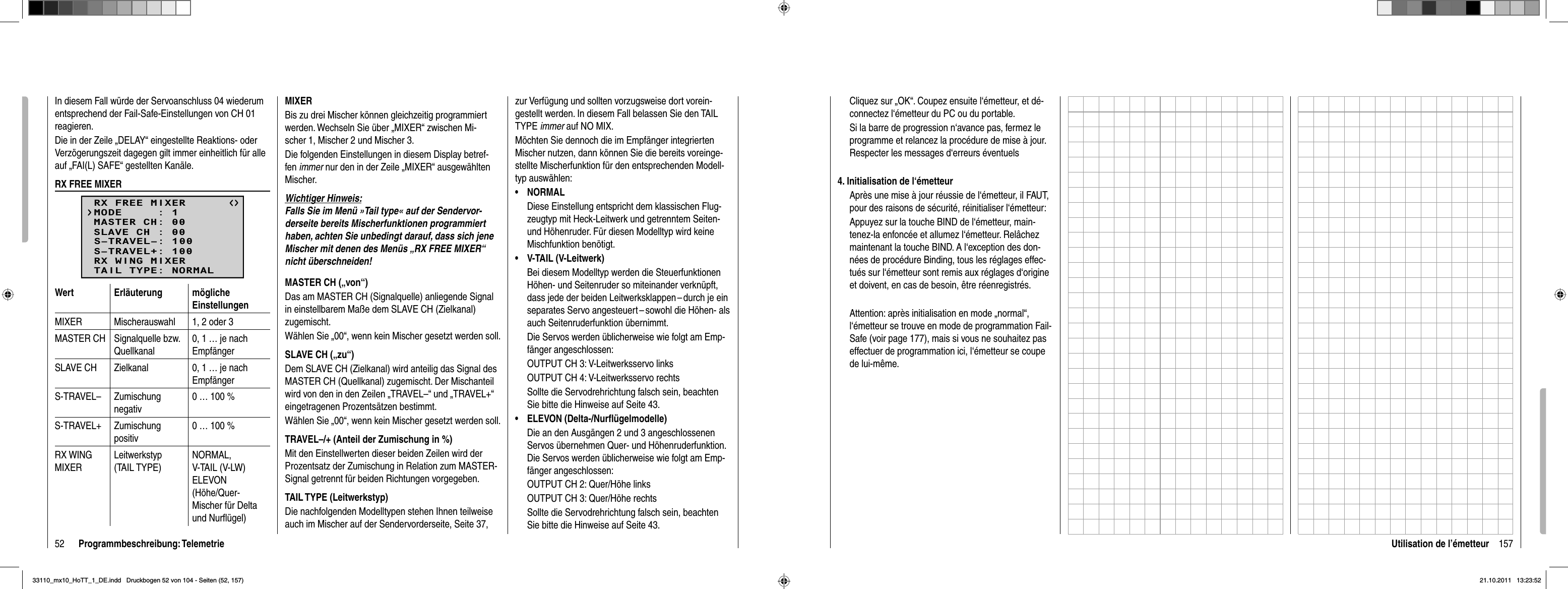 52 Programmbeschreibung: TelemetrieIn diesem Fall würde der Servoanschluss 04 wiederum entsprechend der Fail-Safe-Einstellungen von CH 01 reagieren.Die in der Zeile „DELAY“ eingestellte Reaktions- oder Verzögerungszeit dagegen gilt immer einheitlich für alle auf „FAI(L) SAFE“ gestellten Kanäle.RX FREE MIXERRX FREE MIXERMASTER CH: 00SLAVE CH : 00S–TRAVEL–: 100S–TRAVEL+: 100MODE     : 1RX WING MIXERTAIL TYPE: NORMALWert Erläuterung möglicheEinstellungenMIXER Mischerauswahl 1, 2 oder 3MASTER CH Signalquelle bzw. Quellkanal0, 1 … je nach EmpfängerSLAVE CH Zielkanal 0, 1 … je nach EmpfängerS-TRAVEL– Zumischung negativ0 … 100 %S-TRAVEL+ Zumischung positiv0 … 100 %RX WING MIXERLeitwerkstyp (TAIL TYPE)NORMAL,V-TAIL (V-LW)ELEVON (Höhe/Quer-Mischer für Delta und Nurﬂ ügel)MIXERBis zu drei Mischer können gleichzeitig programmiert werden. Wechseln Sie über „MIXER“ zwischen Mi-scher 1, Mischer 2 und Mischer 3.Die folgenden Einstellungen in diesem Display betref-fen immer nur den in der Zeile „MIXER“ ausgewählten Mischer.Wichtiger Hinweis:Falls Sie im Menü »Tail type« auf der Sendervor-derseite bereits Mischerfunktionen programmiert haben, achten Sie unbedingt darauf, dass sich jene Mischer mit denen des Menüs „RX FREE MIXER“ nicht überschneiden!MASTER CH („von“)Das am MASTER CH (Signalquelle) anliegende Signal in einstellbarem Maße dem SLAVE CH (Zielkanal) zugemischt. Wählen Sie „00“, wenn kein Mischer gesetzt werden soll.SLAVE CH („zu“)Dem SLAVE CH (Zielkanal) wird anteilig das Signal des MASTER CH (Quellkanal) zugemischt. Der Misch anteil wird von den in den Zeilen „TRAVEL–“ und „TRAVEL+“ eingetragenen Prozentsätzen bestimmt.Wählen Sie „00“, wenn kein Mischer gesetzt werden soll.TRAVEL–/+ (Anteil der Zumischung in %)Mit den Einstellwerten dieser beiden Zeilen wird der Prozentsatz der Zumischung in Relation zum MASTER-Signal getrennt für beiden Richtungen vorgegeben.TAIL TYPE (Leitwerkstyp)Die nachfolgenden Modelltypen stehen Ihnen teilweise auch im Mischer auf der Sendervorderseite, Seite 37, zur Verfügung und sollten vorzugsweise dort vorein-gestellt werden. In diesem Fall belassen Sie den TAIL TYPE immer auf NO MIX.Möchten Sie dennoch die im Empfänger inte grier ten Mischer nutzen, dann können Sie die bereits voreinge-stellte Mischerfunktion für den entsprechenden Modell-typ auswählen:NORMAL• Diese Einstellung entspricht dem klassischen Flug-zeugtyp mit Heck-Leitwerk und getrenntem Seiten- und Höhenruder. Für diesen Modelltyp wird keine Mischfunktion benötigt.V-TAIL (V-Leitwerk)•Bei diesem Modelltyp werden die Steuerfunktionen Höhen- und Seitenruder so miteinander verknüpft, dass jede der beiden Leitwerksklappen – durch je ein separates Servo angesteuert – sowohl die Höhen- als auch Seitenruderfunktion übernimmt. Die Servos werden üblicherweise wie folgt am Emp-fänger angeschlossen:OUTPUT CH 3: V-Leitwerksservo linksOUTPUT CH 4: V-Leitwerksservo rechtsSollte die Servodrehrichtung falsch sein, beachten Sie bitte die Hinweise auf Seite 43.ELEVON (Delta-/Nurﬂ ügelmodelle)•Die an den Ausgängen 2 und 3 angeschlossenen Servos übernehmen Quer- und Höhenruderfunktion. Die Servos werden üblicherweise wie folgt am Emp-fänger angeschlossen:OUTPUT CH 2: Quer/Höhe linksOUTPUT CH 3: Quer/Höhe rechtsSollte die Servodrehrichtung falsch sein, beachten Sie bitte die Hinweise auf Seite 43.157Utilisation de l’émetteurCliquez sur „OK“. Coupez ensuite l‘émetteur, et dé-connectez l‘émetteur du PC ou du portable.Si la barre de progression n‘avance pas, fermez le programme et relancez la procédure de mise à jour. Respecter les messages d‘erreurs éventuels4. Initialisation de l‘émetteurAprès une mise à jour réussie de l‘émetteur, il FAUT, pour des raisons de sécurité, réinitialiser l‘émetteur:Appuyez sur la touche BIND de l‘émetteur, main-tenez-la enfoncée et allumez l‘émetteur. Relâchez maintenant la touche BIND. A l‘exception des don-nées de procédure Binding, tous les réglages effec-tués sur l‘émetteur sont remis aux réglages d‘origine et doivent, en cas de besoin, être réenregistrés.Attention: après initialisation en mode „normal“, l‘émetteur se trouve en mode de programmation Fail-Safe (voir page 177), mais si vous ne souhaitez pas effectuer de programmation ici, l‘émetteur se coupe de lui-même. 33110_mx10_HoTT_1_DE.indd   Druckbogen 52 von 104 - Seiten (52, 157)33110_mx10_HoTT_1_DE.indd   Druckbogen 52 von 104 - Seiten (52, 157)21.10.2011   13:23:5221.10.2011   13:23:52